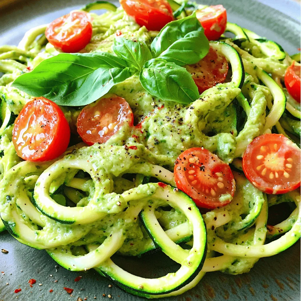 - 4 medium zucchinis, spiralized - 1 ripe avocado, pitted and peeled - 1 cup fresh basil leaves - 2 tablespoons lemon juice - 1/4 cup walnuts (or pine nuts) - 1 garlic clove, minced - 1/4 teaspoon red pepper flakes - 2 tablespoons olive oil - Salt and pepper to taste - Cherry tomatoes, halved - Fresh basil leaves for garnish When I prepare zucchini noodles with pesto, I start with fresh, vibrant ingredients. Zucchini makes a great base. It's low in carbs and full of water, keeping the dish light. I love to spiralize the zucchinis. It gives them a fun shape that looks great on the plate. The avocado adds a creamy texture and healthy fats. I always pick a ripe avocado for the best flavor. Fresh basil leaves are key for a bright taste. They add a lovely green color, too. For a nutty twist, I often use walnuts or pine nuts. They add crunch and depth. A little garlic brings warmth to the pesto. If you like some heat, red pepper flakes work well. I finish with olive oil for richness. I use salt and pepper to taste. Cherry tomatoes add freshness and color. I also add extra basil leaves on top for garnish. Each ingredient plays a role in creating a dish that is both flavorful and healthy. You can find the full recipe to guide you through the steps and ratios for perfecting this dish. 1. Spiralizing the zucchinis: Start by spiralizing the zucchinis. Use a spiralizer or a julienne peeler. This gives you long, noodle-like strands that look fun and appetizing. 2. Salting to draw out moisture: Place the spiralized noodles in a colander. Sprinkle a little salt over them. Let them sit for about 10 minutes. This step helps to draw out extra moisture. After that, pat them dry with a paper towel. This keeps your dish from getting soggy. 1. Blending ingredients in a food processor: In a food processor, combine the ripe avocado, fresh basil leaves, lemon juice, walnuts, and minced garlic. If you like a kick, add red pepper flakes too. Blend all the ingredients until smooth. 2. Adjusting consistency with water: If the pesto feels too thick, add a splash of water. This helps to achieve your desired consistency. Taste it and season with salt and pepper as needed. 1. Sautéing noodles for the right texture: Heat a large skillet over medium heat. Add the zucchini noodles and sauté them for about 2 to 3 minutes. You want them tender but still slightly crisp. 2. Combining noodles with pesto: Remove the skillet from heat. Pour the avocado pesto over the zucchini noodles. Toss gently to coat the noodles evenly with the pesto. Now, you can serve your flavorful zucchini noodles with pesto. You can garnish them with halved cherry tomatoes and fresh basil leaves. This adds a nice pop of color and flavor. For the complete recipe, check out the Full Recipe. To avoid soggy noodles, start by salting the zucchini. After spiralizing, place the noodles in a colander. Sprinkle them lightly with salt and let them sit for about 10 minutes. This draws out excess moisture. Afterward, pat them dry with a paper towel. This step keeps the noodles firm and tasty. For a great spiralizer, I recommend a handheld or countertop model. Some popular brands are Paderno and OXO. They are easy to use and make perfect noodles. Choose one that feels good in your hands. If you want to switch it up, try different nuts in your pesto. Instead of walnuts, use almonds or cashews. They both add a nice crunch. You can also skip the nuts for a nut-free option. For extra flavor, consider adding spinach or arugula to your pesto blend. They add a nice green color and boost nutrition. A little lemon zest also brightens the flavor. This dish pairs well with grilled chicken or shrimp. You can also serve it with crusty bread for a complete meal. For a vegetarian option, add chickpeas for protein. When plating, twist the zucchini noodles into a nest shape. This makes the dish look fancy. Top with halved cherry tomatoes and fresh basil for color. These small touches will impress your guests! {{image_2}} You can switch out the pesto for many other sauces. A creamy alfredo or marinara works great. You can also try a simple garlic and oil mix for a lighter taste. If you're looking for a vegan option for pesto, try blending cashews, spinach, and lemon juice. This gives a fresh twist and keeps it plant-based. Adding proteins can make this dish more filling. You can toss in cooked chicken or shrimp for a hearty meal. If you want a plant-based option, try adding tofu. Just cube the tofu and sauté it until golden. This will add texture and flavor to your zucchini noodles. Using seasonal veggies can elevate your dish. Bell peppers, cherry tomatoes, or spinach can all fit well. You can also use squash or carrots for added crunch. Adapting to seasonal flavors keeps your meal fresh and exciting. Enjoy the variety that each season brings to your plate! For the full recipe, check out Zesty Zucchini Noodles with Avocado Pesto. To keep your zucchini noodles with pesto fresh, store them in an airtight container. This method keeps out air and moisture. Place the noodles in the fridge right after serving. Use them within two days for the best taste. You can also layer the pesto on top to prevent browning. You can freeze pesto separately for longer storage. Pour it into an ice cube tray and freeze. Once solid, transfer the cubes to a freezer bag. For the zucchini noodles, it's best to freeze them uncooked. Lay the noodles flat in a freezer bag, remove air, and seal. They can last up to three months in the freezer. Reheat zucchini noodles gently to avoid mushiness. Use a skillet over low heat for best results. Heat for just a couple of minutes until warm. If they seem dry, add a splash of olive oil. This helps keep the texture nice. You can also briefly microwave them, but keep the time short. To spiralize zucchini, you need a spiralizer. It's simple to use. Just follow these tips: - Cut the ends off each zucchini. - Secure the zucchini in the spiralizer. - Twist to create noodles. - If you don’t have a spiralizer, you can use a julienne peeler. It works well too. Yes, you can prepare this dish ahead of time. Here are some tips: - Spiralize the zucchini and store it in the fridge for a day. - Make the pesto and keep it in an airtight container. - When ready to eat, sauté the noodles and mix in the pesto. Adjusting flavors is easy. If you make it ahead, taste the dish before serving. You may want to add a bit of lemon juice to brighten the flavors. Absolutely! This recipe is great for meal prep. To portion the dish: - Divide the zucchini noodles and pesto into meal containers. - Store them separately to keep the noodles crisp. - This way, you have meals ready for the week. For storage, keep it in the fridge for up to five days. Remember to check the freshness before eating. For more details, check the Full Recipe. This blog post shared a simple recipe for zucchini noodles with avocado pesto. We covered the ingredients, preparation steps, and helpful tips to get perfect results. You can even explore variations like adding proteins or changing sauces. Remember, storing leftovers well helps keep your dish fresh. Enjoy experimenting with this recipe for tasty, healthy meals. With practice, you'll master it quickly!