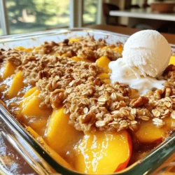 - 4 large ripe peaches, peeled and sliced - 1 tablespoon lemon juice - 1 cup rolled oats - 1/2 cup all-purpose flour - 1/2 cup brown sugar, packed - 1/2 teaspoon ground cinnamon - 1/4 teaspoon nutmeg - 1/4 teaspoon salt - 1/3 cup unsalted butter, melted - 1/2 cup chopped walnuts (optional) - Vanilla ice cream or whipped cream, for serving (optional) For this peach crisp, fresh ingredients shine. Start with ripe peaches. They give the best taste and texture. The lemon juice adds a nice zing. It helps keep the peaches bright and fresh. Next, we move to the dry topping mix. Rolled oats give a hearty crunch. The all-purpose flour binds it all together. Brown sugar sweetens the mix, while cinnamon and nutmeg add warmth. Salt balances the flavors perfectly. Lastly, melted unsalted butter brings the topping to life. If you want more crunch, add walnuts. They give an extra layer of flavor. You can serve this peach crisp warm. Top it with vanilla ice cream or whipped cream for a treat. For the full recipe, check out the Peachy Delight Crisp. First, preheat your oven to 350°F (175°C). This step is key for even baking. While the oven heats up, prepare your peaches. Take four large ripe peaches, peel, and slice them into thin pieces. Next, place the peach slices in a bowl. Add one tablespoon of lemon juice and toss them gently. The lemon juice keeps the peaches fresh and bright. Now, it’s time to assemble your crisp. Grease a 9-inch baking dish with some butter. Spread the peach slices evenly in the dish. In another bowl, mix the dry ingredients for the topping. You will need one cup of rolled oats, half a cup of all-purpose flour, half a cup of brown sugar, half a teaspoon of ground cinnamon, a quarter teaspoon of nutmeg, and a quarter teaspoon of salt. Stir these together well. Next, pour in one-third cup of melted unsalted butter. Mix until the topping looks like coarse crumbs. If you want some extra crunch, fold in half a cup of chopped walnuts at this point. Sprinkle the oat topping evenly over the peach layer in the baking dish. This way, every bite will have that delicious oat crunch. Place the dish in the preheated oven. Bake for 30-35 minutes. Look for a golden brown top and bubbly fruit. This signals that your peach crisp is ready to enjoy! Once baked, let it cool a bit before serving. Enjoy your delightful peach crisp with a scoop of vanilla ice cream or whipped cream for that extra treat! To make the best peach crisp, use ripe peaches. They give great flavor and sweetness. If your peaches are very sweet, you might need less sugar. Taste them first to adjust the sugar to your liking. Check for doneness by looking for a golden top. You should also see the fruit bubbling. This means your crisp is ready. After baking, let it cool slightly. This helps the flavors blend well before serving. Serve your peach crisp warm. It tastes amazing with a scoop of vanilla ice cream or a dollop of whipped cream. For a fresh twist, pair it with a fruit salad. This adds bright flavors to the meal. Enjoy your delicious peach crisp! You can find the full recipe here: [Full Recipe]. {{image_2}} You can have fun with the fruit in your peach crisp. If you want a change, try nectarines instead of peaches. Both fruits taste great when baked. You can also mix in some berries. Blueberries or raspberries add a nice color and flavor. Another tasty option is to add summer fruits like cherries. They bring a sweet and tart balance to the dish. If you need a gluten-free version, swap all-purpose flour for almond flour. This keeps the crisp tasty and safe for those with gluten allergies. For a dairy-free option, use coconut oil instead of butter. It gives a nice flavor and keeps the topping crunchy. To boost the flavor, add a splash of vanilla or almond extract to the peach filling. This simple trick makes the dish smell and taste amazing. You can also add extra spices to the topping. A pinch of ginger gives it a warm kick. Try these tweaks to make your crisp even better. For the full recipe, check out the Peachy Delight Crisp. After you bake your peach crisp, let it cool down. This step is key! Once cool, cover the dish. Place it in an airtight container. You can store it in the fridge for up to 3 days. This keeps the crisp fresh and tasty. If you want to keep it longer, freeze your leftovers. Use an airtight container for freezing. Your peach crisp can last in the freezer for up to 2 months. When you want to eat it, the oven is your best friend for reheating. It helps keep that perfect texture. To thaw, move the frozen crisp to the fridge. Let it sit overnight. This makes sure it's ready to reheat. When you’re ready to enjoy it, preheat your oven to 350°F. Reheat until warmed through. This will make it taste just like fresh! Using canned peaches is possible. Just remember to drain and pat them dry. This helps avoid excess moisture in your peach crisp. Canned peaches can be sweet, so you might want to adjust the sugar in the recipe. This way, your dish stays balanced and delicious. To check if your crisp is done, look for a golden brown topping. You should also see juices bubbling up from the peaches. This means the fruit is soft and ready to eat. If it's not bubbly, give it a few more minutes in the oven. Yes, you can prepare the peach crisp a day before. Just cover it and store it in the fridge. When you are ready to serve, bake it just before you want to enjoy it. This makes it easy for gatherings or busy nights. If you don’t want to use walnuts, that’s okay! You can swap in pecans or almonds for a different crunch. If you prefer a nut-free version, simply leave them out. Your crisp will still taste great without them. This blog post covered how to make a delicious peach crisp. We went over fresh peaches, dry ingredients for the topping, and additional components. I shared easy steps for prepping, assembling, and baking your dessert to perfection. Remember, you can customize it with different fruits or dietary swaps. Finally, store leftovers properly to enjoy them later. With these tips, you’ll have a tasty treat that everyone will love. Enjoy your baking adventure!