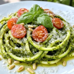 - 4 medium zucchinis - 2 cups fresh basil leaves - 1/2 cup pine nuts - 1/2 cup grated Parmesan cheese - 2 cloves garlic - 1/2 cup extra-virgin olive oil - Salt and pepper - Cherry tomatoes, halved - Fresh basil leaves Creating Zucchini Noodles with Pesto starts with fresh ingredients. The zucchinis should be medium-sized and firm. I like to spiralize them for fun, noodle-like shapes. Use a spiralizer for this task. It’s easy and quick. Next, fresh basil is key for the pesto. I choose vibrant green leaves for the best taste. Pine nuts add a nice crunch. I toast them lightly for extra flavor. Grated Parmesan cheese offers a salty richness. If you want a vegan option, use nutritional yeast instead. You also need garlic. It brings a bold taste to the pesto. Finally, extra-virgin olive oil smooths out the sauce. It gives a silky texture, which makes the dish shine. For seasoning, keep it simple. Just add salt and pepper to taste. Cherry tomatoes add a pop of color. They have a sweet flavor that pairs well with the pesto. Fresh basil leaves are perfect as a garnish, adding freshness to the plate. For the full recipe, check out the section titled Zesty Zucchini Noodles with Fresh Basil Pesto. To start, you need to spiralize the zucchinis. A spiralizer makes this easy. Cut off the ends and secure them in the tool. Turn the handle to create long, noodle-like strands. You want about four medium zucchinis for this dish. After spiralizing, it's time to drain excess moisture. Place the zucchini noodles in a colander. Sprinkle some salt on top. Let them sit for about 10 minutes. This step helps remove extra water and keeps your dish from becoming soggy. Next, we will make the pesto sauce. In a food processor, add the fresh basil leaves, toasted pine nuts, grated Parmesan cheese, and garlic cloves. Blend these ingredients until they are finely chopped. You want a nice mix of flavors. Now, emulsify the pesto. Keep the food processor running, and slowly drizzle in the extra-virgin olive oil. This helps create a smooth paste. If your pesto is too thick, add a splash of water. Season with salt and pepper to taste. Now it’s time to cook the zucchini noodles. Heat a large skillet over medium heat. Add the drained zucchini noodles to the skillet. Sauté them for about 2-3 minutes. You want them slightly soft but still crunchy. Once cooked, remove the skillet from heat. Toss the warm zucchini noodles with the pesto until they are well coated. This step ensures every bite is full of flavor. For the full recipe, check out the section above. Choosing the right zucchini Pick firm zucchinis with smooth skin. Look for ones that feel heavy for their size. This means they have good moisture and flavor. Avoid large zucchinis as they can be watery and have large seeds. Adjusting sauté time for texture Sauté zucchini noodles briefly. Aim for 2 to 3 minutes in a hot skillet. This keeps them tender yet crunchy. Overcooking can turn them mushy, which we want to avoid. Adding more herbs or nuts You can boost your pesto by adding more fresh herbs. Try parsley or cilantro for a twist. If you want a richer taste, toss in more pine nuts or even walnuts. Vegan alternatives for Parmesan For a vegan option, use nutritional yeast instead of Parmesan. It gives a cheesy flavor without dairy. You can also skip the cheese and add more nuts for creaminess. Garnishing suggestions Garnish with halved cherry tomatoes for color. Fresh basil leaves on top make it look vibrant. A sprinkle of extra pine nuts adds a nice crunch. Serving options for a beautiful plate Serve the dish in a large bowl for family style. You can also plate individual portions for a fancy touch. Pair with a simple side salad to complete the meal. For the full recipe, check out the Zesty Zucchini Noodles with Fresh Basil Pesto. {{image_2}} You can easily boost this dish with protein. Grilled chicken or shrimp adds a tasty touch. Just cook them until they are golden brown. Slice them and mix them in with your noodles. For a vegetarian option, use tofu. Press the tofu to remove water, then cube it. Pan-fry the cubes until crispy, and toss them with your zucchini noodles. While classic pesto is great, you can try other sauces too. Different pesto variations can add fun flavors. You might mix in sun-dried tomatoes or arugula for a twist. Another option is a creamy avocado sauce. Just blend ripe avocados with lime juice and garlic until smooth. This gives a rich and fresh taste. You can make your dish even more colorful with extra veggies. Think bell peppers, carrots, or spinach. These add crunch and nutrients. For low-carb pasta alternatives, consider spaghetti squash or konjac noodles. These options keep your meal light and healthy while still being satisfying. Explore these variations to make your zucchini noodles with pesto new each time! For the full recipe, check out the details above. To keep your zucchini noodles and pesto fresh, store them well. If you have leftovers, put them in an airtight container. Make sure to refrigerate them right away. This keeps them safe and tasty. For fresh ingredients, like zucchini and basil, store them in separate containers. This prevents moisture from ruining their texture. You can freeze zucchini noodles, but it’s best to use them fresh. If you want to freeze them, first blanch them in hot water for a couple of minutes. Then cool them in ice water. Drain and place them in freezer bags. For pesto, pour it into ice cube trays and freeze. Once solid, pop out the cubes and store them in bags. This way, you can use just what you need later. Reheating zucchini noodles needs care. Use a skillet over low heat to warm them gently. This keeps their crunch. For pesto, you can warm it in a small pot. Stir it slowly on low heat. This helps maintain its smooth texture and bright flavor. Avoid the microwave, as it can make the noodles soggy. To spiralize zucchini, you need a spiralizer. This tool turns zucchini into long, noodle-like strands. You can also use a vegetable peeler or julienne tool for thinner noodles. Start by trimming the ends of the zucchini. Place it in the spiralizer and twist to create noodles. Yes, you can use store-bought pesto. It saves time and effort. Store-bought options often taste good, but they may lack freshness. Homemade pesto usually has brighter flavors. Plus, you control the ingredients when you make it yourself. Yes, zucchini noodles are gluten-free. They are a great alternative to traditional pasta. This makes them perfect for those with gluten sensitivities. Zucchini is low in carbs and high in vitamins. It is light and refreshing, making it a healthy choice. Zucchini noodles pair well with many dishes. You can serve them with grilled chicken or shrimp for protein. A side salad complements the meal nicely too. Roasted vegetables or crusty bread also make great sides. Explore different options to create a complete meal. Check out the Full Recipe for more ideas! Zucchini noodles are a fun and healthy twist on pasta. We explored fresh ingredients, step-by-step instructions, and tips for perfecting your dish. You can customize with proteins or alternative sauces to match your taste. Remember to store leftovers right to keep them fresh. Enjoy experimenting with this versatile meal that’s both tasty and simple. Your kitchen can be a place of creativity with these ideas.