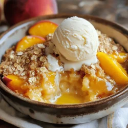 To make a tasty Peach Cobbler Dump Cake, gather these main items: - 2 cans (15 oz each) sliced peaches in syrup, drained - 1 cup brown sugar - 1 teaspoon cinnamon - 1 box yellow cake mix (15.25 oz) - 1 cup unsalted butter, melted (2 sticks) These ingredients provide a sweet and rich flavor. The peaches give a juicy base, while the cake mix forms a soft topping. For a little crunch, consider adding: - 1 cup oats Oats create a delightful texture. They add a chewy bite that balances the soft peaches. When it’s time to serve, here’s what I recommend: - Serve warm in bowls - Add a scoop of vanilla ice cream or a dollop of whipped cream This combination is pure joy! The warm cake pairs perfectly with the cold ice cream. You can also garnish with fresh peach slices or a sprinkle of cinnamon for an extra touch. First, set your oven to 350°F (175°C). Preheating is key for even cooking. This temperature ensures your cake bakes perfectly, with a golden top. Next, take two cans of sliced peaches. Drain them well to avoid excess syrup. Spread the peaches evenly in a 9x13 inch baking dish. This will be the base of your cake. Now, sprinkle one cup of brown sugar over the peaches. Add one teaspoon of cinnamon to boost the flavor. Then, open a box of yellow cake mix. Spread it evenly over the peach layer. Do not mix it; let the dry mix sit on top. If you want added crunch, sprinkle one cup of oats over the cake mix. Finally, drizzle one cup of melted butter over everything. This will create a delicious topping as it bakes. Place the dish in the preheated oven. Bake for 40-45 minutes. Keep an eye on it until the top becomes golden brown and bubbly. Once done, let it cool for a few minutes before serving. Enjoy your Peach Cobbler Dump Cake warm with a scoop of vanilla ice cream or a dollop of whipped cream. For the full recipe, refer to the earlier section. To make your Peach Cobbler Dump Cake truly shine, focus on the texture. Use ripe peaches for a juicy base. This gives the cake a wonderful moistness. If you want a crunch, add oats on top. They create a nice contrast with the soft peaches. Always pour the melted butter evenly. This helps the cake mix cook through and gives a golden finish. Adding spices can elevate your dump cake. A teaspoon of cinnamon adds warmth and depth. You can also try nutmeg or allspice. These spices work well with peaches and enhance the sweetness. If you love a bit of zing, add a splash of vanilla extract. This small touch can make a big difference in flavor. Sometimes, cakes don't turn out as expected. If your topping is too dry, it might need more butter. Drizzle a bit more melted butter on top before baking. If the cake is too soggy, check your peach syrup. Drain the peaches well to prevent excess liquid. If your topping burns, cover it with foil halfway through baking. This keeps it from overcooking while the rest bakes. For the full recipe, check the Peach Paradise Dump Cake section. {{image_2}} You can swap peaches for other fruits. Try using sliced apples or berries. Cherries or pears also work well. Each fruit brings its own flavor. Just remember to adjust the sugar based on the fruit's sweetness. For tart fruits, like cherries, you may want to add a bit more sugar. Experiment and find your favorite combination! If you need a gluten-free option, use a gluten-free cake mix. Many brands offer tasty versions. For a dairy-free cake, replace butter with coconut oil or vegan butter. You can also use almond milk instead of regular milk in recipes. These swaps make the cake safe for everyone to enjoy. You can add nuts for crunch or shredded coconut for a tropical twist. A sprinkle of chocolate chips can make it extra special too. For a spice kick, try adding nutmeg or ginger. You can also mix in some oats for a heartier texture. These additions can change the flavor and make each bake unique! For the full recipe, you can find it [here](#). After making your Peach Cobbler Dump Cake, let it cool. Once cool, cover it with plastic wrap or aluminum foil. Store it in the fridge. It will stay fresh for up to four days. If you want to enjoy it later, proper storage is key. To reheat, use the microwave or oven. If using the microwave, place a slice on a plate and cover it with a paper towel. Heat for 30 seconds to 1 minute. For the oven, cover the cake with foil and heat at 350°F for about 15 minutes. This keeps it warm without drying it out. To freeze, let the cake cool completely. Cut it into individual slices. Wrap each slice in plastic wrap, then in foil. Place the wrapped slices in a freezer bag. They can last for up to three months in the freezer. When ready to eat, thaw in the fridge overnight and reheat as needed. Enjoy your Peach Cobbler Dump Cake whenever you want! For more details, check the Full Recipe. Yes, you can use fresh peaches. Just peel and slice them first. Make sure they are ripe for the best flavor. Fresh peaches give a nice texture and taste. You may need to add a little sugar if they are not sweet enough. Peach Cobbler Dump Cake lasts about 3 to 5 days in the fridge. Store it in an airtight container to keep it fresh. You can also cover it with plastic wrap. The cake might lose some crispness over time, but it will still taste good. Yes, you can prepare the layers ahead. Just assemble everything in the baking dish, then cover it. Store it in the fridge for up to a day. When you are ready, bake it as usual. This saves time when you have guests. You can serve it warm with vanilla ice cream or whipped cream. Ice cream melts slightly and adds creaminess. Whipped cream is light and fluffy on top. You can also add fresh peach slices or a sprinkle of cinnamon for extra flavor. For the full recipe, check out the earlier section. Peach Cobbler Dump Cake is easy and fun to make. You learned about key ingredients, steps, and handy tips. Using different fruits can improve your cake. Don't forget to store leftovers for future treats. This dessert is great for gatherings or cozy nights. With practice, you'll master this recipe and impress others. Enjoy every bite as you share this warm, fruity delight!