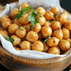 To make crispy baked chickpeas, gather these main ingredients: - 1 can (15 oz) chickpeas, drained and rinsed - 1 tablespoon olive oil - 1 teaspoon garlic powder - 1 teaspoon smoked paprika - 1/2 teaspoon ground cumin - 1/2 teaspoon sea salt - 1/4 teaspoon black pepper These items create a simple and tasty base. The chickpeas give protein and fiber. Olive oil helps them crisp up. Garlic powder and smoked paprika add great flavor. Cumin and spices give a warm, earthy taste. You can switch things up with these optional ingredients: - 1/4 teaspoon cayenne pepper for spice - A sprinkle of fresh herbs for garnish Adding cayenne pepper gives a spicy kick. Fresh herbs like parsley or cilantro can brighten the dish. Feel free to mix your favorite spices, such as Italian herbs or curry powder. Each serving of crispy baked chickpeas has: - Calories: 150 - Protein: 7g - Carbohydrates: 22g - Fiber: 6g - Fat: 5g These numbers can vary based on your choices. This snack is healthy and filling. It’s perfect for when you need a crunchy treat. You can enjoy it without guilt. For the full recipe, refer to the [Full Recipe]. Start with a can of chickpeas. Drain and rinse them well. This step helps remove excess sodium. Then, pat the chickpeas dry using paper towels. It's crucial to remove all moisture. Wet chickpeas won't get crispy when baked. In a mixing bowl, combine the dried chickpeas with olive oil. Add garlic powder, smoked paprika, ground cumin, sea salt, and black pepper. If you like heat, toss in some cayenne pepper. Mix everything well. Ensure each chickpea gets coated in the tasty spices. This step brings out the best flavors. Preheat your oven to 400°F (200°C). Line a baking sheet with parchment paper. Spread the seasoned chickpeas in a single layer. Avoid overcrowding; this helps them bake evenly. Bake for 25-30 minutes. Shake the pan halfway to turn the chickpeas. They should be golden brown and crispy when done. Once out of the oven, let them cool. They will get even crispier as they cool. Enjoy your snack! For the full recipe, check the main article. To make your chickpeas extra crispy, start with dry chickpeas. After draining and rinsing, use paper towels to pat them dry. This step is very important. You want to remove as much moisture as possible. If you skip this, your chickpeas may turn out soggy. When you coat them with olive oil and spices, do so evenly. Spread them out on the baking sheet in a single layer. Avoid overcrowding the pan. This allows hot air to circulate around each chickpea, helping them crisp up well. A common mistake is not drying the chickpeas enough. If they are wet, they won’t become crispy. Another mistake is using too much oil. Stick to one tablespoon. Too much oil can lead to greasy chickpeas. Also, don’t forget to shake the pan halfway through baking. This ensures even cooking. Lastly, keep an eye on the time. Chickpeas can go from perfect to burnt quickly. Crispy baked chickpeas are great on their own. You can also serve them as a snack with your favorite dip. Try pairing them with hummus or yogurt sauce. They also make a crunchy topping for salads or soups. For a fun twist, mix in different spices. You can add cayenne for heat or herbs for freshness. Get creative and enjoy your crispy snack! Check out the Full Recipe for more details. {{image_2}} You can change the flavor of crispy baked chickpeas easily. For a spicy kick, add cayenne pepper or chili powder. A bit of heat makes snacking fun! If you prefer herbs, try dried oregano or thyme. These add a fresh taste, making them great for any dish. Want something sweet? Mix in a little cinnamon and sugar. Sweet chickpeas make a unique treat! While chickpeas are great, you can use other beans too. Canned black beans or white beans work well. Just rinse and dry them like chickpeas. Each bean has its own flavor and texture. This makes your snacks more varied and exciting. Crispy chickpeas are not just a snack! You can add them to salads for crunch. They also make a great topping for soups. Try mixing them into rice or grain bowls for added protein. The possibilities are endless. They can transform any meal into something special. For the full recipe, check out the detailed steps above! To keep your crispy baked chickpeas fresh, store them in an airtight container. This will help lock in their crunch. Make sure they are completely cool before sealing. If not, moisture will make them soggy. You can keep them on your counter for up to three days. If you want them to last longer, consider freezing them. To bring back the crunch in leftover chickpeas, you can easily recrisp them. Preheat your oven to 400°F (200°C). Spread the leftover chickpeas on a baking sheet. Bake them for about 10 minutes. Check them often to prevent burning. They will be crispy again and great for snacking! You can freeze crispy baked chickpeas, but they may lose some crispiness. Place them in a freezer-safe bag or container. Make sure to remove as much air as possible. They can last up to three months in the freezer. When you’re ready to eat them, let them thaw in the fridge, then recrisp in the oven. This method keeps the flavor intact for a tasty snack later! For the full recipe, check out the Crispy Baked Chickpeas section. You can use any oil you like. Avocado oil works well. Coconut oil adds a subtle sweetness. Sunflower oil is a good choice too. These oils will help your chickpeas crisp up nicely. Just make sure the oil you choose has a high smoke point. Yes, you can. If you prefer plain chickpeas, just use oil and salt. The natural flavor of chickpeas shines through. You might want to add some herbs after baking for extra taste. Try fresh parsley or a squeeze of lemon juice. Watch for a golden-brown color. They should feel hard and crunchy. If they look dry and sound crisp when you shake them, they’re ready. Let them cool a bit as they will get crisper. Enjoy them right after baking for the best taste. For more details, check the [Full Recipe]. Crispy baked chickpeas are easy to make and full of flavor. We covered the ingredients needed and explored how to prepare them for baking. You learned tips for crispiness and how to avoid mistakes. Variations let you spice things up or change the beans. Proper storage helps keep them fresh for later. Enjoy these crunchy snacks in your meals or as a treat. Dive into this recipe and make your own healthy, tasty chickpeas!