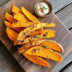 To make baked sweet potato fries, you need just a few key items. Here’s what you will need: - 2 large sweet potatoes, peeled and cut into fries - 2 tablespoons olive oil - 1 teaspoon garlic powder - 1 teaspoon smoked paprika - 1/2 teaspoon ground cumin - 1/2 teaspoon salt - 1/4 teaspoon black pepper - Fresh parsley, chopped (for garnish) These ingredients combine to create a sweet and savory snack that you will love. The sweet potatoes bring natural sweetness, while the spices add bold flavor. You can make your fries even better with some optional ingredients. Consider adding: - Cayenne pepper for heat - Parmesan cheese for a cheesy twist - Fresh herbs like rosemary or thyme These extras can change the taste and make your fries unique. Try different combinations to find your favorite. Baked sweet potato fries are a healthy choice. They are high in vitamins A and C. They also provide fiber, which is good for digestion. Here's a quick look at the nutrition per serving: - Calories: Approximately 150 - Protein: 2g - Carbohydrates: 30g - Fiber: 4g - Fat: 5g These fries are a guilt-free treat. They can fit into many diets, making them a great option for everyone. For the full recipe, refer to the earlier section. First, I grab two large sweet potatoes. I peel them with a good knife. After that, I cut them into fries. Aim for about 1/4 inch thick. This size ensures they cook evenly. If you want extra flavor, soak them in cold water for 30 minutes. This step helps remove some starch. Drain them and pat them dry with a towel. In a large bowl, I add the sweet potato fries. I drizzle two tablespoons of olive oil over them. Then, I sprinkle one teaspoon of garlic powder, one teaspoon of smoked paprika, and half a teaspoon each of ground cumin, salt, and black pepper. Toss everything well. Make sure each fry gets coated in the tasty mix. You want them to be flavorful. Next, I preheat the oven to 425°F (220°C). While waiting, I line a baking sheet with parchment paper. After that, I spread the fries in a single layer. This step is key for crispiness. I bake them for about 25 to 30 minutes. Halfway through, I flip them to ensure even cooking. They should turn golden brown and crispy. Once done, I let them cool for a few minutes and garnish with fresh parsley. This adds a nice touch. For a fun twist, I serve them with a dipping sauce like spicy mayo or ketchup. For more details, check the Full Recipe. To make your baked sweet potato fries extra crispy, follow these steps. First, soak the cut fries in cold water for about 30 minutes. This helps remove excess starch. After soaking, dry them well with a towel. Moisture can make fries soggy. Use enough olive oil to coat them lightly. A good rule is about two tablespoons for two large sweet potatoes. Lastly, spread them out on the baking sheet. Give them space so they don't steam. One common mistake is overcrowding the baking sheet. This traps steam and makes fries mushy. Always keep them in a single layer. Another mistake is not preheating the oven. Make sure your oven is hot before baking. If you skip this, the fries won’t cook evenly. Lastly, avoid skipping the flipping step. Flipping halfway through ensures both sides get crispy. You can change the flavor of your fries easily. Try adding some chili powder for heat or cinnamon for a sweet twist. You can also mix in dried herbs like rosemary or thyme. If you love cheese, sprinkle some grated parmesan on top before baking. Experiment with your favorite spices to find your perfect blend. Enjoy the process and make it your own! For the full recipe, check it out. {{image_2}} You can spice up your sweet potato fries in many ways. Try adding cayenne pepper for heat. A sprinkle of cinnamon gives a nice sweet touch. Mix in some onion powder for a savory taste. You can also use taco seasoning for a fun twist. Each spice adds its own flavor, making every batch unique. If you want to switch it up, consider these alternatives. You can make sweet potato wedges instead of fries. Just cut the sweet potatoes into thicker pieces. Roasting them will still give you that crispy outside. Another option is to coat them in breadcrumbs for more crunch. You can even try sweet potato tots for a fun finger food. Dipping sauces can take your fries to the next level. A simple yogurt-based dip adds creaminess without the guilt. Mix Greek yogurt with lemon juice and herbs for a fresh taste. If you love a kick, try a spicy avocado dip. Blend ripe avocado with lime and jalapeño for a zesty flavor. These sauces not only taste great but also keep it healthy! For the full recipe, check out the Crispy Baked Sweet Potato Fries. After enjoying your delicious baked sweet potato fries, you may have some left. To store them, let the fries cool completely. Then, place them in an airtight container. You can keep them in the fridge for up to three days. Make sure to separate layers with parchment paper to avoid sogginess. Reheating fries can be tricky. You want them crispy, not soft. Preheat your oven to 400°F (200°C). Lay the fries in a single layer on a baking sheet. Heat them for about 10 minutes or until warm. This method brings back their crunch. You can also use an air fryer for a quicker option. Freezing fries is a smart way to save them for later. First, let them cool down completely. Spread them out on a baking sheet in a single layer. Place the sheet in the freezer for about an hour. Once frozen, transfer the fries to a freezer bag. They can last for up to three months. When you're ready to eat, bake them straight from the freezer. Just add a few extra minutes to the cooking time for crispiness. Yes, you can make baked sweet potato fries in an air fryer. The air fryer cooks them fast and makes them crispy. Start by preheating your air fryer to 400°F (200°C). Toss the sweet potato fries in oil and spices. Then, place them in a single layer in the air fryer basket. Cook for about 15-20 minutes, shaking the basket halfway through. This method cuts down on cooking time while still giving you that crunchy texture. You can tell sweet potato fries are done when they turn golden brown. Use a fork or tongs to check their crispiness. They should feel firm and look slightly crispy on the outside. Depending on your oven, this usually takes 25-30 minutes at 425°F (220°C). If they look soft or pale, give them more time in the oven. Baked sweet potato fries pair well with many dishes. They are great alongside burgers, grilled chicken, or fish. You can also serve them with a fresh salad for a lighter option. For a fun twist, try them with a spicy mayo or tangy ketchup for dipping. They add a sweet and savory crunch to any meal. Check out the Full Recipe for more ideas! You now know how to make baked sweet potato fries. We covered key ingredients and optional add-ins to boost flavor. You learned step-by-step instructions for prep, seasoning, and baking. The tips for extra crispiness and common mistakes were shared. We explored tasty variations and storage tips, too. Baked sweet potato fries are both fun and healthy. Enjoy experimenting with flavors, and don’t forget to dip!