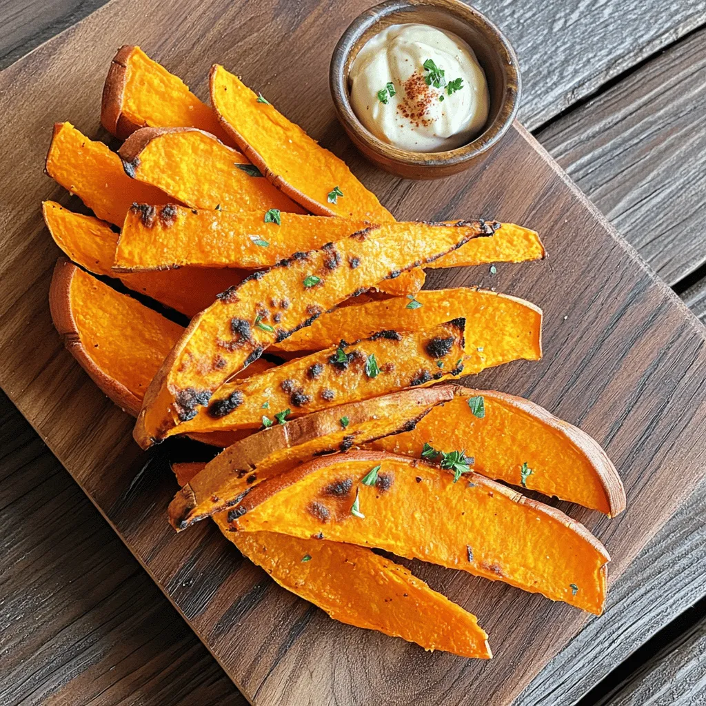 To make baked sweet potato fries, you need just a few key items. Here’s what you will need: - 2 large sweet potatoes, peeled and cut into fries - 2 tablespoons olive oil - 1 teaspoon garlic powder - 1 teaspoon smoked paprika - 1/2 teaspoon ground cumin - 1/2 teaspoon salt - 1/4 teaspoon black pepper - Fresh parsley, chopped (for garnish) These ingredients combine to create a sweet and savory snack that you will love. The sweet potatoes bring natural sweetness, while the spices add bold flavor. You can make your fries even better with some optional ingredients. Consider adding: - Cayenne pepper for heat - Parmesan cheese for a cheesy twist - Fresh herbs like rosemary or thyme These extras can change the taste and make your fries unique. Try different combinations to find your favorite. Baked sweet potato fries are a healthy choice. They are high in vitamins A and C. They also provide fiber, which is good for digestion. Here's a quick look at the nutrition per serving: - Calories: Approximately 150 - Protein: 2g - Carbohydrates: 30g - Fiber: 4g - Fat: 5g These fries are a guilt-free treat. They can fit into many diets, making them a great option for everyone. For the full recipe, refer to the earlier section. First, I grab two large sweet potatoes. I peel them with a good knife. After that, I cut them into fries. Aim for about 1/4 inch thick. This size ensures they cook evenly. If you want extra flavor, soak them in cold water for 30 minutes. This step helps remove some starch. Drain them and pat them dry with a towel. In a large bowl, I add the sweet potato fries. I drizzle two tablespoons of olive oil over them. Then, I sprinkle one teaspoon of garlic powder, one teaspoon of smoked paprika, and half a teaspoon each of ground cumin, salt, and black pepper. Toss everything well. Make sure each fry gets coated in the tasty mix. You want them to be flavorful. Next, I preheat the oven to 425°F (220°C). While waiting, I line a baking sheet with parchment paper. After that, I spread the fries in a single layer. This step is key for crispiness. I bake them for about 25 to 30 minutes. Halfway through, I flip them to ensure even cooking. They should turn golden brown and crispy. Once done, I let them cool for a few minutes and garnish with fresh parsley. This adds a nice touch. For a fun twist, I serve them with a dipping sauce like spicy mayo or ketchup. For more details, check the Full Recipe. To make your baked sweet potato fries extra crispy, follow these steps. First, soak the cut fries in cold water for about 30 minutes. This helps remove excess starch. After soaking, dry them well with a towel. Moisture can make fries soggy. Use enough olive oil to coat them lightly. A good rule is about two tablespoons for two large sweet potatoes. Lastly, spread them out on the baking sheet. Give them space so they don't steam. One common mistake is overcrowding the baking sheet. This traps steam and makes fries mushy. Always keep them in a single layer. Another mistake is not preheating the oven. Make sure your oven is hot before baking. If you skip this, the fries won’t cook evenly. Lastly, avoid skipping the flipping step. Flipping halfway through ensures both sides get crispy. You can change the flavor of your fries easily. Try adding some chili powder for heat or cinnamon for a sweet twist. You can also mix in dried herbs like rosemary or thyme. If you love cheese, sprinkle some grated parmesan on top before baking. Experiment with your favorite spices to find your perfect blend. Enjoy the process and make it your own! For the full recipe, check it out. {{image_2}} You can spice up your sweet potato fries in many ways. Try adding cayenne pepper for heat. A sprinkle of cinnamon gives a nice sweet touch. Mix in some onion powder for a savory taste. You can also use taco seasoning for a fun twist. Each spice adds its own flavor, making every batch unique. If you want to switch it up, consider these alternatives. You can make sweet potato wedges instead of fries. Just cut the sweet potatoes into thicker pieces. Roasting them will still give you that crispy outside. Another option is to coat them in breadcrumbs for more crunch. You can even try sweet potato tots for a fun finger food. Dipping sauces can take your fries to the next level. A simple yogurt-based dip adds creaminess without the guilt. Mix Greek yogurt with lemon juice and herbs for a fresh taste. If you love a kick, try a spicy avocado dip. Blend ripe avocado with lime and jalapeño for a zesty flavor. These sauces not only taste great but also keep it healthy! For the full recipe, check out the Crispy Baked Sweet Potato Fries. After enjoying your delicious baked sweet potato fries, you may have some left. To store them, let the fries cool completely. Then, place them in an airtight container. You can keep them in the fridge for up to three days. Make sure to separate layers with parchment paper to avoid sogginess. Reheating fries can be tricky. You want them crispy, not soft. Preheat your oven to 400°F (200°C). Lay the fries in a single layer on a baking sheet. Heat them for about 10 minutes or until warm. This method brings back their crunch. You can also use an air fryer for a quicker option. Freezing fries is a smart way to save them for later. First, let them cool down completely. Spread them out on a baking sheet in a single layer. Place the sheet in the freezer for about an hour. Once frozen, transfer the fries to a freezer bag. They can last for up to three months. When you're ready to eat, bake them straight from the freezer. Just add a few extra minutes to the cooking time for crispiness. Yes, you can make baked sweet potato fries in an air fryer. The air fryer cooks them fast and makes them crispy. Start by preheating your air fryer to 400°F (200°C). Toss the sweet potato fries in oil and spices. Then, place them in a single layer in the air fryer basket. Cook for about 15-20 minutes, shaking the basket halfway through. This method cuts down on cooking time while still giving you that crunchy texture. You can tell sweet potato fries are done when they turn golden brown. Use a fork or tongs to check their crispiness. They should feel firm and look slightly crispy on the outside. Depending on your oven, this usually takes 25-30 minutes at 425°F (220°C). If they look soft or pale, give them more time in the oven. Baked sweet potato fries pair well with many dishes. They are great alongside burgers, grilled chicken, or fish. You can also serve them with a fresh salad for a lighter option. For a fun twist, try them with a spicy mayo or tangy ketchup for dipping. They add a sweet and savory crunch to any meal. Check out the Full Recipe for more ideas! You now know how to make baked sweet potato fries. We covered key ingredients and optional add-ins to boost flavor. You learned step-by-step instructions for prep, seasoning, and baking. The tips for extra crispiness and common mistakes were shared. We explored tasty variations and storage tips, too. Baked sweet potato fries are both fun and healthy. Enjoy experimenting with flavors, and don’t forget to dip!