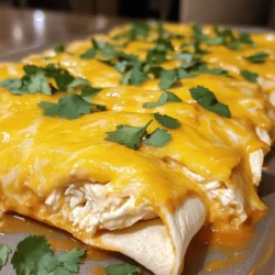 To make these delicious enchiladas, you need the following main ingredients: - 2 cups cooked chicken, shredded - 8 oz cream cheese, softened - 1 cup shredded cheddar cheese - 1 cup sour cream - 1 can (10 oz) enchilada sauce - 8 small flour tortillas - 1 teaspoon garlic powder - 1 teaspoon cumin - ½ teaspoon chili powder - Salt and pepper to taste These ingredients blend well to create a creamy and tasty filling. The cream cheese adds a great texture. The spices give the dish a nice kick that you will love. You can add some extra touches to your enchiladas with these garnishes: - Fresh cilantro, for garnish - Sliced jalapeños, if you like heat - Diced avocado, for creaminess - Sour cream, for extra richness For sides, consider serving these with: - Mexican rice - Refried beans - A simple green salad These sides and garnishes will make your meal even better. To prepare these enchiladas, you will find these tools helpful: - Mixing bowl, for combining ingredients - 9x13-inch baking dish, for baking - Spoon, for filling tortillas - Oven mitts, for safe handling Having the right tools makes cooking easier and more fun. Use these to create a perfect dish that everyone will enjoy. For the full recipe, check the earlier section. First, gather all the ingredients. You need cooked chicken, cream cheese, cheddar cheese, sour cream, enchilada sauce, tortillas, and spices. Start by shredding the chicken if you haven’t done so. Next, let the cream cheese soften at room temperature for easy mixing. This will help create a smooth and creamy filling. Now, it's time to fill the tortillas. In a bowl, mix the shredded chicken, cream cheese, half of the cheddar cheese, sour cream, garlic powder, cumin, chili powder, salt, and pepper. Stir until everything is well combined. Spread a little enchilada sauce on the bottom of a baking dish. Take a tortilla and scoop about ¼ cup of the chicken mix into the center. Roll it up tightly and place it seam-side down in the dish. Repeat this until all tortillas are filled. Once all the enchiladas are in the dish, pour the rest of the enchilada sauce over them. Make sure they are fully covered. Then, sprinkle the remaining cheddar cheese on top. Bake in a preheated oven at 350°F (175°C) for 25-30 minutes. Look for bubbly cheese and a golden top. After baking, let them cool for a few minutes. Garnish with fresh cilantro, and your creamy chicken enchiladas are ready to serve. For the full recipe, check the details above. To boost the creaminess of your enchiladas, use full-fat cream cheese. Mixing in some sour cream adds richness too. You can also blend in a bit of heavy cream for an even silkier texture. For a twist, try adding a little cream cheese to the enchilada sauce. It makes every bite heavenly. Baking your enchiladas at the right temperature is key. Preheat your oven to 350°F (175°C). This heat helps the cheese melt perfectly. Cover the baking dish with foil for the first 15 minutes. This keeps the enchiladas moist. Then, remove the foil to let the cheese get golden and bubbly. Lastly, let them rest for a few minutes after baking. This makes serving easier and helps the filling stay put. One mistake is overfilling the tortillas. Too much filling can cause them to break. Another mistake is not rolling them tightly. Loose enchiladas can open up during baking. Also, don’t skip the sauce on the bottom of the dish. It prevents sticking and adds flavor. Lastly, remember to let them cool a bit before cutting. This step helps keep the filling intact. For the full recipe, check out the complete guide on making these delicious enchiladas! {{image_2}} You can make these enchiladas vegetarian by swapping out the chicken. Use 2 cups of cooked vegetables instead. Great options include bell peppers, zucchini, and spinach. This veggie mix gives you color and flavor. Keep the cream cheese and spices the same for a creamy texture. You can still use the same enchilada sauce and tortillas. These enchiladas are just as tasty! If you like heat, add some spice! Mix 1-2 jalapeños into the chicken mix. You can also use spicy enchilada sauce. For extra kick, sprinkle some red pepper flakes on top. This will give your enchiladas a nice zing. You can also use pepper jack cheese instead of cheddar. This adds creaminess and a spicy kick. Flour tortillas are great, but you can try others too. Corn tortillas work well for a gluten-free option. They add a lovely, nutty flavor. You can also use whole wheat tortillas for a healthier choice. They have more fiber and nutrients. Just make sure to warm them up to prevent tearing. Enjoy exploring these variations! Don’t forget to check the full recipe for all the details. To store leftover enchiladas, let them cool first. Place them in an airtight container. Ensure they are covered tightly to keep them fresh. You can store them in the fridge for up to three days. This helps maintain their taste and texture. If you are unsure about how long they will last, mark the date on the container. If you want to freeze your enchiladas, make sure they are completely cool. Wrap each enchilada tightly in plastic wrap. Place them in a freezer-safe bag or container. You can freeze them for up to three months. Label the bag with the date. When you are ready to eat them, they will taste just as good. To reheat your enchiladas, you have a few options. The oven is great for even heating. Preheat your oven to 350°F (175°C). Place the enchiladas in a baking dish. Cover them with foil to keep them moist. Bake for about 20 minutes. You can also use a microwave for quick reheating. Place a few on a microwave-safe plate. Heat in 30-second intervals until warm. Just be careful not to overcook them. Enjoy your enchiladas just like fresh from the oven! Cream Cheese Chicken Enchiladas last about 3 to 4 days in the fridge. Make sure to store them in an airtight container. This keeps the flavors fresh and tasty. If you notice any odd smells or changes in color, it’s best to throw them out. Always trust your senses when it comes to food safety. Yes, you can make these enchiladas ahead of time. You can prepare them a day in advance, then cover and store them in the fridge. When you’re ready to bake, just pour the sauce and cheese on top. This saves time and is perfect for busy days. Just remember to adjust the baking time if they are cold from the fridge. You can serve many sides with Chicken Enchiladas. Here are some tasty options: - Spanish rice - Refried beans - Fresh guacamole - Pico de gallo - A simple green salad with lime dressing These sides add color and flavor to your meal. They also help balance the richness of the enchiladas. Enjoy your feast! For the complete recipe, check out the Full Recipe section. This article shows how to make easy cream cheese chicken enchiladas. We covered main ingredients, steps, and tips to make them great. You learned about variations and how to store leftovers. Remember, the right tools make cooking easier. Avoid common mistakes for tasty results. Try different styles and toppings to keep meals fun. Enjoy your cooking journey, and make these enchiladas your own! They are a tasty dish that can impress anyone. Happy cooking!