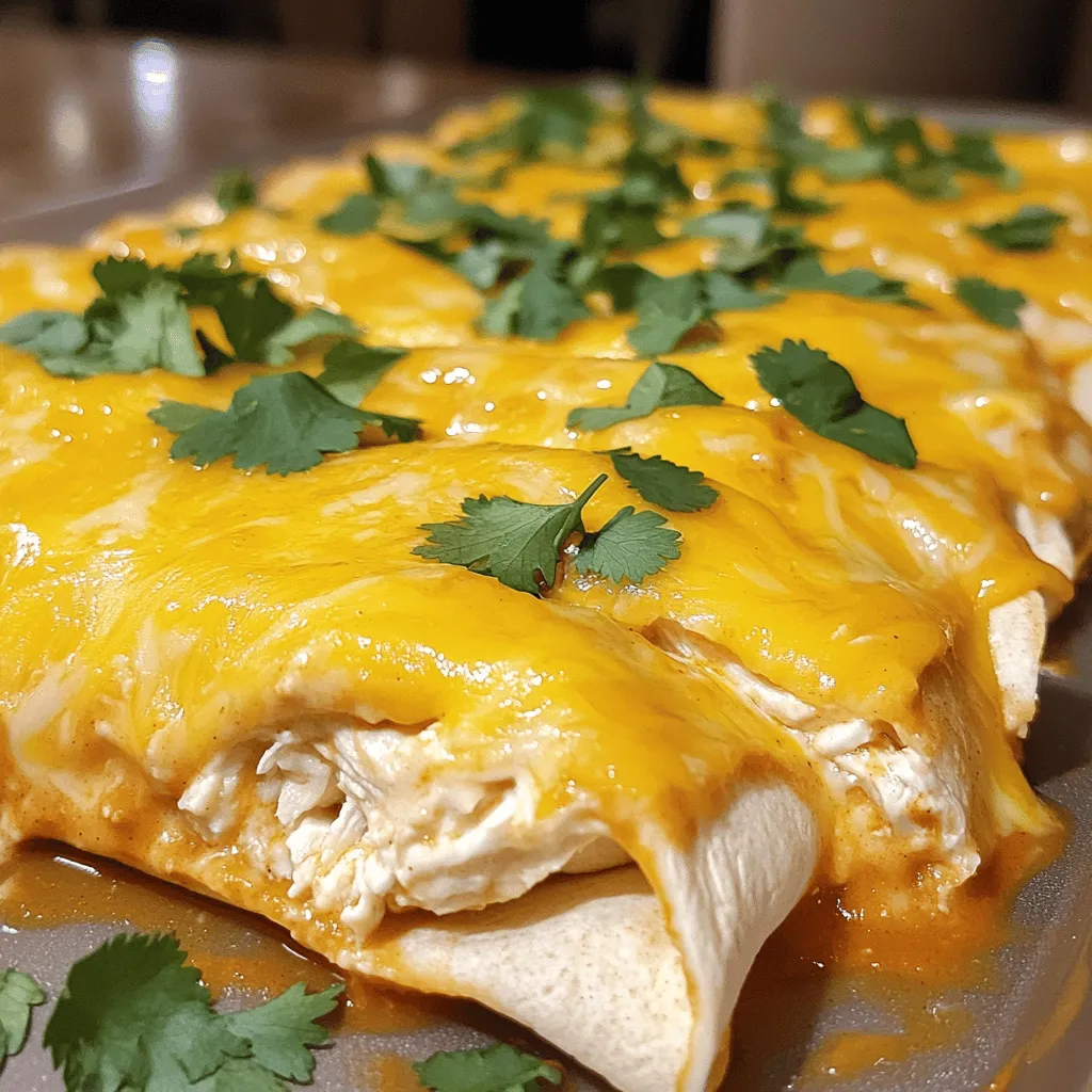 To make these delicious enchiladas, you need the following main ingredients: - 2 cups cooked chicken, shredded - 8 oz cream cheese, softened - 1 cup shredded cheddar cheese - 1 cup sour cream - 1 can (10 oz) enchilada sauce - 8 small flour tortillas - 1 teaspoon garlic powder - 1 teaspoon cumin - ½ teaspoon chili powder - Salt and pepper to taste These ingredients blend well to create a creamy and tasty filling. The cream cheese adds a great texture. The spices give the dish a nice kick that you will love. You can add some extra touches to your enchiladas with these garnishes: - Fresh cilantro, for garnish - Sliced jalapeños, if you like heat - Diced avocado, for creaminess - Sour cream, for extra richness For sides, consider serving these with: - Mexican rice - Refried beans - A simple green salad These sides and garnishes will make your meal even better. To prepare these enchiladas, you will find these tools helpful: - Mixing bowl, for combining ingredients - 9x13-inch baking dish, for baking - Spoon, for filling tortillas - Oven mitts, for safe handling Having the right tools makes cooking easier and more fun. Use these to create a perfect dish that everyone will enjoy. For the full recipe, check the earlier section. First, gather all the ingredients. You need cooked chicken, cream cheese, cheddar cheese, sour cream, enchilada sauce, tortillas, and spices. Start by shredding the chicken if you haven’t done so. Next, let the cream cheese soften at room temperature for easy mixing. This will help create a smooth and creamy filling. Now, it's time to fill the tortillas. In a bowl, mix the shredded chicken, cream cheese, half of the cheddar cheese, sour cream, garlic powder, cumin, chili powder, salt, and pepper. Stir until everything is well combined. Spread a little enchilada sauce on the bottom of a baking dish. Take a tortilla and scoop about ¼ cup of the chicken mix into the center. Roll it up tightly and place it seam-side down in the dish. Repeat this until all tortillas are filled. Once all the enchiladas are in the dish, pour the rest of the enchilada sauce over them. Make sure they are fully covered. Then, sprinkle the remaining cheddar cheese on top. Bake in a preheated oven at 350°F (175°C) for 25-30 minutes. Look for bubbly cheese and a golden top. After baking, let them cool for a few minutes. Garnish with fresh cilantro, and your creamy chicken enchiladas are ready to serve. For the full recipe, check the details above. To boost the creaminess of your enchiladas, use full-fat cream cheese. Mixing in some sour cream adds richness too. You can also blend in a bit of heavy cream for an even silkier texture. For a twist, try adding a little cream cheese to the enchilada sauce. It makes every bite heavenly. Baking your enchiladas at the right temperature is key. Preheat your oven to 350°F (175°C). This heat helps the cheese melt perfectly. Cover the baking dish with foil for the first 15 minutes. This keeps the enchiladas moist. Then, remove the foil to let the cheese get golden and bubbly. Lastly, let them rest for a few minutes after baking. This makes serving easier and helps the filling stay put. One mistake is overfilling the tortillas. Too much filling can cause them to break. Another mistake is not rolling them tightly. Loose enchiladas can open up during baking. Also, don’t skip the sauce on the bottom of the dish. It prevents sticking and adds flavor. Lastly, remember to let them cool a bit before cutting. This step helps keep the filling intact. For the full recipe, check out the complete guide on making these delicious enchiladas! {{image_2}} You can make these enchiladas vegetarian by swapping out the chicken. Use 2 cups of cooked vegetables instead. Great options include bell peppers, zucchini, and spinach. This veggie mix gives you color and flavor. Keep the cream cheese and spices the same for a creamy texture. You can still use the same enchilada sauce and tortillas. These enchiladas are just as tasty! If you like heat, add some spice! Mix 1-2 jalapeños into the chicken mix. You can also use spicy enchilada sauce. For extra kick, sprinkle some red pepper flakes on top. This will give your enchiladas a nice zing. You can also use pepper jack cheese instead of cheddar. This adds creaminess and a spicy kick. Flour tortillas are great, but you can try others too. Corn tortillas work well for a gluten-free option. They add a lovely, nutty flavor. You can also use whole wheat tortillas for a healthier choice. They have more fiber and nutrients. Just make sure to warm them up to prevent tearing. Enjoy exploring these variations! Don’t forget to check the full recipe for all the details. To store leftover enchiladas, let them cool first. Place them in an airtight container. Ensure they are covered tightly to keep them fresh. You can store them in the fridge for up to three days. This helps maintain their taste and texture. If you are unsure about how long they will last, mark the date on the container. If you want to freeze your enchiladas, make sure they are completely cool. Wrap each enchilada tightly in plastic wrap. Place them in a freezer-safe bag or container. You can freeze them for up to three months. Label the bag with the date. When you are ready to eat them, they will taste just as good. To reheat your enchiladas, you have a few options. The oven is great for even heating. Preheat your oven to 350°F (175°C). Place the enchiladas in a baking dish. Cover them with foil to keep them moist. Bake for about 20 minutes. You can also use a microwave for quick reheating. Place a few on a microwave-safe plate. Heat in 30-second intervals until warm. Just be careful not to overcook them. Enjoy your enchiladas just like fresh from the oven! Cream Cheese Chicken Enchiladas last about 3 to 4 days in the fridge. Make sure to store them in an airtight container. This keeps the flavors fresh and tasty. If you notice any odd smells or changes in color, it’s best to throw them out. Always trust your senses when it comes to food safety. Yes, you can make these enchiladas ahead of time. You can prepare them a day in advance, then cover and store them in the fridge. When you’re ready to bake, just pour the sauce and cheese on top. This saves time and is perfect for busy days. Just remember to adjust the baking time if they are cold from the fridge. You can serve many sides with Chicken Enchiladas. Here are some tasty options: - Spanish rice - Refried beans - Fresh guacamole - Pico de gallo - A simple green salad with lime dressing These sides add color and flavor to your meal. They also help balance the richness of the enchiladas. Enjoy your feast! For the complete recipe, check out the Full Recipe section. This article shows how to make easy cream cheese chicken enchiladas. We covered main ingredients, steps, and tips to make them great. You learned about variations and how to store leftovers. Remember, the right tools make cooking easier. Avoid common mistakes for tasty results. Try different styles and toppings to keep meals fun. Enjoy your cooking journey, and make these enchiladas your own! They are a tasty dish that can impress anyone. Happy cooking!