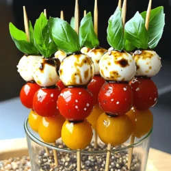 Cherry tomatoes are small and sweet. They add a bright pop of color to your skewers. Choose firm, ripe tomatoes for the best taste. Their juiciness balances the flavors in each bite. Fresh mozzarella brings a creamy texture to the dish. Look for bocconcini, which are small mozzarella balls. They melt in your mouth and blend well with the other ingredients. Their mild flavor lets the other tastes shine. Basil leaves add a fresh and aromatic touch. Use whole leaves for a burst of flavor. Their herbal notes complement the tomatoes and cheese. Look for vibrant green leaves that are not wilted. Balsamic glaze offers a sweet and tangy finish. You can find it in stores or make your own. This glaze adds depth to the skewers. A drizzle on top enhances the overall taste and presentation. Extra virgin olive oil adds richness and smoothness. It helps blend the flavors together. Drizzle it over the skewers before serving. This oil also adds a lovely sheen to your dish. Salt and pepper are key to bringing out the flavors. Use them to season your skewers lightly. Choose 6-8 inch skewers for easy handling. Wooden or metal skewers work well for this recipe. Check out the Full Recipe for more details on preparation and serving. First, you need to rinse the cherry tomatoes and fresh basil leaves. Use cold water to clean them well. After that, pat them dry using a clean kitchen towel. This step helps remove any dirt and moisture. Clean ingredients make a big difference in taste. Next, it’s time to assemble your skewers. Grab a skewer and thread on one cherry tomato. Then add a fresh basil leaf, followed by a mozzarella ball. Repeat this pattern until the skewer is full. Make sure to leave some space at the ends for easy handling. It’s fun to see the colors come together! Once you have all your skewers ready, drizzle them with extra virgin olive oil and balsamic glaze. This adds rich flavors to the fresh ingredients. The oil helps the glaze stick better and enhances the taste. Finally, arrange the skewers on a serving platter. Drizzle any leftover balsamic glaze over them for extra flair. For a nice touch, keep the skewers upright in a glass or small vase filled with rice or beans. This makes the dish look fancy and inviting. For the full recipe, check out the details above! Selecting the best ingredients makes your Caprese salad skewers shine. Look for ripe cherry tomatoes that are firm and colorful. They should smell sweet and fresh. Choose fresh mozzarella balls that are soft and creamy. If you can, buy them in water for the best taste. Fresh basil adds a strong flavor, so pick bright green leaves without brown spots. To boost the flavors, use high-quality balsamic glaze. A good glaze is thick and sweet, which adds depth to each bite. Drizzle some extra virgin olive oil on top for richness. You can also sprinkle a pinch of sea salt to highlight the taste. For a kick, try adding a dash of crushed red pepper flakes. Assembling the skewers is fun and easy. Start with a cherry tomato, then a basil leaf, and follow with a mozzarella ball. Repeat this until the skewer is full, but leave space at the ends for easy handling. To make them look great, arrange the skewers upright in a glass filled with rice or beans. This not only shows them off but also keeps them steady. For the full recipe, check the section above. {{image_2}} You can boost your Caprese skewers with protein. Consider adding cooked chicken or shrimp. These options add flavor and make your dish heartier. You could also use prosciutto or salami for a savory twist. Just wrap them around the mozzarella or add them between the cheese and tomato. This gives each bite a nice crunch and zest. Balsamic glaze is classic, but feel free to switch it up. A drizzle of pesto adds a fresh and herb-like taste. You can also try a lemon vinaigrette for a zesty kick. If you want creamy, a yogurt-based dressing works well too. Each choice brings a new flavor, so have fun experimenting! Using seasonal ingredients can enhance your skewers. In summer, swap cherry tomatoes for heirloom varieties for a pop of color. In fall, roasted butternut squash can add sweetness. You can also use arugula instead of basil for a peppery flavor. These swaps keep the dish exciting and fresh all year round. For the full recipe, check out the earlier section! To store leftover Caprese salad skewers, place them in an airtight container. You can keep them in the fridge. Make sure to eat them within two days for the best taste. If you use fresh basil, it may wilt faster. To keep your skewers fresh, store the tomatoes and mozzarella separately. This way, they stay firm and tasty. Keep the basil leaves in a damp paper towel. Wrap them tightly to avoid drying out. If you store them together, the moisture from the tomatoes can make the cheese soggy. You won’t need to reheat these skewers. They taste great cold, just like a fresh salad. If you want to warm them, use a microwave for a few seconds. Be careful not to overheat, as it can make the cheese rubbery. Enjoy your Caprese salad skewers as a cool snack or appetizer! For the full recipe, check out the Caprese Delight Skewers section. The best way to prepare these skewers is to gather fresh ingredients. First, wash the cherry tomatoes and basil. Next, thread the tomato, basil, and mozzarella onto the skewer. I like to repeat this until the skewer is full but leave room at the ends. Drizzle with balsamic glaze and olive oil for extra flavor. This method keeps the flavors bright and fresh. Yes, you can make the skewers in advance. I suggest preparing them a few hours before you need them. Just store them in the fridge until it's time to serve. If you plan to make them the night before, keep the balsamic glaze and olive oil separate. Add those just before serving for the best taste. If you can't find mozzarella, try using feta cheese or goat cheese. These cheeses offer a different flavor but still pair well with tomatoes and basil. You can also use vegan cheese if you want a dairy-free option. Just make sure the texture works for skewering. Caprese salad skewers stay fresh for about 2 days in the fridge. Keep them in an airtight container to maintain their taste and texture. After that, the tomatoes may start to lose their firmness, and the basil could wilt. Enjoy them while they are fresh to savor all the delicious flavors. For the full recipe, check out Caprese Delight Skewers . You learned how to make tasty Caprese salad skewers using fresh ingredients. We explored each ingredient, from sweet cherry tomatoes to creamy mozzarella. I shared how to prep, assemble, season, and serve your skewers. Tips on choosing ingredients and adding flavor made it easier. Variations let you get creative, and storage advice keeps leftovers fresh. Enjoy making these skewers. They are a fun way to impress guests or enjoy a snack. Happy cooking!