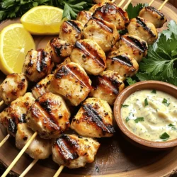 - Chicken and Marinade Ingredients - 1.5 lbs boneless, skinless chicken breasts, cut into bite-sized pieces - 4 tablespoons olive oil - 3 garlic cloves, minced - 1 teaspoon smoked paprika - 1 teaspoon onion powder - 1 teaspoon dried oregano - Salt and pepper to taste - Skewers (soaked in water for 30 minutes if wooden) - Ingredients for Garlic Sauce - 1/4 cup Greek yogurt - 1 tablespoon mayonnaise - 2 tablespoons lemon juice - 2 teaspoons fresh parsley, chopped - 1 garlic clove, minced - Salt and pepper to taste - Optional Garnishes - Lemon wedges - Fresh parsley for a pop of color When I start this recipe, I love the simple yet bold flavors. The chicken needs to soak up the marinade for great taste. The olive oil adds richness, while garlic gives it a nice kick. The spices bring warmth and depth. For the garlic sauce, I mix yogurt and mayo for creaminess. The lemon juice brightens it up. Fresh parsley adds a nice touch. This sauce is so good; it pairs perfectly with the chicken bites. I often add lemon wedges as a garnish. They look pretty and add extra zest. Fresh parsley also makes the dish pop. It’s all about making the meal look as good as it tastes. This recipe is great for gatherings or a fun family dinner. You can find the full recipe above for more details. Enjoy the delicious flavors and easy prep! How to Prepare the Marinade To make the marinade, mix together 4 tablespoons of olive oil, 3 minced garlic cloves, 1 teaspoon of smoked paprika, 1 teaspoon of onion powder, and 1 teaspoon of dried oregano. Add salt and pepper to taste. This mix gives the chicken a deep flavor. Proper Marinade Time Let the chicken marinate for at least 30 minutes. If you can wait longer, up to 2 hours is even better. This time helps the flavors soak into the chicken. Tips for Chicken Preparation Cut the chicken into bite-sized pieces. This allows for even cooking and makes it easy to eat. Make sure the pieces are similar in size for best results. Ingredients and Mixing Method For the garlic sauce, you need 1/4 cup of Greek yogurt, 1 tablespoon of mayonnaise, 2 tablespoons of lemon juice, 2 teaspoons of chopped fresh parsley, and 1 minced garlic clove. Mix these together in a bowl until smooth. Flavor Enhancements for the Sauce You can add a pinch of salt and pepper to taste. If you want a kick, try adding a bit of cayenne pepper. This adds heat without overpowering the garlic flavor. Prepping the Grill Preheat your grill to medium-high heat. This helps get nice grill marks on the chicken. If you use wooden skewers, soak them in water for 30 minutes to prevent burning. Skewering Techniques Take the marinated chicken pieces and thread them onto the skewers. Leave a small space between each piece to allow heat to circulate. This helps them cook evenly. Cooking Time and Temperature Place the skewers on the grill and cook for about 10-12 minutes. Turn them occasionally to get that perfect char. The chicken is done when it reaches an internal temperature of 165°F. Follow these steps for tasty grilled chicken bites with zesty garlic sauce. For the complete recipe, check out the [Full Recipe]. How to Achieve Perfect Grill Marks To get those perfect grill marks, preheat your grill to medium-high. This heat helps sear the chicken. Place the chicken on the grill and do not move it for about three minutes. Then, turn it 90 degrees to create crosshatch marks. After another three minutes, flip the chicken pieces. This method gives you great grill marks. Avoiding Dry Chicken To keep your chicken juicy, marinate it for at least 30 minutes. The olive oil in the marinade helps lock in moisture. Also, do not overcook the chicken. Use a meat thermometer to check its internal temp. Aim for 165°F. This ensures juicy bites every time. Creamy vs. Lighter Versions You can make the garlic sauce creamy or lighter. For a creamy version, add more Greek yogurt and a touch of mayonnaise. If you want a lighter sauce, skip the mayo. Use more lemon juice for brightness. Both options taste great with the chicken. Adding More Flavor to the Sauce To boost the sauce flavor, mix in fresh herbs like dill or chives. You can also add a dash of hot sauce for heat. Another option is to sprinkle in some grated Parmesan cheese. Each twist makes the sauce special. Best Side Dishes to Pair Grilled chicken bites pair well with fresh salads or roasted veggies. Try a simple green salad with lemon vinaigrette. For a hearty option, serve with rice or quinoa. These sides balance the flavors of the chicken and garlic sauce. Plating Ideas for Presentation For a pretty plate, arrange the skewers on a large platter. Garnish with lemon wedges and sprigs of parsley. Serve the garlic sauce in a small bowl at the center. This setup looks inviting and makes dipping easy. If you're interested in making this dish, check out the Full Recipe for complete details. {{image_2}} You can substitute chicken with other proteins. For example, turkey works well. Shrimp is also a delicious option. Both add unique flavors to your dish. If you want to try something new, consider tofu. It absorbs flavors well and is a great meat alternative. You can also cook these proteins in different ways. If you don't have a grill, use a skillet on the stove. Pan-searing gives a nice crust, too. Broiling in the oven works great for quick cooking. To spice up your grilled chicken bites, add heat. Consider mixing in some cayenne pepper or chili flakes. This will give an exciting kick to your dish. You can also play with herbs. Instead of oregano, try basil or thyme. Fresh herbs add a vibrant touch. Mix in cilantro for a fresh twist. Each herb brings a new flavor to your bites. Making these grilled chicken bites ahead of time is easy. Marinate the chicken and store it in the fridge for up to 24 hours. This saves time on busy days. If you have leftovers, freezing them is a smart choice. Place the bites in an airtight container. They can stay fresh for about three months. When you're ready to eat, reheat them in the oven. This method keeps them juicy. Enjoy your grilled chicken bites any time with these meal prep ideas! To keep your grilled chicken bites fresh, use airtight containers. Glass or plastic containers work well. Store the chicken bites in the fridge. They stay good for up to three days. Always let the chicken cool down before sealing it. When you're ready to eat the leftovers, use the oven or a skillet. Both methods heat the chicken evenly. If you use the oven, set it to 350°F. Bake for 10-15 minutes. If using a skillet, add a splash of water. This keeps the chicken moist and prevents dryness. You can freeze grilled chicken bites for later. First, let them cool completely. Then, place them in freezer-safe bags. Squeeze out the air and seal tightly. They can stay in the freezer for up to three months. To thaw, leave them in the fridge overnight. Reheat as needed. Enjoy your grilled chicken bites anytime! For the full recipe, check out the details above. The ideal marination duration for chicken is at least 30 minutes. This time lets the chicken soak in all those great flavors. If you can, marinate for up to 2 hours. The longer you marinate, the more flavor your chicken will have. Just don't go overboard; too long can make the chicken mushy. Yes, you can use frozen chicken for this recipe. Start by thawing the chicken in the fridge overnight. If you need it fast, you can use the microwave. Once thawed, cut it into bite-sized pieces. Then, follow the marinade steps from the Full Recipe. Grilled chicken bites are great with many side dishes. Some popular choices are: - Rice or quinoa - Grilled veggies like zucchini and bell peppers - Fresh salads with mixed greens - Garlic bread for extra flavor Absolutely! This recipe is perfect for meal prep. You can marinate and grill the chicken ahead of time. Store the bites in an airtight container in the fridge. They last well for up to four days. Just reheat and serve during the week for easy, tasty meals. This blog post covered how to make delicious grilled chicken bites. You learned about ingredients, marinating, making garlic sauce, and grilling tips. I shared ideas for variations and meal prep. Proper storage and reheating methods ensure leftovers stay tasty. In summary, these tips will help you create flavorful meals. Enjoy grilling and experimenting with new flavors! You’ll impress everyone at your next gathering.