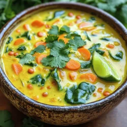 Coconut Curry Lentil Soup is a warm and filling dish. It combines lentils, coconut milk, and spices. This recipe is simple and takes only 35 minutes to make. You will enjoy this rich and creamy soup. - 1 cup red lentils, rinsed - 1 can (14 oz) coconut milk - 4 cups vegetable broth - 1 onion, diced - 3 cloves garlic, minced - 1 tablespoon fresh ginger, grated - 2 tablespoons curry powder - 1 teaspoon turmeric powder - 1 teaspoon cumin - 1 tablespoon olive oil - 1 cup diced carrots - 1 cup spinach or kale, chopped - Salt and pepper to taste - Fresh cilantro for garnish - Juice of 1 lime Coconut Curry Lentil Soup is not only tasty but also healthy. Each serving is rich in protein and fiber. The lentils provide energy, while the coconut milk adds healthy fats. This soup is full of vitamins from the veggies too! You can find the Full Recipe above to start cooking today. First, gather your ingredients. You need red lentils, coconut milk, vegetable broth, onion, garlic, ginger, curry powder, turmeric, cumin, olive oil, diced carrots, spinach or kale, salt, pepper, cilantro, and lime. Rinse the lentils in cold water until the water runs clear. Dice the onion and garlic, and grate the ginger. This prep makes cooking easier. In a large pot, heat the olive oil over medium heat. Add the diced onion and sauté for about 5 minutes, until it turns soft and clear. Next, stir in the minced garlic and grated ginger. Cook for another 1-2 minutes until you smell the lovely aroma. Then, mix in the curry powder, turmeric, and cumin. Stir well for about a minute to bring out the spices' flavors. Now, pour in the vegetable broth and bring it to a boil. Once boiling, add the rinsed lentils and diced carrots. Reduce the heat to a simmer. Cover the pot and cook for 15-20 minutes until the lentils and carrots are tender. After that, stir in the coconut milk and chopped spinach or kale. Let it simmer again for another 5 minutes. This allows the greens to wilt and all the flavors to blend beautifully. Now, it's time to season your soup. Add salt and pepper to taste. Squeeze in the juice of one lime for a fresh twist. The lime juice brightens the soup and balances the rich coconut flavor. Serve the soup hot, garnished with fresh cilantro for that extra flavor pop. Enjoy this warm and comforting meal, perfect for any day! For the complete recipe, refer to the Full Recipe. To boost the flavor of your coconut curry lentil soup, consider adding a squeeze of lime juice right before serving. It brightens the dish and adds a fresh taste. You can also mix in some diced tomatoes for extra sweetness and acidity. Fresh herbs like cilantro or basil can elevate the soup's aroma and flavor. Don’t forget to taste as you go. Adjust salt and spices to suit your palate. Use a heavy pot to cook this soup. It helps heat evenly and prevents burning. Start with a good sauté of onions, garlic, and ginger. This step builds a flavor base. Toast the spices before adding liquids. This simple trick releases their oils and enhances their taste. If you want a creamier soup, blend a portion of it with an immersion blender. This adds a smooth texture without losing the hearty feel. Serving your soup in a vibrant bowl makes it pop. Add a drizzle of coconut milk on top for a beautiful finish. Sprinkle fresh cilantro for color and garnish. You can even top it with toasted coconut flakes for a fun crunch. Pair it with warm naan or rice for a complete meal. A wedge of lime on the side invites guests to add more zest. For the full recipe, refer to the earlier section. {{image_2}} Coconut curry lentil soup is already vegan and gluten-free. The base uses plant-based ingredients. You can enjoy this dish without worry. If you want to ensure it's gluten-free, check the broth label. Some store-bought broths may have gluten. You can easily swap ingredients in this soup. If you don't have red lentils, use green lentils. They will change the texture but still taste great. Want less coconut? Use almond milk or cashew milk. This will change the flavor, but it can be a fun twist. You can also add different veggies. Try sweet potatoes or bell peppers for more color and taste. Spices are key to flavor. If you like heat, add chili powder or cayenne pepper. For a smokier taste, try smoked paprika. Love fresh herbs? Use fresh basil or mint instead of cilantro. You can adjust spices to match your taste. Keep it fun and experiment with what you have! Explore the full recipe for more ideas on how to create your perfect coconut curry lentil soup. After making your coconut curry lentil soup, let it cool first. Once cool, pour it into an airtight container. Store it in the fridge for up to five days. This soup tastes even better the next day as the flavors meld together. Just remember to stir well before serving. You can freeze the soup for longer storage. Use freezer-safe containers or bags. Leave some space at the top, as liquids expand when frozen. The soup lasts for up to three months in the freezer. When you're ready to eat, let it thaw overnight in the fridge for best results. To reheat, you have a few options. You can use the microwave or the stovetop. If using a microwave, heat in short bursts and stir in between. On the stovetop, warm it over medium heat. Add a splash of vegetable broth if it seems too thick. Always taste and adjust the seasoning if needed. For more details, refer to the Full Recipe. Yes, you can use other lentils. Green or brown lentils work well. They have a firmer texture. They may take longer to cook than red ones. Adjust your cooking time as needed. Red lentils break down more, making the soup creamier. If you prefer a chunkier soup, go for green or brown. If you need a substitute, consider almond milk or cashew cream. These options add a nice flavor but keep the soup creamy. You can also use regular milk or heavy cream, but it will change the taste. For a lighter option, try vegetable broth with a splash of olive oil. To add heat, include diced jalapeños or serrano peppers. You can also add red pepper flakes. Start with a small amount and taste it as you go. If you want a deeper spice, try adding a pinch of cayenne pepper. Adjust to your own spice level for the best experience. For the full recipe, check out the complete list of ingredients and steps above. This post covered all you need to know about making a great soup. We explored ingredients, step-by-step instructions, and useful tips. You learned how to enhance flavors and present your dish beautifully. Variations allow for creativity, whether you choose a vegan twist or different spices. Lastly, we discussed storage methods to keep it fresh. Enjoy cooking and experimenting with your soup. The joy of a perfect recipe is just a spoon away.