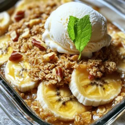 To make a tasty Bananas Foster Crisp, you need simple and fresh ingredients. Here’s what you will need: - 4 ripe bananas, sliced - 1 cup rolled oats - 1/2 cup brown sugar - 1/2 cup all-purpose flour - 1/2 teaspoon ground cinnamon - 1/4 teaspoon nutmeg - 1/4 cup unsalted butter, melted - 1/4 cup chopped walnuts or pecans (optional) - 1 cup vanilla ice cream (for serving) - Fresh mint leaves for garnish (optional) Using ripe bananas is key. They should be soft and sweet for the best flavor. Rolled oats add a nice crunch to the dish. Brown sugar gives it a deep sweetness. The flour helps bind the topping. Ground cinnamon and nutmeg add warmth and spice. You can use unsalted butter to help the topping crisp up nicely. The optional nuts add texture and flavor. I love using walnuts, but pecans are great too. For serving, vanilla ice cream is a must. It melts into the warm crisp and makes it even more delicious. Fresh mint leaves can add a pop of color and a fresh taste. For the full recipe, you can check out the details to get started! 1. First, preheat your oven to 350°F (175°C). This step makes sure your dish bakes evenly. 2. Next, slice 4 ripe bananas and place them in a bowl. Add 1/4 cup of brown sugar. Toss gently to coat the bananas. Set this mixture aside. 1. In another bowl, combine 1 cup of rolled oats, 1/2 cup of all-purpose flour, and the rest of the brown sugar (1/4 cup). 2. Add 1/2 teaspoon of ground cinnamon and 1/4 teaspoon of nutmeg to the mix. 3. Pour in 1/4 cup of melted unsalted butter. If you like, add 1/4 cup of chopped walnuts or pecans. Mix until combined. 4. Grease a baking dish. Spread the banana mixture evenly in the dish. 5. Sprinkle the oat topping over the bananas. Make sure it covers the bananas completely. 1. Place the dish in the oven. Bake for 25-30 minutes. Watch for a golden brown topping and bubbly bananas. 2. Once done, take it out and let it cool for a few minutes. This makes it easier to serve. 3. Serve warm with a scoop of vanilla ice cream on top. You can add fresh mint leaves for a nice touch. Enjoy making this delightful dessert! For the complete recipe, check out the Full Recipe. Choosing the right bananas is key for great flavor. You want ripe bananas for this dish. Look for bananas with yellow skin and some brown spots. This shows they are sweet and soft. Avoid green bananas; they are not sweet enough for baking. To get the perfect crunch on your oat topping, use rolled oats. Mix them with flour, brown sugar, and melted butter. This combination gives a nice, crispy layer. You can add nuts for more texture. Walnuts or pecans work well. If you want a twist, try adding coconut flakes or seeds. Serve your Bananas Foster Crisp warm. A scoop of vanilla ice cream on top adds creaminess. You can also garnish with fresh mint leaves for color. For a fun twist, drizzle some caramel sauce over the top. Arrange it in a nice bowl to make it look special. For the full recipe, check out the detailed steps above! {{image_2}} To make Bananas Foster Crisp your own, try using different nuts or seeds. You can replace walnuts or pecans with almonds or sunflower seeds. Each will add a new crunch and flavor. If you're looking for healthier options, swap out the brown sugar. You could use coconut sugar or maple syrup. These swaps keep the dessert sweet while adding unique flavors. Want to amp up the taste? Add chocolate chips or dried fruits like raisins or cranberries to the oat topping. This twist adds richness and sweetness. You can also infuse spices for extra flavor. Try a hint of ginger or a dash of vanilla extract. Both will give your dish a warm and inviting aroma. For a gluten-free version, use almond flour or gluten-free oats instead of regular flour. This keeps the crunch and flavor intact. Ensure all your ingredients are certified gluten-free. This way, you can enjoy your dessert without worry. You won't lose any taste with these changes! To keep Bananas Foster Crisp fresh, place it in an airtight container. Store it in the fridge. This way, it stays safe and tasty. You can keep it for up to three days. After that, the texture may change, and the flavors fade. When you reheat, use the oven for the best results. Set the oven to 350°F (175°C). Put the crisp in a baking dish, cover it with foil, and heat for about 15 minutes. This keeps the topping crunchy and the bananas soft. You can freeze Bananas Foster Crisp, but it’s best to eat it fresh. If you freeze it, wrap it tightly and use it within a month. You can prepare Bananas Foster Crisp a day in advance. Store the layered dish in the fridge before baking. When you are ready, bake it as per the instructions. This helps save time when you want to serve it. For fresh taste, serve it warm with ice cream right after baking. Bananas Foster Crisp is a warm dessert made with bananas and a crunchy topping. It blends sweet, soft bananas with a crispy oat layer. This dish comes from New Orleans, where it gained fame. The classic Bananas Foster features flambéed bananas. In this twist, we bake ripe bananas with oats. The result is a cozy treat perfect for sharing. Yes, you can swap bananas for other fruits. Apples and peaches work well in this recipe. Berries like blueberries or strawberries add a fresh twist. Just make sure the fruit is ripe and sweet. This way, you keep the flavor bright and enjoyable for everyone. To make a vegan version, replace the butter with coconut oil or vegan butter. Use maple syrup instead of brown sugar for sweetness. You can also skip the ice cream or use a plant-based option. These swaps keep the dish tasty while meeting vegan needs. Enjoy every bite without missing out! In this post, we explored the delicious recipe for Bananas Foster Crisp. We covered ingredients, step-by-step instructions, and helpful tips. You learned how to choose ripe bananas and perfect the oat topping. We also shared variations and storage tips to enhance your experience. Bananas Foster Crisp is not only tasty but also versatile. You can adapt it to fit your needs. Enjoy every bite and make it your own!