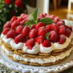 - 2 cups fresh strawberries, hulled and sliced - 1 tablespoon sugar (to sprinkle on strawberries) - 8 ounces cream cheese, softened - 1 cup powdered sugar - 1 teaspoon vanilla extract - 2 cups whipped cream (or cool whip) - 1 package (11 oz) of graham crackers - Mint leaves for garnish (optional) To make this easy treat, you need fresh strawberries. They add bright color and flavor. The sugar helps sweeten the berries and draws out their juices. Cream cheese gives a rich taste and pairs well with the whipped cream. Whipped cream is key for a light texture. You can use store-bought cool whip or make your own. Graham crackers form the base and add crunch. For a nice touch, mint leaves can be used as a garnish. They add a pop of color and fresh flavor. This list covers everything you need for a delightful no-bake strawberry shortcake. You can find the full recipe to guide you through the steps. Enjoy making this easy dessert! First, take 2 cups of fresh strawberries. Hulling means removing the green tops and slicing them into small pieces. Place them in a medium bowl. Now, sprinkle 1 tablespoon of sugar over the strawberries. This sugar helps bring out their natural juices. Let the strawberries sit for about 15 minutes. This process is called macerating. You will see the strawberries become juicy and sweet. Next, grab a large mixing bowl. Add 8 ounces of softened cream cheese, 1 cup of powdered sugar, and 1 teaspoon of vanilla extract. Blend these together until the mixture is smooth and creamy. This will create a rich filling. Now, gently fold in 2 cups of whipped cream. Be careful not to deflate the whipped cream. This folding makes your filling light and fluffy. Now comes the fun part—assembling your shortcake! Start with a layer of graham crackers on a large platter. You may need to break some crackers to fit them nicely. Next, spread half of your cream cheese mixture over the crackers. Then, take half of your macerated strawberries and spoon them over the cream. Spread them evenly. Repeat this process. Add another layer of graham crackers, the rest of the cream mixture, and the remaining strawberries. If you want, you can top it with one more layer of graham crackers. Cover the entire dessert with plastic wrap. Refrigerate for at least 4 hours, or overnight if you can wait. This chilling time is crucial for the flavor to meld. Before you serve, add some fresh mint leaves for a pop of color. This no-bake strawberry shortcake is now ready to impress your family and friends! For the complete recipe, check out the [Full Recipe]. To get the best layers in your shortcake, follow these tips: - Layering: Start with a layer of graham crackers. Break them if needed to fit. Add cream filling, then strawberries. Repeat this to build height. - Chilling Time: Chill the cake for at least 4 hours. Overnight is best. This lets the flavors blend well. A few mistakes can spoil your dessert: - Overmixing the Filling: Mix the cream cheese and whipped cream gently. Too much mixing can make it runny. - Not Chilling Long Enough: If you serve it too soon, the layers may not hold. Give it time to set. Make your shortcake shine with these ideas: - Presentation Ideas: Serve in clear glasses for a fun look. Top with fresh strawberries and mint for color. - Recommended Pairings: Enjoy with lemonade, iced tea, or a light dessert wine. These drinks complement the strawberries nicely. For the complete recipe, check out the [Full Recipe]. {{image_2}} You can easily switch up the flavors in your no-bake strawberry shortcake. Try using different fruits like blueberries or peaches. These fruits add their own unique taste. You can also mix berries together for a fun twist. If you want a different base, consider using sponge cake. It offers a fluffy texture that brings a new feel to the dish. You can layer the sponge cake in the same way as the graham crackers. This change will keep your dessert fresh and exciting. For those needing gluten-free options, look for gluten-free graham crackers. Many brands offer these, so you can enjoy the same great taste without the gluten. Make sure to check the label for gluten-free certification. If you want a vegan version, swap out the cream cheese for a dairy-free alternative. You can use coconut cream or cashew cream in the filling. This option keeps the dessert creamy and rich while being plant-based. You can adapt this dessert for different seasons and holidays. For example, for the Fourth of July, layer strawberries and blueberries. This gives you a red, white, and blue treat that’s festive and fun. For fall, try adding pumpkin spice to the cream filling. It will bring a warm flavor to your dessert. These variations make your no-bake strawberry shortcake a year-round delight. You can enjoy it at any gathering or just for a sweet treat at home. For the full recipe, check out the No-Bake Strawberry Shortcake section. To keep your no-bake strawberry shortcake fresh, store it in the fridge. Use an airtight container to prevent it from absorbing other flavors. If you don’t have one, cover it tightly with plastic wrap. This helps keep the cake moist and prevents drying out. It’s best to eat the leftovers within three days for optimal taste. You can freeze the no-bake strawberry shortcake for later enjoyment. First, cut it into servings. Wrap each piece in plastic wrap, then place them in a freezer-safe bag. This way, you can take out just what you need. To thaw, move a piece to the fridge for several hours or overnight. Avoid using the microwave, as this can change the texture. In the fridge, the no-bake strawberry shortcake lasts about three to five days. Keep an eye out for signs of spoilage. If you see any mold or if it smells off, it's time to toss it. The strawberries may also lose their freshness and become mushy, which is another sign it's no longer good. Always trust your senses when it comes to food safety. Yes, you can make this dessert ahead of time. It tastes even better after chilling. I often prepare it the night before. This gives the flavors time to blend. Just cover it well with plastic wrap. Store it in the fridge until you are ready to serve. If you need a substitute for whipped cream, try using Greek yogurt. It adds a nice creaminess. You can also use cool whip for a similar texture. Another option is to use coconut cream for a dairy-free choice. Whichever you choose, it will still taste great! Yes, there are good substitutes for cream cheese. You can use ricotta cheese for a lighter option. Mascarpone cheese works well too, offering a rich flavor. For a dairy-free version, try using silken tofu blended until smooth. These options can still give you a creamy filling. To keep graham crackers crisp, layer them just before serving. If you want to prepare ahead, consider toasting them lightly in the oven. This adds crunch and helps them hold up better. You can also use a thicker layer of cream between the crackers. This way, they won't absorb too much moisture. No-Bake Strawberry Shortcake is easy and fun to make. You learned about key ingredients, step-by-step preparation, and useful tips. Variations add creativity, and proper storage keeps leftovers fresh. Always remember to layer carefully and chill for best results. Now, gather your friends and enjoy this delicious treat. It’s perfect for any occasion. With these simple steps, you can impress everyone at your next gathering. Happy baking!