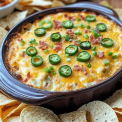 To make this tasty jalapeño popper dip, you will need: - 8 oz cream cheese, softened - 1 cup sour cream - 1 cup shredded cheddar cheese - 1 cup shredded mozzarella cheese - 2-3 fresh jalapeños, diced (remove seeds for less heat) - 1/2 cup cooked and crumbled turkey bacon or chicken (optional) - 1/2 teaspoon garlic powder - 1/2 teaspoon onion powder - 1/4 teaspoon smoked paprika - Salt and pepper to taste - 1/4 cup chopped green onions (for garnish) You can swap out some ingredients if you prefer. For a creamier dip, use more cream cheese or sour cream. If you want more flavor, add more spices. You can substitute turkey bacon with regular bacon or leave it out entirely. If you dislike heat, use bell peppers instead of jalapeños. When preparing fresh jalapeños, use gloves to avoid touching your eyes. Cut off the tops and slice them lengthwise. Use a spoon to scoop out the seeds and membranes for less heat. Dicing them small helps the flavor spread evenly in the dip. Always taste a tiny piece to check the spice level before adding them to your mix. To start, gather your ingredients. You need: - 8 oz cream cheese, softened - 1 cup sour cream - 1 cup shredded cheddar cheese - 1 cup shredded mozzarella cheese - 2-3 fresh jalapeños, diced (remove seeds for less heat) - 1/2 cup cooked and crumbled turkey bacon or chicken (optional) - 1/2 teaspoon garlic powder - 1/2 teaspoon onion powder - 1/4 teaspoon smoked paprika - Salt and pepper to taste - 1/4 cup chopped green onions (for garnish) In a large bowl, mix the softened cream cheese, sour cream, cheddar, and mozzarella. Stir until the mix is smooth and creamy. Next, add the diced jalapeños, turkey bacon or chicken if you want, and the spices. Mix everything well until it's fully blended. Now, preheat your oven to 375°F (190°C). Once it's ready, transfer your dip mixture to a baking dish. Spread it evenly across the dish. Bake the dip in the preheated oven for 25 to 30 minutes. Look for a bubbly surface and a lightly golden top. To check if your dip is done, look for these signs: - The dip should be bubbly around the edges. - The top should be golden brown. - If you gently shake the dish, the center should jiggle slightly. Let the dip cool for a few minutes after baking. Garnish with chopped green onions before serving. This step adds a pop of color and freshness to your dish. For the full recipe, refer back to the main ingredients list. Enjoy your delicious Jalapeño Popper Dip! You can change the heat of your jalapeño popper dip easily. For a milder dip, remove the seeds and membranes from the jalapeños. This part holds most of the heat. For extra spice, leave some seeds in. You can also use different peppers. Try diced poblano or banana peppers for a sweet twist. If you want more heat, add a dash of cayenne pepper or hot sauce to the mix. To boost flavor, think beyond the basics. You can add more spices like cumin or chili powder for depth. Fresh herbs like cilantro or parsley can brighten the dip. Want a smoky taste? Increase the smoked paprika. Adding cooked and crumbled bacon brings a savory crunch. For creaminess, mix in additional cream cheese or a splash of heavy cream. These little changes can make a big difference! Presentation makes your dip even more fun. Serve it warm in a colorful bowl. Arrange tortilla chips, fresh veggies, or toasted baguette slices around it. This invites people to dig in. For a pop of color, sprinkle chopped green onions on top. You can also serve it with a side of salsa or guacamole for extra flavor. These ideas will impress your guests and make your dip the star of the show! {{image_2}} You can make a tasty vegetarian version of this dip. Start with the same base of cream cheese and sour cream. Use extra veggies like bell peppers or corn for added flavor and crunch. You can also swap the bacon for cooked black beans. This will add protein without meat, making the dip healthy and hearty. If you want a low-carb dip, consider using cauliflower instead of cream cheese. Cooked and mashed cauliflower works well as a base. You can also use Greek yogurt instead of sour cream for a lighter taste. For cheese, try using less mozzarella and more cheddar to keep the carbs down. These changes keep the dip creamy while cutting down on carbs. Get creative with your dip by adding different cheeses or proteins. Try using pepper jack cheese for a spicy kick. You can also mix in some crumbled feta for a tangy flavor. If you want more protein, add shredded chicken or even crab meat. These options create a unique twist on the classic dip. Check out the Full Recipe for more ideas and tips. After you enjoy your Jalapeño Popper Dip, store any leftovers in a sealed container. Let the dip cool before sealing it. Keep it in the fridge for up to three days. This dip tastes best when fresh, but you can still enjoy it later. To reheat your dip, place it in an oven-safe dish. Preheat your oven to 350°F (175°C). Cover the dish with foil to keep moisture in. Heat for about 15-20 minutes, or until it's warm throughout. Stir it halfway to ensure even heating. You can also microwave it on medium power for 1-2 minutes. Just watch it closely so it doesn’t dry out. You can freeze Jalapeño Popper Dip for longer storage. Use a freezer-safe container, leaving some space at the top for expansion. It can last up to two months in the freezer. To thaw, place it in the fridge overnight. Reheat as mentioned above. This way, you’ll have a tasty snack ready whenever you need one! You can serve Jalapeño Popper Dip with many tasty options. Here are some ideas: - Tortilla chips - Sliced veggies like carrots and celery - Toasted baguette slices - Crackers - Pita chips These choices add crunch and flavor. Each one pairs well with the creamy dip. You can even mix and match for fun! Yes, you can make this dip ahead of time. Prepare the dip mixture and store it in the fridge. Cover it tightly to keep it fresh. You can bake it later when you need it. Just remember to bake it for about 35 to 40 minutes if it’s cold from the fridge. This way, your dip will still taste great and be warm when you serve it! To feed a larger group, just double the recipe. Use a bigger baking dish for the dip. You may need to bake it a bit longer. Keep an eye on it while it cooks. You want it to be bubbly and golden. This adjustment makes it easy for everyone to enjoy the dip at your gathering. If you want to see the complete process, check out the Full Recipe! In this post, we covered how to make a tasty Jalapeño Popper Dip. We looked at ingredients, step-by-step instructions, and useful tips. I shared ways to spice it up, customize it, and serve it well. You can also explore variations for different diets and learn how to store leftovers. Whether you're preparing for a party or a casual night, this dip can impress anyone. Now, get in the kitchen and enjoy your dip adventure!