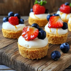 To make no-bake cheesecake bites, you will need a few simple ingredients. Here’s the complete list for you: - 1 cup cream cheese, softened - 1/2 cup powdered sugar - 1 teaspoon vanilla extract - 1/2 cup whipped cream - 1 cup graham cracker crumbs - 1/4 cup unsalted butter, melted - Fresh fruit for topping (strawberries, blueberries, or raspberries) - Optional: chocolate chips or caramel drizzle These ingredients come together to create a creamy and delicious treat. The cream cheese gives it that rich base. The powdered sugar adds just the right sweetness. Vanilla extract gives a lovely aroma and flavor. Whipped cream makes it light and fluffy. The graham cracker crumbs add a nice crunch, while the melted butter helps bind the crust. Fresh fruit on top not only looks nice but also adds a burst of flavor. If you want to take it up a notch, try adding chocolate chips or a drizzle of caramel! For the full recipe, you can check the detailed instructions. To start, take your cream cheese and place it in a mixing bowl. Use an electric mixer to beat the cream cheese until it is creamy. This step is key. It helps the filling become smooth and fluffy. Next, add powdered sugar and vanilla extract. Mix until everything is fully blended together. This will give your cheesecake a sweet and rich taste. Now, let’s make the crust. In another bowl, combine graham cracker crumbs with melted butter. Stir until the crumbs are well-coated. The mixture should look like wet sand. Line a mini muffin tin with cupcake liners. Press about a tablespoon of the graham mixture into each liner. This forms a solid base for your cheesecake bites. It's time to assemble! Take the cream cheese filling and spoon it into each crust you made. Use a spatula to smooth the top. Make sure it looks nice and even. Once done, place the muffin tin in the refrigerator. Chill the cheesecake bites for at least 2 hours or until they are firm. This waiting period is crucial. It helps the flavors develop and sets the bites perfectly. For the full recipe, check the details above. To get a smooth filling, start with softened cream cheese. Cold cream cheese makes lumps. Leave it out for about 30 minutes before mixing. This small step helps your filling blend well. When you beat the cream cheese, use medium speed. This helps avoid air bubbles that can spoil the texture. The best way to serve cheesecake bites is chilled. Use mini muffin liners for easy serving. For a fresh touch, top each bite with fruit like strawberries or blueberries. You can also drizzle melted chocolate or caramel for extra sweetness. These bites look great and taste even better with simple toppings. You can add flavors to your cheesecake bites easily. Try mixing in lemon juice or zest for a citrus kick. Vanilla extract adds warmth, but you can also use almond extract for a twist. Spices like cinnamon or nutmeg can deepen the flavor. Just a pinch can make a big difference in taste. {{image_2}} You can make your no-bake cheesecake bites even more fun! Try adding lemon zest or chocolate for extra taste. Lemon gives a bright flavor that makes the bites refreshing. Just a teaspoon of zest adds a nice zing. If you love chocolate, mix in some cocoa powder or mini chocolate chips. They add a rich, creamy taste that many will enjoy. You can also use different extracts to change the flavor. Swap vanilla for almond or coconut. Each extract gives a unique twist. Experiment with what you like best! Make your cheesecake bites special for any season. Use fresh, seasonal fruits as toppings. In spring, add strawberries; in summer, try blueberries. Fall is great for apples, and winter calls for cranberries. You can even swirl in fruit purees for a burst of flavor. For holidays, adapt the toppings to fit the occasion. Use red and green fruits for Christmas or pumpkin spice for Halloween. These little touches make your treats festive and appealing! You can easily adjust this recipe to fit different diets. For gluten-free options, use crushed nuts or a gluten-free cookie for the crust. Almond flour is a great choice too! If you want a vegan version, swap out the cream cheese for a plant-based alternative. You can use coconut cream or a nut-based cream. Make sure to use plant-based whipped cream too. These swaps will still give you creamy bites that everyone will love! For the full recipe, check out the details above. Enjoy these variations and make them your own! To keep your cheesecake bites fresh, use airtight containers. Glass or plastic containers with tight seals work well. Place a piece of parchment paper between layers to avoid sticking. Store them in the refrigerator for the best taste. You can freeze cheesecake bites for later enjoyment. First, let them set in the fridge. Then, place them in a single layer on a baking sheet. Freeze them for an hour. After that, transfer them to a freezer-safe bag or container. Make sure to remove as much air as possible. To thaw, simply take out the bites and leave them in the fridge overnight. This helps maintain their texture and creaminess. In the fridge, these bites last about five days. Keep an eye out for changes in smell or texture. If they look dry or have an off smell, it’s time to toss them. Always trust your senses when it comes to food safety. Yes, you can use low-fat cream cheese. It will change the flavor and texture a bit. Low-fat cream cheese may not be as rich or creamy. You might notice a slight difference in taste, but it still works well. The bites take about 2 hours to set in the fridge. This time allows them to firm up nicely. If you want them extra firm, you can leave them longer. Just make sure to cover them to keep them fresh. You can prepare these bites ahead of time. Make them the day before you need them. Just store them in the fridge until you’re ready to serve. This way, you save time and can enjoy them fresh. If you want alternatives to graham crackers, try using crushed cookies or nuts. You can use gluten-free cookies for a gluten-free option. Another choice is to use crushed oats mixed with a bit of butter. Yes, you can make these bites gluten-free. Simply use gluten-free graham crackers or another gluten-free crust option. Always check labels to ensure your ingredients are gluten-free. This way, everyone can enjoy these yummy treats. You now have a clear guide to make delicious cheesecake bites. We covered ingredients, preparation, and storage. You learned how to achieve perfect texture and serve them well. Remember, you can play with flavors or adapt for special diets. Keep these tips handy as you create your treats. Enjoy experimenting and delighting your friends and family with your tasty creations!
