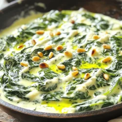 - 4 cups fresh spinach, rinsed and chopped - 1/2 cup cream cheese, softened - 1/2 cup sour cream - 1/2 cup grated Parmesan cheese - 1 tablespoon olive oil - 2 cloves garlic, minced - 1 small onion, finely chopped - 1/4 teaspoon nutmeg - Salt and pepper to taste - 1/4 cup toasted pine nuts When I make skillet creamed spinach, I always start with fresh spinach. You want it bright and green. Rinse it well before chopping. It’s key to get rid of any grit. I use four cups for a rich texture. For creaminess, I blend cream cheese and sour cream. Both add a nice depth of flavor. I use half a cup of each. The Parmesan cheese brings salty notes that balance the dish well. Next, I focus on aromatics. Olive oil is my go-to for sautéing. I heat one tablespoon in the skillet. Once hot, I toss in a small onion, finely chopped. I let it cook until it's soft and clear. This usually takes about three to four minutes. Then, I add two cloves of minced garlic. It gives the dish a warm, inviting aroma. I only let it cook for a minute so it doesn’t burn. I season with nutmeg, salt, and pepper. Just a pinch of nutmeg makes a big difference. It adds a warm, earthy flavor that surprises many. Lastly, I top the dish with toasted pine nuts. They add crunch and extra flavor. Pine nuts are rich and nutty, which makes the dish even more special. For the full recipe, check the detailed instructions to get everything just right! - Heat 1 tablespoon of olive oil in the skillet over medium heat. - Sauté 1 small onion, finely chopped, until translucent, about 3-4 minutes. - Add 2 cloves of minced garlic and cook for an additional minute. Cooking the aromatics is key. The smell of onion and garlic will fill your kitchen. This step builds a strong base for flavor. - Stir in 4 cups of chopped spinach and allow it to wilt down in the skillet for about 2-3 minutes. When you add the spinach, it might look like a lot. Don’t worry! It will shrink as it cooks. Stir gently so it cooks evenly. - Lower the heat and add 1/2 cup of softened cream cheese, stirring until melted. - Incorporate 1/2 cup of sour cream and 1/2 cup of grated Parmesan cheese until everything is creamy. - Season with 1/4 teaspoon of nutmeg, salt, and pepper to taste. Mix well. This mixture is where the magic happens. The cream cheese and sour cream make it rich and smooth. Nutmeg adds a warm flavor that enhances the spinach. For the full recipe, check the detailed instructions. Now, you have a delicious skillet creamed spinach ready to enjoy! To get the best texture in your creamed spinach, start with fresh spinach. Rinse and chop it well. Heat your skillet and add olive oil. Once hot, add the chopped onion. Cook until it's soft and clear, about 3-4 minutes. Then, add minced garlic for flavor. Stir it in for one minute. Next, add the chopped spinach. Keep stirring as it wilts down. This should take about 2-3 minutes. You want it to be soft, but not mushy. Once wilted, lower the heat. Add softened cream cheese next. Mix until it melts and blends in well. Finally, add sour cream and Parmesan cheese for that creamy finish. Stir until everything is well combined. Serving creamed spinach straight from the skillet looks great. It gives a warm, rustic feel. You can also transfer it to a bowl for a nice look. If you choose this, drizzle a little olive oil on top. This adds flavor and a glossy finish. Creamed spinach pairs well with many main dishes. It goes great with grilled chicken or fish. You can also serve it alongside steak for a hearty meal. Consider serving it with roasted vegetables. This adds color and more nutrients to your plate. For a complete experience, try the Full Recipe for detailed steps. {{image_2}} You can make this creamed spinach lighter. Swap the cream cheese with Greek yogurt. This change cuts calories and adds protein. Use low-fat sour cream for a similar effect. You could also replace the Parmesan with nutritional yeast. This keeps flavor while being dairy-free. Want to spice things up? Add a pinch of cayenne pepper for heat. You can also mix in some smoked paprika for a unique twist. If you love cheese, try adding goat cheese or feta. This will give your dish a tangy kick. Transform your creamed spinach into a baked dish. Pour the mixture into a baking dish. Top it with breadcrumbs and more cheese. Bake until golden brown on top. This provides a crunchy contrast to the creamy spinach. Store your skillet creamed spinach in an airtight container. Refrigerate it within two hours after cooking. It will stay fresh for about three days. Label the container with the date. This way, you know when to use it. When reheating, do it slowly. Use a skillet over low heat. Add a splash of cream or milk to keep it creamy. Stir often to prevent sticking. You can also microwave it. Just cover it and heat in short bursts. Stir in between to ensure even heating. You can freeze creamed spinach, but it may change texture. Cool it completely before freezing. Use a freezer-safe container or bag. It will last for about two months. To thaw, place it in the fridge overnight. Heat it gently on the stove or in the microwave, adding a bit of cream if needed. Enjoy the rich flavors again! Yes, you can use frozen spinach. Frozen spinach is easy and saves time. It is pre-washed and chopped. Just remember to thaw and drain it well. This helps remove excess water. Fresh spinach has a brighter flavor and crunch. If you prefer fresh, use 4 cups, rinsed and chopped. Both options work, but fresh spinach gives a better taste. You can prepare creamed spinach in advance. Cook the dish as per the recipe. Once it's done, let it cool. Store it in an airtight container. Keep it in the fridge for up to two days. When you're ready to serve, reheat it gently on the stove. Add a splash of cream if it seems too thick. This keeps it creamy and delicious. Skillet creamed spinach pairs well with many main dishes. I recommend grilled chicken or fish for a light meal. It also goes great with steak or pork chops. For a vegetarian option, serve it with baked potatoes or pasta. The creamy texture complements these dishes nicely. Don't forget to follow the full recipe for detailed instructions. It's simple and fun to make! This blog post covered all the key ingredients and steps to make delicious creamed spinach. You learned about fresh spinach, dairy, aromatics, and seasoning. We shared tips for the best texture and how to present this dish. You can also explore variations to fit your taste and dietary needs. Remember to store leftovers properly and reheat them to keep them creamy. Follow the full recipe to enjoy this rich and flavorful dish anytime. Keep experimenting in the kitchen!