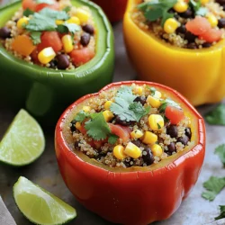Here is what you need to make Vegan Quinoa Stuffed Peppers: - 4 large bell peppers (any color) - 1 cup quinoa, rinsed - 2 cups vegetable broth - 1 can (15 oz) black beans, rinsed and drained - 1 cup corn (fresh or frozen) - 1 medium red onion, diced - 2 cloves garlic, minced - 1 teaspoon cumin - 1 teaspoon smoked paprika - 1 teaspoon chili powder - Salt and pepper to taste - 1 cup diced tomatoes (fresh or canned) - 2 tablespoons fresh cilantro, chopped (for garnish) - Lime wedges (for serving) This list makes a colorful and tasty dish. Each ingredient adds flavor and nutrition. Quinoa serves as a great base, packing protein. Black beans add extra fiber and texture. The spices give a warm kick, while the bell peppers hold it all together. You can find the full recipe at the start of this article. Don't forget to gather everything before you start cooking! - Preheat the oven to 375°F (190°C). - Cut the tops off the bell peppers and remove the seeds and membranes. This makes room for the tasty filling. You can choose any color of bell pepper you like. They all add a nice touch. - Combine rinsed quinoa and vegetable broth in a saucepan. Rinsing helps remove any bitter taste. - Bring to a boil and then simmer until liquid is absorbed. This usually takes about 15 minutes. The quinoa should fluff up nicely when done. - Sauté red onion until translucent; add garlic. This step adds a lot of flavor. - Mix in the cooked quinoa, beans, corn, tomatoes, and spices. Stir well to combine everything. You’ll see how colorful and inviting this mixture looks. - Spoon the quinoa mixture into each pepper and pack gently. Make sure to fill them well. - Cover with foil and bake. This keeps the peppers moist while they cook. - Bake for 30 minutes, then uncover and bake for an additional 10-15 minutes. The peppers should be slightly soft and have a bit of char. This gives them a nice flavor. For the complete recipe, check the [Full Recipe]. This dish is not only easy to make but also full of nutrients and flavor. - Rinse quinoa to remove bitterness. This simple step enhances its flavor. - Use a mix of fresh and canned ingredients for the best taste. Fresh veggies add crunch, while canned beans save time. - Pair your stuffed peppers with creamy avocado or a crisp side salad. This balances the meal. - Drizzle with lime juice to add a zesty kick. It brightens the flavors and makes each bite pop. - Serve on a colorful plate to make your meal look vibrant. This adds to the dining experience. - Garnish with extra cilantro and lime wedges. This not only looks good but also gives a fresh aroma. For the complete recipe, check out the Full Recipe section. Enjoy your cooking! {{image_2}} You can boost the protein in your stuffed peppers. Try adding shredded tofu or tempeh for a hearty bite. They soak up the flavors well and add texture. You can also mix in more beans or lentils. This way, you enhance the protein and keep the dish filling. Feel free to swap out some veggies in your recipe. If you want a change, use zucchini, mushrooms, or spinach instead of corn. Each option brings its own taste. You can even replace bell peppers with zucchini boats or eggplant. These alternatives make the dish just as colorful and tasty. Want some heat? Add jalapeños to your filling for a spicy kick. Or, get creative with different spices like curry powder. This can give your dish a unique flavor profile. Don’t be afraid to experiment with seasonings. Adjusting spices can make a simple meal exciting and new. For the full recipe, check out the details above. Store leftovers in an airtight container in the fridge. They taste best when eaten within 3-4 days. This keeps them fresh and safe to enjoy later. You can freeze stuffed peppers individually or in batches. Wrap them well to prevent freezer burn. When you're ready to eat, thaw overnight in the fridge. This makes reheating easier and keeps the flavor. To reheat, the oven works best. Preheat it to 350°F (175°C) and bake until warm. This helps keep the peppers from getting soggy. You can also use the microwave for a quick option. Just remember, the texture may not be the same. For the full recipe, check the details above. Yes, you can prep these stuffed peppers in advance. Just store them in the fridge before baking. This makes meal prep easy and saves time on busy nights. If you want to switch things up, try using rice, couscous, or another grain. Each option gives a different taste and texture but still tastes great. You’ll know they are ready when the peppers are slightly softened and have a light char on them. This adds flavor and makes them extra tasty. Absolutely! Just make sure all your ingredients are certified gluten-free. This way, you can enjoy the dish without worry. Yes, these stuffed peppers are packed with nutrients. They offer protein, fiber, and vitamins, making them a healthy meal choice for everyone. For a complete meal, pair them with a quinoa salad, roasted vegetables, or a fresh green salad. These sides complement the stuffed peppers well and add even more flavor. You learned how to make tasty vegan quinoa stuffed peppers. The main steps include prepping, cooking, and baking the peppers. You can also customize them with different veggies or spices. Storing leftovers is easy, and you can enjoy them later. Remember, these peppers are not just healthy; they are fun to make. I hope you try this recipe and share it with friends!
