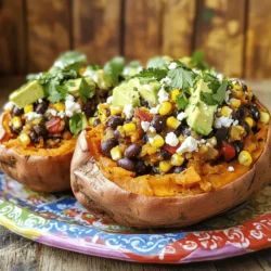 - Sweet potatoes (4 medium) - Black beans (1 can, 15 oz) - Corn kernels (1 cup) - Red bell pepper (1, diced) - Ground cumin (1 teaspoon) - Chili powder (1 teaspoon) - Smoked paprika (1/2 teaspoon) - Salt and pepper to taste - Feta cheese (1/4 cup, crumbled) - Avocado (1, diced) - Fresh cilantro (2 tablespoons, chopped) - Greek yogurt or sour cream for serving Sweet potatoes are the star of this dish. They are sweet, healthy, and filling. I use four medium sweet potatoes for this recipe. You can find them at any grocery store. They should feel firm and have no soft spots. Next, black beans bring protein and texture. One can is enough for this recipe. Rinse and drain them before using. Corn kernels add sweetness and color. Fresh or frozen works great here. I love adding diced red bell pepper for crunch. One pepper adds a nice flavor boost. For spices, ground cumin is a must. It adds warmth and earthiness. Chili powder gives it a little kick. Smoked paprika adds a nice smoky flavor. Don't forget salt and pepper to taste! Toppings can make this dish even better. Crumbled feta cheese adds creaminess. Avocado adds healthy fats and a nice touch. Chopped cilantro gives it a fresh look. You can serve Greek yogurt or sour cream on the side for creaminess. Check out the Full Recipe to get all the details on how to make this delicious dish! - Preheat your oven to 400°F (200°C). This heat makes the sweet potatoes soft and sweet. - Wash the sweet potatoes under running water. Remove any dirt. Then, poke several holes in each potato with a fork. This helps them cook evenly. Place them on a baking sheet lined with parchment paper for easy cleanup. - In a skillet, drizzle some olive oil and heat it over medium. Add the diced red bell pepper. Sauté it for 4-5 minutes until it softens. - Next, add the rinsed black beans and corn to the skillet. Mix in the ground cumin, chili powder, smoked paprika, salt, and pepper. Stir well, and cook for about 5 more minutes until everything is hot. - Once the sweet potatoes are baked, let them cool for a few minutes. Then, slice each potato lengthwise down the middle. - Use a fork to fluff the insides gently. Scoop generous portions of the filling into each sweet potato. - Top them with crumbled feta cheese, diced avocado, and fresh cilantro. Drizzle a bit more olive oil if you like. Serve with a dollop of Greek yogurt or sour cream on the side for extra creaminess. To know when sweet potatoes are done, poke them with a fork. If it goes in easily, they are ready. Bake them until they feel soft all around. For even baking, choose sweet potatoes that are similar in size. This helps them cook at the same rate. Place them on a baking sheet lined with parchment paper. This makes for easy cleanup. You can add more spices for deeper flavor. Try adding garlic powder or onion powder to the filling. A pinch of cayenne pepper can add heat if you like spice. You might also test different toppings. Try Greek yogurt, avocado, or even salsa. Each topping gives a new taste. Have a fun taste test with friends or family to find your favorite! If you want a healthier option, swap sour cream for low-fat yogurt. This gives a creamy texture with fewer calories. You can also replace feta cheese with a dairy-free option. Nutritional yeast adds a cheesy flavor without the dairy. Both swaps keep your stuffed sweet potatoes tasty and healthy. Check out the Full Recipe for more ideas! {{image_2}} For those who crave meat, you can enhance your stuffed sweet potatoes. Start by adding ground turkey or beef to the filling mix. Cook the meat in the skillet before adding the beans and corn. This adds a hearty touch. You can also sprinkle in some crispy bacon bits for extra flavor. Just cook the bacon until crispy, chop it, and mix it in. This makes each bite even more satisfying. If you prefer vegetarian meals, you have great options. Use quinoa or lentils as a protein source. Cook them separately and mix them into the filling. They add texture and flavor. You can also toss in some sautéed spinach or kale. These greens give a fresh taste and boost the nutrients in your dish. You can switch up the flavors to keep things exciting. For a Southwestern-style, add chopped jalapeños to the filling. This gives your dish a nice kick. If you want a Mediterranean twist, use olives and herbs like oregano or thyme. This adds a unique taste and aroma that pairs well with sweet potatoes. After enjoying your savory stuffed sweet potatoes, let them cool down. This will help keep them fresh. Store them in the fridge. Use airtight containers for best results. Glass or plastic containers work well. Make sure the lid seals tightly. This keeps moisture in and air out. You can reheat stuffed sweet potatoes in the microwave or the oven. The microwave is quicker. Place the sweet potato on a plate. Heat it for about 1-2 minutes. Check if it’s warm enough. If not, heat in 30-second bursts. The oven reheats slowly but keeps them crispy. Preheat your oven to 350°F (175°C). Wrap them in foil to keep the filling moist. Bake for about 15 minutes until warmed through. To freeze, first cool the stuffed sweet potatoes completely. Wrap each one in plastic wrap. Then, place them in a freezer bag. Remove as much air as possible. This prevents freezer burn. When you want to eat them, take them out of the freezer. Thaw in the fridge overnight. Reheat using the oven or microwave. Enjoy a tasty meal anytime! For the full recipe, check out the instructions above. Yes, you can use regular potatoes instead of sweet potatoes. However, sweet potatoes add a natural sweetness and rich flavor. Regular potatoes are more starchy and less sweet. This change will alter the taste and texture of your dish. I recommend sticking with sweet potatoes for the best results. Stuffed sweet potatoes can last for about 3 to 5 days in the fridge. Make sure you store them in an airtight container. This helps keep them fresh. If you see any signs of spoilage, it’s best to throw them away. Absolutely! You can make the filling a day in advance. Just store it in the fridge. When you're ready, reheat the filling before stuffing the sweet potatoes. This saves time on busy days. Keep in mind to let it cool before putting it in the fridge. Stuffed sweet potatoes pair great with many sides. Here are some ideas: - A fresh green salad - Grilled vegetables - Quinoa or rice - A light soup These sides balance the meal and add more flavor and texture. Stuffed sweet potatoes are simple and full of flavor. We covered key ingredients, step-by-step preparation, and tips to make them perfect. You can even customize the recipe to fit your taste. Whether you prefer a savory filling or a meaty variant, the options are endless. Remember to enjoy them fresh or store leftovers properly. Try these ideas to impress your family and friends. Happy cooking!