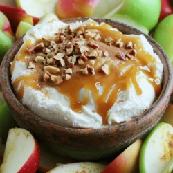 - 1 (8 oz) package cream cheese, softened - 1/2 cup powdered sugar - 1/4 cup brown sugar - 1 teaspoon vanilla extract - 1/2 cup caramel sauce - 1/2 teaspoon cinnamon - 2-3 apples (such as Granny Smith or Honeycrisp) - Chopped nuts (for garnish) You can change up this recipe with fun extras. Try adding mini chocolate chips for a sweet touch. You can also use different nuts, like almonds or pecans. If you want a twist, add a splash of maple syrup for flavor. For sweeteners, feel free to swap the sugars with alternatives like honey or agave syrup. You can also use a sugar-free caramel sauce if preferred. These options can make the dip fit your taste or dietary needs. Enjoy creating your perfect caramel apple dip! For the full recipe, check out the detailed instructions. Start by grabbing your mixing bowl. Take the softened cream cheese and beat it well. Use an electric mixer for this step. You want it to become smooth and creamy. This is the base of your dip. Next, add in the powdered sugar, brown sugar, and vanilla extract. Mix everything together until it’s fluffy. This sweet mixture will make the dip rich and tasty. Now, it’s time to layer. Take your creamy mix and spread it evenly into a serving dish. This will be the first layer people see. It should look nice and inviting. Now comes the fun part! Drizzle the caramel sauce over your cream cheese layer. Make sure to cover it well. This adds a sweet touch that everyone loves. Then, sprinkle cinnamon over the caramel. This will give it a warm flavor. If you like nuts, add chopped nuts on top. They add a great crunch! After adding the toppings, it’s time to chill. Place the dip in the refrigerator for about 30 minutes. This step is key because it lets the flavors mix. Chilling makes it taste even better! After it’s chilled, serve it with sliced apples. The fresh apples make a great pair with the dip. Enjoy your delicious Caramel Apple Dip with Cream Cheese! To get the best dip, use softened cream cheese. Softened cream cheese blends well and gives a smooth texture. Cold cream cheese can make your dip lumpy. Leave it out for about 30 minutes before mixing. When you beat the cream cheese, use a hand mixer or a stand mixer. Mix at medium speed for about two minutes. This helps to make the dip fluffy and light. You can add fun mix-ins to your dip. Try adding mini chocolate chips for a sweet twist. Chopped nuts also add crunch and flavor. If you like spice, add a pinch of nutmeg or ginger. Adjust the sweetness by adding more or less brown sugar. Taste as you go to find your perfect balance. The right apples can make your dip shine. I recommend Granny Smith apples for their tartness. Honeycrisp apples are sweet and crunchy, too. Slice your apples just before serving to keep them fresh. For a fun serving idea, use a cute bowl for the dip and place the apple slices around it. You can even add a few caramel candies on top for decoration. {{image_2}} You can mix up the flavors of your caramel apple dip. One tasty option is to add chocolate. You can swirl in some melted chocolate or sprinkle chocolate chips on top. The rich taste of chocolate pairs well with the sweetness of caramel. You can also add nuts or fruits to your dip. Chopped pecans or walnuts give a nice crunch. For a fruity twist, try adding dried cranberries or raisins. These add color and a bit of tang. Each bite can surprise you with new flavors. Seasonal changes can inspire new dips. For the holidays, you might want to sprinkle festive spices like nutmeg or ginger. A layer of crushed candy canes on top can make it even more special. You can also use seasonal fruits in your dip. In fall, crisp apples work great. In summer, try fresh peaches or strawberries. Each season brings a new chance to explore flavors. You can make this dip fit different diets easily. For a gluten-free option, just check that your caramel sauce is gluten-free. Many brands offer sauces that fit this need. If you want a vegan dip, you can swap cream cheese for a plant-based version. Use coconut or almond cream and vegan caramel sauce. This way, everyone can enjoy this tasty treat. For the full recipe, check out the [Full Recipe]. To keep your leftover dip fresh, store it in an airtight container. This will help prevent it from absorbing other smells in your fridge. If you want to keep it safe, use glass or plastic containers with tight-fitting lids. These containers keep moisture in and air out. The dip lasts about 3 to 5 days in the fridge. Make sure to check for any changes in smell or texture before eating it. If it looks or smells off, it’s best to throw it away. Yes, you can freeze the dip! To freeze it, place it in a freezer-safe container. Leave some space at the top for expansion. To thaw the dip, place it in the fridge overnight. This keeps the texture smooth. Before serving again, stir it gently to mix any separated ingredients. For the full recipe, check the link provided. Enjoy your caramel apple dip! Can I use low-fat cream cheese? Yes, you can use low-fat cream cheese. It will still taste good. Just remember, it may be a bit less creamy. How can I make caramel sauce from scratch? Making caramel sauce is simple! You need sugar, butter, and cream. Cook sugar until it melts and turns golden. Stir in butter, then add cream slowly. Cook until smooth. What kind of fruits can I dip? You can dip many fruits! Try apples, pears, bananas, or strawberries. These fruits pair well with the sweet dip. Why is my dip too runny? Your dip may be too runny if the cream cheese is not firm enough. Make sure to use softened cream cheese, not melted. What to do if the flavors are too strong? If the flavors are too strong, add more cream cheese. Mix it in to balance the taste. For the complete recipe details, check out the [Full Recipe](#). This blog post covered a tasty cream cheese dip recipe. You learned about the main ingredients, optional add-ins, and step-by-step instructions. I also shared tips for the best texture and flavor. You can even find variations and storage info. Creating this dip can be fun and easy. It’s a perfect treat for sharing. You can customize it to fit any occasion or flavor you like. Enjoy your dip and happy cooking!