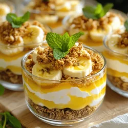 To make this creamy banana dessert, you need a few key ingredients: - 3 ripe bananas, sliced - 1 cup mascarpone cheese - 1/2 cup Greek yogurt - 1/4 cup honey (or maple syrup for a vegan option) - 1 teaspoon vanilla extract - 1/2 teaspoon cinnamon - 1 cup granola - Fresh mint leaves for garnish These ingredients create a rich and smooth base. The ripe bananas add natural sweetness and flavor. Mascarpone and Greek yogurt provide a creamy texture that makes this dessert truly special. You can enhance this dessert with some optional ingredients: - Chocolate chips for a sweet touch - Nuts like walnuts or almonds for crunch - Other fruits like strawberries or blueberries for extra color These additions can make your dessert even more fun. Feel free to mix and match based on your taste. You can easily adapt this recipe for different diets: - For a vegan version, use maple syrup instead of honey. - Swap mascarpone with a vegan cream cheese or coconut cream. - For gluten-free options, ensure your granola is certified gluten-free. These substitutions help you enjoy this dessert while meeting your dietary needs. You can still savor the creamy banana bliss! To start, gather your ingredients. You need mascarpone cheese, Greek yogurt, honey, vanilla extract, and cinnamon. Place these in a large bowl. Use a whisk to blend them well. Mix until the mixture is smooth and creamy. This will be the base for your dessert. It adds richness and flavor. The honey gives it sweetness. If you want a vegan option, use maple syrup. Now it’s time to layer! Take three ripe bananas and slice them. Start by placing half of the banana slices at the bottom of your serving bowls. You can use clear glasses for a pretty view. Next, take half of the creamy mixture and spoon it gently over the bananas. Spread it out evenly. Then, add the rest of the banana slices on top of this layer. Finally, finish with the remaining creamy mixture. Make sure it covers the bananas well. After layering, cover the bowls with plastic wrap. Place them in the refrigerator. Let them chill for about 30 minutes. This helps the flavors blend together nicely. Just before serving, sprinkle granola on top. This adds a crunchy texture. For a fresh pop of color, add mint leaves as a garnish. Now your creamy banana dessert looks amazing and tastes even better! Enjoy every spoonful of this treat. For more details, check the Full Recipe. To get a smooth and creamy dessert, use room-temperature mascarpone cheese. Cold cheese does not blend well. Mix the mascarpone and Greek yogurt until completely smooth. Whisking helps trap air and creates a light texture. If you want it even creamier, you can fold in whipped cream. This adds extra fluffiness and richness. For a beautiful presentation, use clear glasses or bowls. Layering the bananas and creamy mix creates a nice effect. Top with a sprinkle of granola for crunch. Add fresh mint leaves on top for color. This makes your dessert look as good as it tastes. You can also drizzle a bit of honey on top for extra sweetness. One common mistake is using overripe bananas. They can make the dish too mushy. Always slice your bananas just before serving. This keeps them fresh and colorful. Another mistake is not chilling the dessert long enough. Chilling helps the flavors blend and makes it firmer. Avoid these errors, and you’ll have a perfect creamy banana dessert. {{image_2}} You can switch up the fruit in this creamy dessert. Try using ripe strawberries or juicy peaches. Both fruits add a nice twist. You can even use mixed berries for a colorful treat. Just layer the fruit like you do with bananas. Each fruit will bring its own flavor to the dish. If you want a different creamy base, you have choices! Use coconut cream for a dairy-free version. It gives a rich taste with a hint of coconut flavor. Silken tofu can also work well for a vegan base. Blend it until smooth for a nice creamy texture. You can easily add fun flavors to your dessert. Mix in cocoa powder for a chocolatey treat. You can also swirl in almond or peanut butter for a nutty taste. These additions make the dessert even more special. Just be sure to keep the balance so it stays creamy and delicious. For the complete instructions, check the Full Recipe. To keep leftover creamy banana dessert fresh, cover it tightly with plastic wrap or a lid. This helps prevent drying out and keeps the dessert tasty. Store the dessert in the fridge. It will stay good for about three days. If you want to save the dessert for later, you can freeze it. First, scoop the layers into an airtight container. Make sure to leave some space at the top for expansion. It can last up to two months in the freezer. Just remember, the texture may change a bit after thawing. To enjoy your dessert, take it out of the fridge or freezer. If frozen, thaw it in the fridge overnight. For a fresh taste, serve it cold. Add some granola and mint just before serving. This adds crunch and color. You can find the full recipe in the earlier sections. To make this dessert vegan, use dairy-free substitutes. You can replace the mascarpone cheese with a vegan cream cheese or a cashew cream. Instead of Greek yogurt, use coconut yogurt or almond yogurt. For sweetness, maple syrup works great. This way, you keep all the creamy goodness without any animal products. Yes, you can use frozen bananas. Just be aware that they may be softer. This can change the texture but still tastes great. Thaw the bananas first, then slice them for layering. They add a nice, cool flavor to your dessert. If you don’t have mascarpone cheese, try cream cheese. Blend it until smooth for a similar texture. You can also use ricotta cheese for a lighter option. These substitutes will keep your dessert creamy and delicious. You can keep this dessert in the fridge for up to three days. It’s best to cover it well with plastic wrap or a lid. This helps keep it fresh and tasty. After a day, the bananas may brown a bit, but it will still be good. You can use many different toppings. Try chopped nuts for a crunchy bite. Shredded coconut adds a nice tropical feel. Fresh berries can brighten up the dish, too. You can mix and match for fun flavors and textures. - 3 ripe bananas, sliced - 1 cup mascarpone cheese - 1/2 cup Greek yogurt - 1/4 cup honey (or maple syrup for a vegan option) - 1 teaspoon vanilla extract - 1/2 teaspoon cinnamon - 1 cup granola - Fresh mint leaves for garnish 1. In a mixing bowl, combine the mascarpone cheese, Greek yogurt, honey, vanilla extract, and cinnamon. Whisk until smooth and creamy. 2. Take half of the sliced bananas and layer them at the bottom of serving bowls or glasses. 3. Spoon half of the creamy mixture over the bananas, spreading it evenly. 4. Add another layer with the remaining banana slices, followed by the rest of the creamy mixture on top. 5. Chill the dessert in the refrigerator for about 30 minutes to let the flavors meld and the dessert set slightly. 6. Just before serving, sprinkle granola over the top for a delightful crunch. 7. Garnish with fresh mint leaves for a pop of color and freshness. This creamy banana dessert serves four. Each serving contains about 250 calories. It is rich in protein and provides healthy fats from the yogurt and cheese. The bananas add natural sweetness and fiber. Enjoy this treat as a light dessert or a tasty snack! You learned how to make a creamy banana dessert from scratch. We covered the main and optional ingredients, step-by-step instructions, and handy tips. You now know how to customize your dessert with different flavors and fruits. Storing leftovers or freezing them is easy. Remember, you can tweak the recipe for dietary needs too. Enjoy this delicious treat, and share it with friends and family! Your dessert will impress everyone.