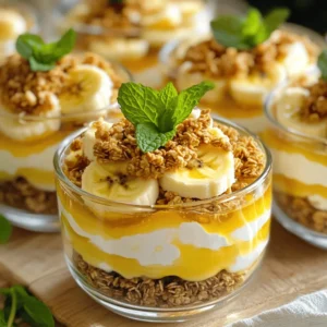 To make this creamy banana dessert, you need a few key ingredients: - 3 ripe bananas, sliced - 1 cup mascarpone cheese - 1/2 cup Greek yogurt - 1/4 cup honey (or maple syrup for a vegan option) - 1 teaspoon vanilla extract - 1/2 teaspoon cinnamon - 1 cup granola - Fresh mint leaves for garnish These ingredients create a rich and smooth base. The ripe bananas add natural sweetness and flavor. Mascarpone and Greek yogurt provide a creamy texture that makes this dessert truly special. You can enhance this dessert with some optional ingredients: - Chocolate chips for a sweet touch - Nuts like walnuts or almonds for crunch - Other fruits like strawberries or blueberries for extra color These additions can make your dessert even more fun. Feel free to mix and match based on your taste. You can easily adapt this recipe for different diets: - For a vegan version, use maple syrup instead of honey. - Swap mascarpone with a vegan cream cheese or coconut cream. - For gluten-free options, ensure your granola is certified gluten-free. These substitutions help you enjoy this dessert while meeting your dietary needs. You can still savor the creamy banana bliss! To start, gather your ingredients. You need mascarpone cheese, Greek yogurt, honey, vanilla extract, and cinnamon. Place these in a large bowl. Use a whisk to blend them well. Mix until the mixture is smooth and creamy. This will be the base for your dessert. It adds richness and flavor. The honey gives it sweetness. If you want a vegan option, use maple syrup. Now it’s time to layer! Take three ripe bananas and slice them. Start by placing half of the banana slices at the bottom of your serving bowls. You can use clear glasses for a pretty view. Next, take half of the creamy mixture and spoon it gently over the bananas. Spread it out evenly. Then, add the rest of the banana slices on top of this layer. Finally, finish with the remaining creamy mixture. Make sure it covers the bananas well. After layering, cover the bowls with plastic wrap. Place them in the refrigerator. Let them chill for about 30 minutes. This helps the flavors blend together nicely. Just before serving, sprinkle granola on top. This adds a crunchy texture. For a fresh pop of color, add mint leaves as a garnish. Now your creamy banana dessert looks amazing and tastes even better! Enjoy every spoonful of this treat. For more details, check the Full Recipe. To get a smooth and creamy dessert, use room-temperature mascarpone cheese. Cold cheese does not blend well. Mix the mascarpone and Greek yogurt until completely smooth. Whisking helps trap air and creates a light texture. If you want it even creamier, you can fold in whipped cream. This adds extra fluffiness and richness. For a beautiful presentation, use clear glasses or bowls. Layering the bananas and creamy mix creates a nice effect. Top with a sprinkle of granola for crunch. Add fresh mint leaves on top for color. This makes your dessert look as good as it tastes. You can also drizzle a bit of honey on top for extra sweetness. One common mistake is using overripe bananas. They can make the dish too mushy. Always slice your bananas just before serving. This keeps them fresh and colorful. Another mistake is not chilling the dessert long enough. Chilling helps the flavors blend and makes it firmer. Avoid these errors, and you’ll have a perfect creamy banana dessert. {{image_2}} You can switch up the fruit in this creamy dessert. Try using ripe strawberries or juicy peaches. Both fruits add a nice twist. You can even use mixed berries for a colorful treat. Just layer the fruit like you do with bananas. Each fruit will bring its own flavor to the dish. If you want a different creamy base, you have choices! Use coconut cream for a dairy-free version. It gives a rich taste with a hint of coconut flavor. Silken tofu can also work well for a vegan base. Blend it until smooth for a nice creamy texture. You can easily add fun flavors to your dessert. Mix in cocoa powder for a chocolatey treat. You can also swirl in almond or peanut butter for a nutty taste. These additions make the dessert even more special. Just be sure to keep the balance so it stays creamy and delicious. For the complete instructions, check the Full Recipe. To keep leftover creamy banana dessert fresh, cover it tightly with plastic wrap or a lid. This helps prevent drying out and keeps the dessert tasty. Store the dessert in the fridge. It will stay good for about three days. If you want to save the dessert for later, you can freeze it. First, scoop the layers into an airtight container. Make sure to leave some space at the top for expansion. It can last up to two months in the freezer. Just remember, the texture may change a bit after thawing. To enjoy your dessert, take it out of the fridge or freezer. If frozen, thaw it in the fridge overnight. For a fresh taste, serve it cold. Add some granola and mint just before serving. This adds crunch and color. You can find the full recipe in the earlier sections. To make this dessert vegan, use dairy-free substitutes. You can replace the mascarpone cheese with a vegan cream cheese or a cashew cream. Instead of Greek yogurt, use coconut yogurt or almond yogurt. For sweetness, maple syrup works great. This way, you keep all the creamy goodness without any animal products. Yes, you can use frozen bananas. Just be aware that they may be softer. This can change the texture but still tastes great. Thaw the bananas first, then slice them for layering. They add a nice, cool flavor to your dessert. If you don’t have mascarpone cheese, try cream cheese. Blend it until smooth for a similar texture. You can also use ricotta cheese for a lighter option. These substitutes will keep your dessert creamy and delicious. You can keep this dessert in the fridge for up to three days. It’s best to cover it well with plastic wrap or a lid. This helps keep it fresh and tasty. After a day, the bananas may brown a bit, but it will still be good. You can use many different toppings. Try chopped nuts for a crunchy bite. Shredded coconut adds a nice tropical feel. Fresh berries can brighten up the dish, too. You can mix and match for fun flavors and textures. - 3 ripe bananas, sliced - 1 cup mascarpone cheese - 1/2 cup Greek yogurt - 1/4 cup honey (or maple syrup for a vegan option) - 1 teaspoon vanilla extract - 1/2 teaspoon cinnamon - 1 cup granola - Fresh mint leaves for garnish 1. In a mixing bowl, combine the mascarpone cheese, Greek yogurt, honey, vanilla extract, and cinnamon. Whisk until smooth and creamy. 2. Take half of the sliced bananas and layer them at the bottom of serving bowls or glasses. 3. Spoon half of the creamy mixture over the bananas, spreading it evenly. 4. Add another layer with the remaining banana slices, followed by the rest of the creamy mixture on top. 5. Chill the dessert in the refrigerator for about 30 minutes to let the flavors meld and the dessert set slightly. 6. Just before serving, sprinkle granola over the top for a delightful crunch. 7. Garnish with fresh mint leaves for a pop of color and freshness. This creamy banana dessert serves four. Each serving contains about 250 calories. It is rich in protein and provides healthy fats from the yogurt and cheese. The bananas add natural sweetness and fiber. Enjoy this treat as a light dessert or a tasty snack! You learned how to make a creamy banana dessert from scratch. We covered the main and optional ingredients, step-by-step instructions, and handy tips. You now know how to customize your dessert with different flavors and fruits. Storing leftovers or freezing them is easy. Remember, you can tweak the recipe for dietary needs too. Enjoy this delicious treat, and share it with friends and family! Your dessert will impress everyone.