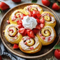 - 2 cups all-purpose flour - 1/4 cup granulated sugar - 1 packet instant yeast - 1/2 teaspoon salt - 1/2 cup milk, warmed - 1/4 cup unsalted butter, melted - 1 large egg - 1 cup cream cheese, softened - 1/2 cup powdered sugar - 1 teaspoon vanilla extract - 1 1/2 cups fresh strawberries, diced - 1 egg wash (1 egg whisked with 1 tablespoon water) - Optional: Whipped cream for serving - Mixing bowls - Rolling pin - Baking dish - Whisk - Converting metric measurements: To convert cups to grams, know that 1 cup of flour is about 120 grams. Use a scale for accuracy. - Substitutions for key ingredients: You can replace all-purpose flour with a gluten-free blend. Yogurt can replace cream cheese for a lighter option. This list of ingredients is key to making the best Strawberry Cheesecake Sweet Rolls. Each item plays a part in creating that perfect blend of flavors. The fresh strawberries add a sweet and tangy taste. The cream cheese gives it a rich texture. Using the right tools helps too. A rolling pin makes it easier to spread dough. Mixing bowls help keep everything organized. These simple items are all you need to start. Feel free to explore the Full Recipe for detailed steps on how to use these ingredients. - Combine warm milk and yeast. In a bowl, mix warm milk, melted butter, and sugar. Sprinkle the yeast on top. Let it sit for about five minutes. It should become frothy. - Mix flour, salt, and wet ingredients. In a separate bowl, combine the flour and salt. Add the yeast mixture and egg. Stir until a dough forms. - Kneading the dough. On a floured surface, knead the dough for about five to seven minutes. Make it smooth and elastic. Place it in a greased bowl. Cover it with a towel and let it rise for about one hour. It should double in size. - Mixing cream cheese and sugar. In a bowl, beat the softened cream cheese and powdered sugar until smooth. Add in the vanilla extract for flavor. - Incorporating strawberries. Gently fold in the diced strawberries. Make sure they are evenly mixed in. Set the filling aside while the dough rises. - Rolling out the dough. After the dough rises, punch it down. Roll it out on a floured surface into a rectangle about 12 by 18 inches. - Spreading the filling. Spread the cheesecake filling evenly over the dough. Leave a small border around the edges. - Cutting and arranging rolls. Roll the dough tightly from one end. Cut the log into 12 equal pieces. Place them cut side up in a greased baking dish. - Baking time and tips. Preheat your oven to 350°F. Brush the tops with the egg wash. Bake for 25 to 30 minutes, until golden brown. Let them cool slightly before serving. For an extra sweet touch, drizzle with icing made from powdered sugar and milk. For the full recipe, refer to the recipe above. To get the best dough, start with warm milk. It wakes up the yeast. Use a kitchen scale for accurate flour measurements. Too much flour can make your rolls tough. Knead the dough until it feels smooth and elastic. If your dough is sticky, add a little flour, one tablespoon at a time. You want it soft, not wet. Flavored extracts can boost your rolls. Try almond or lemon for a twist. Always use fresh strawberries. They add sweetness and a burst of flavor. Frozen strawberries can be watery and change the texture. Fresh berries give the best results. Garnishing makes your rolls pop. Add fresh strawberries on top for color. A drizzle of icing adds sweetness and makes it look fancy. Serve with whipped cream for a treat. It makes every bite feel special. Arrange the rolls on a pretty plate. This makes them hard to resist. For a fun touch, add mint leaves for color and freshness. For the full recipe, check the main section. {{image_2}} You can get creative with your sweet rolls. Try adding chocolate chips for a rich twist. They melt into gooey pockets of goodness. Nut butter swirls can also make your rolls extra special. Just drizzle your favorite nut butter before rolling. This adds a nutty flavor that pairs well with strawberries. If you need gluten-free options, use a gluten-free flour blend. Make sure it has xanthan gum for the right texture. For a vegan twist, swap out the cream cheese. You can use a vegan cream cheese substitute or even a cashew cream. Both options keep your rolls creamy and delicious. You can change the fruit based on the season. In summer, add peaches or blueberries for a fresh taste. In winter, consider adding spices like cinnamon and nutmeg. This makes your rolls perfect for holiday gatherings. You could even try a pumpkin cheesecake filling for fall vibes. The options are endless! To keep your strawberry cheesecake sweet rolls fresh, place them in an airtight container. Store them in the fridge. They stay good for about 3 to 4 days. If you want them to last longer, freezing is a great option. You can freeze sweet rolls before or after baking. For rolled sweet rolls, wrap them well in plastic wrap. Place them in a freezer bag. This method keeps them fresh for up to 2 months. If you freeze baked rolls, let them cool completely first. Wrap them tightly and store them in a container. For thawing, leave them in the fridge overnight. To reheat, follow the reheating suggestions below. To avoid drying out your sweet rolls, use a microwave or oven. If using a microwave, cover the rolls with a damp paper towel. Heat them for about 20-30 seconds. For the oven, preheat it to 350°F (175°C). Place the rolls in a dish and cover with foil. Heat for about 10-15 minutes. This keeps them soft and tasty. Enjoy your delicious rolls warm! For the full recipe, check the earlier section. Yes, you can prepare the rolls ahead of time. You can make the dough and filling, then assemble the rolls. Cover them tightly and refrigerate. Bake them the next day. This saves you time and keeps them fresh. These sweet rolls last about 2 to 3 days at room temperature in an airtight container. If you want to keep them longer, store them in the fridge for up to a week. Just remember, they taste best fresh! Absolutely! You can use blueberries, raspberries, or peaches. Just make sure to chop the fruit into small pieces. Each fruit will give your rolls a different flavor, so feel free to experiment! If you don’t have instant yeast, you can use active dry yeast instead. Just remember to activate it first. Mix it with warm milk and sugar. Let it sit for about 5 to 10 minutes until it bubbles. Yes, you can make these rolls dairy-free. Use almond milk or oat milk instead of regular milk. For the cream cheese, try a plant-based cream cheese alternative. This way, everyone can enjoy these sweet rolls! Check the Full Recipe for more details. In this blog post, we explored how to make Strawberry Cheesecake Sweet Rolls from scratch. We covered the essential ingredients, kitchen tools, and clear steps to prepare the dough, filling, and bake the rolls. I shared tips for perfecting the dough, enhancing flavors, and presenting your rolls beautifully. Remember, you can customize them with different fillings and dietary options. Enjoy experimenting in the kitchen, as baking is all about creativity. Prepare these tasty rolls to delight any gathering or treat yourself!
