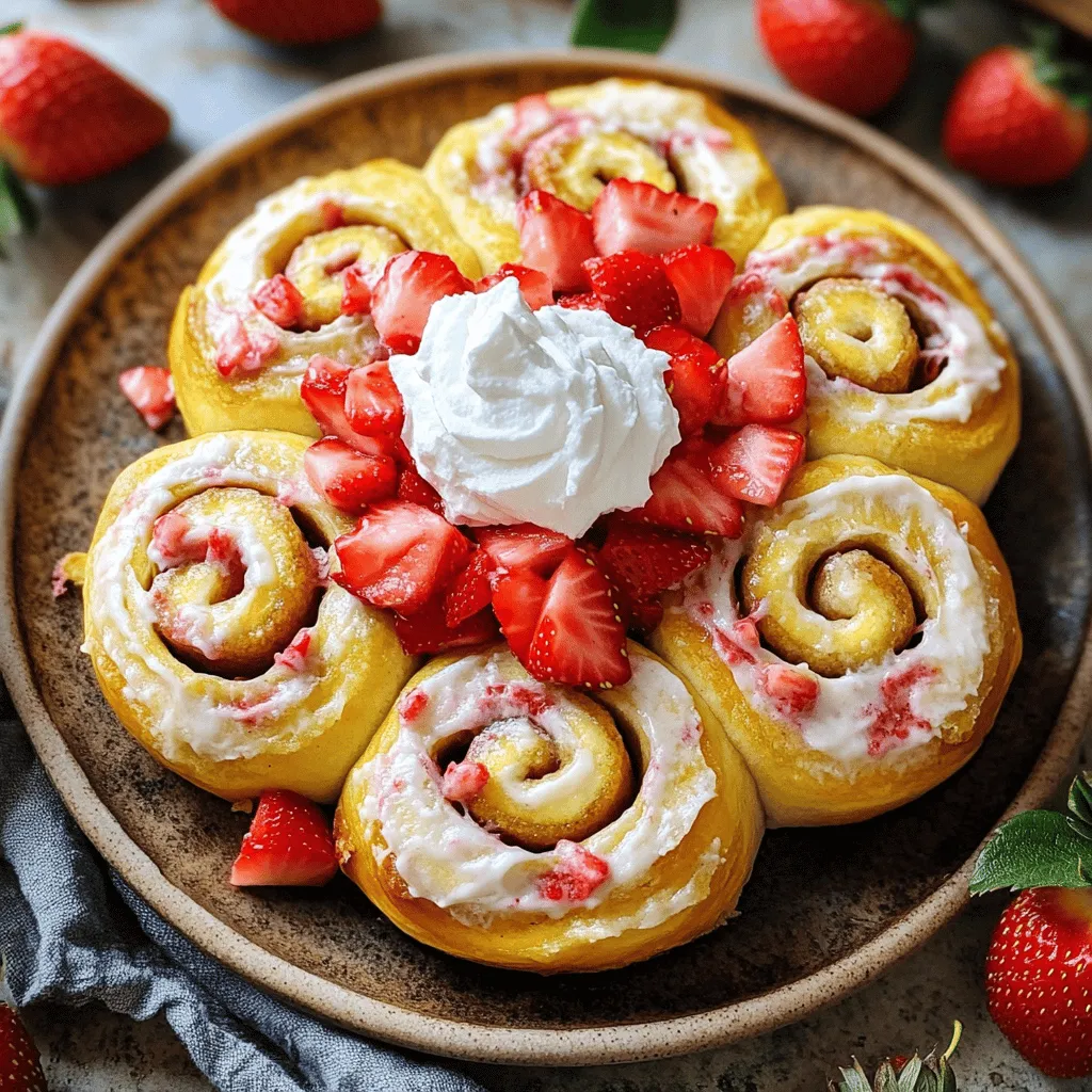 - 2 cups all-purpose flour - ¼ cup granulated sugar - 1 packet instant yeast - ½ teaspoon salt - ½ cup milk, warmed - ¼ cup unsalted butter, melted - 1 large egg - 1 cup cream cheese, softened - ½ cup powdered sugar - 1 teaspoon vanilla extract - 1 ½ cups fresh strawberries, diced - 1 egg wash (1 egg whisked with 1 tablespoon water) - Optional: Whipped cream for serving - Mixing bowls - Rolling pin - Baking dish - Whisk - Converting metric measurements: To convert cups to grams, know that 1 cup of flour is about 120 grams. Use a scale for accuracy. - Substitutions for key ingredients: You can replace all-purpose flour with a gluten-free blend. Yogurt can replace cream cheese for a lighter option. This list of ingredients is key to making the best Strawberry Cheesecake Sweet Rolls. Each item plays a part in creating that perfect blend of flavors. The fresh strawberries add a sweet and tangy taste. The cream cheese gives it a rich texture. Using the right tools helps too. A rolling pin makes it easier to spread dough. Mixing bowls help keep everything organized. These simple items are all you need to start. Feel free to explore the Full Recipe for detailed steps on how to use these ingredients. - Combine warm milk and yeast. In a bowl, mix warm milk, melted butter, and sugar. Sprinkle the yeast on top. Let it sit for about five minutes. It should become frothy. - Mix flour, salt, and wet ingredients. In a separate bowl, combine the flour and salt. Add the yeast mixture and egg. Stir until a dough forms. - Kneading the dough. On a floured surface, knead the dough for about five to seven minutes. Make it smooth and elastic. Place it in a greased bowl. Cover it with a towel and let it rise for about one hour. It should double in size. - Mixing cream cheese and sugar. In a bowl, beat the softened cream cheese and powdered sugar until smooth. Add in the vanilla extract for flavor. - Incorporating strawberries. Gently fold in the diced strawberries. Make sure they are evenly mixed in. Set the filling aside while the dough rises. - Rolling out the dough. After the dough rises, punch it down. Roll it out on a floured surface into a rectangle about 12 by 18 inches. - Spreading the filling. Spread the cheesecake filling evenly over the dough. Leave a small border around the edges. - Cutting and arranging rolls. Roll the dough tightly from one end. Cut the log into 12 equal pieces. Place them cut side up in a greased baking dish. - Baking time and tips. Preheat your oven to 350°F. Brush the tops with the egg wash. Bake for 25 to 30 minutes, until golden brown. Let them cool slightly before serving. For an extra sweet touch, drizzle with icing made from powdered sugar and milk. For the full recipe, refer to the recipe above. To get the best dough, start with warm milk. It wakes up the yeast. Use a kitchen scale for accurate flour measurements. Too much flour can make your rolls tough. Knead the dough until it feels smooth and elastic. If your dough is sticky, add a little flour, one tablespoon at a time. You want it soft, not wet. Flavored extracts can boost your rolls. Try almond or lemon for a twist. Always use fresh strawberries. They add sweetness and a burst of flavor. Frozen strawberries can be watery and change the texture. Fresh berries give the best results. Garnishing makes your rolls pop. Add fresh strawberries on top for color. A drizzle of icing adds sweetness and makes it look fancy. Serve with whipped cream for a treat. It makes every bite feel special. Arrange the rolls on a pretty plate. This makes them hard to resist. For a fun touch, add mint leaves for color and freshness. For the full recipe, check the main section. {{image_2}} You can get creative with your sweet rolls. Try adding chocolate chips for a rich twist. They melt into gooey pockets of goodness. Nut butter swirls can also make your rolls extra special. Just drizzle your favorite nut butter before rolling. This adds a nutty flavor that pairs well with strawberries. If you need gluten-free options, use a gluten-free flour blend. Make sure it has xanthan gum for the right texture. For a vegan twist, swap out the cream cheese. You can use a vegan cream cheese substitute or even a cashew cream. Both options keep your rolls creamy and delicious. You can change the fruit based on the season. In summer, add peaches or blueberries for a fresh taste. In winter, consider adding spices like cinnamon and nutmeg. This makes your rolls perfect for holiday gatherings. You could even try a pumpkin cheesecake filling for fall vibes. The options are endless! To keep your strawberry cheesecake sweet rolls fresh, place them in an airtight container. Store them in the fridge. They stay good for about 3 to 4 days. If you want them to last longer, freezing is a great option. You can freeze sweet rolls before or after baking. For rolled sweet rolls, wrap them well in plastic wrap. Place them in a freezer bag. This method keeps them fresh for up to 2 months. If you freeze baked rolls, let them cool completely first. Wrap them tightly and store them in a container. For thawing, leave them in the fridge overnight. To reheat, follow the reheating suggestions below. To avoid drying out your sweet rolls, use a microwave or oven. If using a microwave, cover the rolls with a damp paper towel. Heat them for about 20-30 seconds. For the oven, preheat it to 350°F (175°C). Place the rolls in a dish and cover with foil. Heat for about 10-15 minutes. This keeps them soft and tasty. Enjoy your delicious rolls warm! For the full recipe, check the earlier section. Yes, you can prepare the rolls ahead of time. You can make the dough and filling, then assemble the rolls. Cover them tightly and refrigerate. Bake them the next day. This saves you time and keeps them fresh. These sweet rolls last about 2 to 3 days at room temperature in an airtight container. If you want to keep them longer, store them in the fridge for up to a week. Just remember, they taste best fresh! Absolutely! You can use blueberries, raspberries, or peaches. Just make sure to chop the fruit into small pieces. Each fruit will give your rolls a different flavor, so feel free to experiment! If you don’t have instant yeast, you can use active dry yeast instead. Just remember to activate it first. Mix it with warm milk and sugar. Let it sit for about 5 to 10 minutes until it bubbles. Yes, you can make these rolls dairy-free. Use almond milk or oat milk instead of regular milk. For the cream cheese, try a plant-based cream cheese alternative. This way, everyone can enjoy these sweet rolls! Check the Full Recipe for more details. In this blog post, we explored how to make Strawberry Cheesecake Sweet Rolls from scratch. We covered the essential ingredients, kitchen tools, and clear steps to prepare the dough, filling, and bake the rolls. I shared tips for perfecting the dough, enhancing flavors, and presenting your rolls beautifully. Remember, you can customize them with different fillings and dietary options. Enjoy experimenting in the kitchen, as baking is all about creativity. Prepare these tasty rolls to delight any gathering or treat yourself!