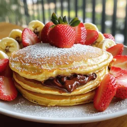To make Nutella stuffed pancakes, gather these simple items: - 1 cup all-purpose flour - 2 tablespoons granulated sugar - 1 tablespoon baking powder - 1/2 teaspoon salt - 1 cup milk - 1 large egg - 2 tablespoons melted butter (plus more for cooking) - 1/2 cup Nutella - Powdered sugar (for serving) - Fresh strawberries or bananas (optional, for topping) These ingredients work together to create a fluffy, sweet treat. You can easily swap some ingredients if needed: - For dairy-free, use almond or oat milk. - Use whole wheat flour for a healthier option. - You can replace Nutella with any chocolate spread. - For a lighter pancake, use egg whites instead of a whole egg. These swaps keep the pancakes tasty and fun. To make your pancakes, you need a few key tools: - Mixing bowls - Whisk - Non-stick skillet or griddle - Measuring cups and spoons - Spatula These tools help you mix well and cook evenly, making your pancake experience enjoyable. To start, grab a large bowl. In this bowl, mix the dry ingredients. You need 1 cup of all-purpose flour, 2 tablespoons of sugar, 1 tablespoon of baking powder, and 1/2 teaspoon of salt. Whisk them together until they blend well. Next, take a separate bowl for the wet ingredients. Pour in 1 cup of milk, add 1 large egg, and 2 tablespoons of melted butter. Stir this mixture until it is smooth. Now, combine the wet and dry mixtures. Pour the wet ingredients into the dry bowl. Stir gently until they just mix. Don't worry if the batter looks a bit lumpy; that's okay! Now, it’s time to cook! Preheat a non-stick skillet or griddle over medium heat. Lightly grease it with some butter. Pour about 1/4 cup of pancake batter onto the skillet for each pancake. Let them cook for about 2 minutes. Watch for bubbles to form on the surface. This shows they are ready to flip. Here’s where the magic happens! Use a spoon to drop 1 tablespoon of Nutella right in the center of each pancake. Cover it with a little more batter, about another tablespoon, to seal the Nutella inside. Carefully flip the pancake using a spatula. Cook for another 1-2 minutes until it turns golden brown. Once done, take the pancakes off the skillet. Keep them warm while you repeat this with the remaining batter. Serve your Nutella stuffed pancakes warm, dusted with powdered sugar, and topped with fresh strawberries or banana slices if you like. Enjoy this fluffy delight! For more detailed steps, check the Full Recipe. To make fluffy pancakes, use fresh baking powder. This helps them rise well. Mix your wet and dry ingredients separately first. Then combine them gently. Lumps in the batter are okay; they make pancakes airy. Let the batter rest for a few minutes. This step allows the gluten to relax. One big mistake is overmixing the batter. This can make pancakes tough. Another common error is cooking on high heat. Too much heat burns the outside while leaving the inside raw. Always keep the heat at medium and check the pancakes often. Finally, don't skip the Nutella filling. It adds a rich taste that makes these pancakes special. Serve Nutella stuffed pancakes hot from the skillet. Dust them with powdered sugar for a sweet touch. Add fresh strawberries or banana slices on top. A drizzle of maple syrup can enhance the flavor too. You can also serve them with whipped cream for extra fun. For the full recipe, you can follow the detailed steps provided above. Enjoy this tasty treat! {{image_2}} You can make Nutella stuffed pancakes even better by adding fruit. Fresh strawberries or bananas work great. Just slice them up and place them on top. The sweet fruit will balance the rich Nutella. You can also mix some berries into the batter for extra flavor. This adds both color and taste to your pancakes. If you want to make vegan Nutella stuffed pancakes, swap the egg and milk. Use almond milk or coconut milk instead. Replace the egg with a flaxseed meal. Mix one tablespoon of flaxseed with three tablespoons of water. Let it sit for a few minutes to thicken. For gluten-free pancakes, use a gluten-free flour blend. This way, everyone can enjoy them. Nutella is great, but you can try other fillings too. Peanut butter or almond butter is a tasty choice. You can also use fruit preserves or chocolate chips. For toppings, consider whipped cream or maple syrup. A sprinkle of nuts or coconut flakes adds crunch. Get creative and mix flavors that you love! For the complete recipe, check out the Full Recipe section. After enjoying your Nutella stuffed pancakes, you might have some left. To store them, place the pancakes in an airtight container. If you stack them, put a piece of parchment paper between each pancake. This helps to prevent them from sticking together. Keep the container in the fridge. They will stay fresh for about 2-3 days. When you are ready to enjoy those pancakes again, reheating is key. The best way to reheat is on a skillet. Preheat the skillet on low heat. Place the pancakes on the skillet and cover with a lid. Heat for about 1-2 minutes on each side. This warms them through and keeps them fluffy. You can also use a microwave. Just place them on a plate and cover with a damp paper towel. Heat for about 15-20 seconds. If you want to save some Nutella stuffed pancakes for later, freezing works great. First, let the pancakes cool completely. Then, place parchment paper between each pancake. Stack them in a freezer-safe bag or container. Remove as much air as possible before sealing. You can freeze them for up to 2 months. When you are ready to eat, simply reheat them straight from the freezer, either in a skillet or microwave. Yes, you can prepare the batter ahead of time. Mix the dry and wet ingredients separately. Keep them in the fridge until you are ready to cook. When you want to make the pancakes, just combine them. Stir gently to keep the batter fluffy. This makes breakfast quick and easy! Watch for bubbles forming on the surface of the pancakes. They should take about 2 minutes on each side. When you flip them, they should be golden brown. If they look too pale, give them a bit more time. Perfect pancakes should be soft and slightly springy. If you don’t have Nutella, try using peanut butter or almond butter. Both options will add great flavor. You can also use chocolate spread or any favorite jam. For a healthier twist, consider a banana or apple filling. Each option brings a new taste to your pancakes. Enjoy experimenting! For the full recipe, see the section above. This blog post covered all you need for making delicious pancakes. We looked at key ingredients and tools, giving you options for substitutions. I shared clear steps for preparing, cooking, and flipping your pancakes. Tips helped you avoid common mistakes and create fluffy results. We also explored fun variations and storage tips to enjoy later. Now, you’re ready to make pancakes that impress everyone. Enjoy cooking and experimenting with flavors!