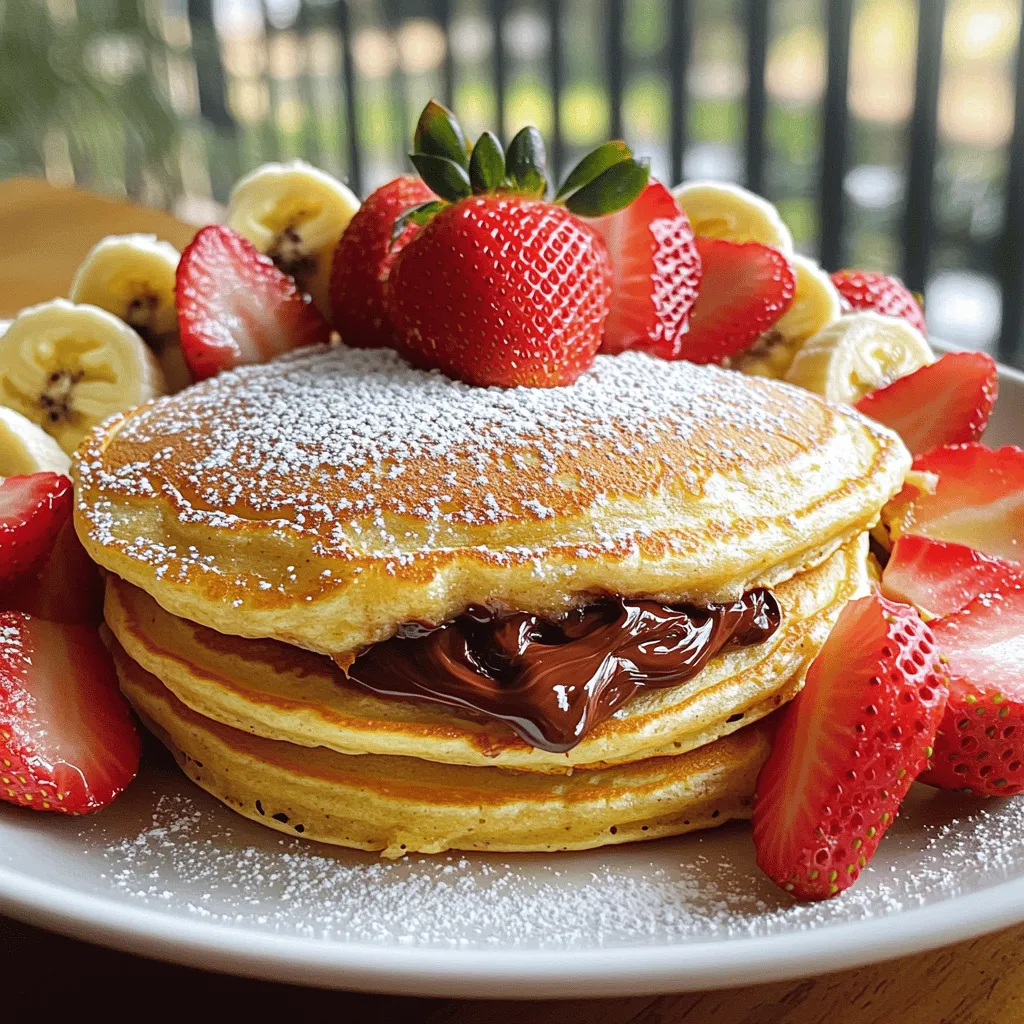 To make Nutella stuffed pancakes, gather these simple items: - 1 cup all-purpose flour - 2 tablespoons granulated sugar - 1 tablespoon baking powder - ½ teaspoon salt - 1 cup milk - 1 large egg - 2 tablespoons melted butter (plus more for cooking) - ½ cup Nutella - Powdered sugar (for serving) - Fresh strawberries or bananas (optional, for topping) These ingredients work together to create a fluffy, sweet treat. You can easily swap some ingredients if needed: - For dairy-free, use almond or oat milk. - Use whole wheat flour for a healthier option. - You can replace Nutella with any chocolate spread. - For a lighter pancake, use egg whites instead of a whole egg. These swaps keep the pancakes tasty and fun. To make your pancakes, you need a few key tools: - Mixing bowls - Whisk - Non-stick skillet or griddle - Measuring cups and spoons - Spatula These tools help you mix well and cook evenly, making your pancake experience enjoyable. To start, grab a large bowl. In this bowl, mix the dry ingredients. You need 1 cup of all-purpose flour, 2 tablespoons of sugar, 1 tablespoon of baking powder, and ½ teaspoon of salt. Whisk them together until they blend well. Next, take a separate bowl for the wet ingredients. Pour in 1 cup of milk, add 1 large egg, and 2 tablespoons of melted butter. Stir this mixture until it is smooth. Now, combine the wet and dry mixtures. Pour the wet ingredients into the dry bowl. Stir gently until they just mix. Don't worry if the batter looks a bit lumpy; that's okay! Now, it’s time to cook! Preheat a non-stick skillet or griddle over medium heat. Lightly grease it with some butter. Pour about ¼ cup of pancake batter onto the skillet for each pancake. Let them cook for about 2 minutes. Watch for bubbles to form on the surface. This shows they are ready to flip. Here’s where the magic happens! Use a spoon to drop 1 tablespoon of Nutella right in the center of each pancake. Cover it with a little more batter, about another tablespoon, to seal the Nutella inside. Carefully flip the pancake using a spatula. Cook for another 1-2 minutes until it turns golden brown. Once done, take the pancakes off the skillet. Keep them warm while you repeat this with the remaining batter. Serve your Nutella stuffed pancakes warm, dusted with powdered sugar, and topped with fresh strawberries or banana slices if you like. Enjoy this fluffy delight! For more detailed steps, check the Full Recipe. To make fluffy pancakes, use fresh baking powder. This helps them rise well. Mix your wet and dry ingredients separately first. Then combine them gently. Lumps in the batter are okay; they make pancakes airy. Let the batter rest for a few minutes. This step allows the gluten to relax. One big mistake is overmixing the batter. This can make pancakes tough. Another common error is cooking on high heat. Too much heat burns the outside while leaving the inside raw. Always keep the heat at medium and check the pancakes often. Finally, don't skip the Nutella filling. It adds a rich taste that makes these pancakes special. Serve Nutella stuffed pancakes hot from the skillet. Dust them with powdered sugar for a sweet touch. Add fresh strawberries or banana slices on top. A drizzle of maple syrup can enhance the flavor too. You can also serve them with whipped cream for extra fun. For the full recipe, you can follow the detailed steps provided above. Enjoy this tasty treat! {{image_2}} You can make Nutella stuffed pancakes even better by adding fruit. Fresh strawberries or bananas work great. Just slice them up and place them on top. The sweet fruit will balance the rich Nutella. You can also mix some berries into the batter for extra flavor. This adds both color and taste to your pancakes. If you want to make vegan Nutella stuffed pancakes, swap the egg and milk. Use almond milk or coconut milk instead. Replace the egg with a flaxseed meal. Mix one tablespoon of flaxseed with three tablespoons of water. Let it sit for a few minutes to thicken. For gluten-free pancakes, use a gluten-free flour blend. This way, everyone can enjoy them. Nutella is great, but you can try other fillings too. Peanut butter or almond butter is a tasty choice. You can also use fruit preserves or chocolate chips. For toppings, consider whipped cream or maple syrup. A sprinkle of nuts or coconut flakes adds crunch. Get creative and mix flavors that you love! For the complete recipe, check out the Full Recipe section. After enjoying your Nutella stuffed pancakes, you might have some left. To store them, place the pancakes in an airtight container. If you stack them, put a piece of parchment paper between each pancake. This helps to prevent them from sticking together. Keep the container in the fridge. They will stay fresh for about 2-3 days. When you are ready to enjoy those pancakes again, reheating is key. The best way to reheat is on a skillet. Preheat the skillet on low heat. Place the pancakes on the skillet and cover with a lid. Heat for about 1-2 minutes on each side. This warms them through and keeps them fluffy. You can also use a microwave. Just place them on a plate and cover with a damp paper towel. Heat for about 15-20 seconds. If you want to save some Nutella stuffed pancakes for later, freezing works great. First, let the pancakes cool completely. Then, place parchment paper between each pancake. Stack them in a freezer-safe bag or container. Remove as much air as possible before sealing. You can freeze them for up to 2 months. When you are ready to eat, simply reheat them straight from the freezer, either in a skillet or microwave. Yes, you can prepare the batter ahead of time. Mix the dry and wet ingredients separately. Keep them in the fridge until you are ready to cook. When you want to make the pancakes, just combine them. Stir gently to keep the batter fluffy. This makes breakfast quick and easy! Watch for bubbles forming on the surface of the pancakes. They should take about 2 minutes on each side. When you flip them, they should be golden brown. If they look too pale, give them a bit more time. Perfect pancakes should be soft and slightly springy. If you don’t have Nutella, try using peanut butter or almond butter. Both options will add great flavor. You can also use chocolate spread or any favorite jam. For a healthier twist, consider a banana or apple filling. Each option brings a new taste to your pancakes. Enjoy experimenting! For the full recipe, see the section above. This blog post covered all you need for making delicious pancakes. We looked at key ingredients and tools, giving you options for substitutions. I shared clear steps for preparing, cooking, and flipping your pancakes. Tips helped you avoid common mistakes and create fluffy results. We also explored fun variations and storage tips to enjoy later. Now, you’re ready to make pancakes that impress everyone. Enjoy cooking and experimenting with flavors!
