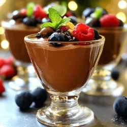 To make a rich and creamy chocolate avocado mousse, gather these essential items: - 2 ripe avocados - 1/3 cup unsweetened cocoa powder - 1/4 cup maple syrup (or honey) - 1/4 cup almond milk (or any milk of choice) - 1 teaspoon vanilla extract - A pinch of sea salt These ingredients work together to create a smooth and delicious treat. The ripe avocados provide a creamy base, while cocoa powder adds deep chocolate flavor. Maple syrup gives it a touch of sweetness, and almond milk keeps it light. Add a fun twist with these optional garnishes: - Fresh berries - Mint leaves These toppings not only make the mousse look pretty but also add fresh flavors. Berries bring a burst of sweetness, and mint gives a cool touch. You can also drizzle a bit of extra maple syrup for added sweetness if desired. If you're missing an ingredient, don't worry! Here are some easy swaps: - Use honey instead of maple syrup for sweetness. - Substitute coconut milk for almond milk for a different flavor. - Try using agave syrup as a vegan sweetener. These substitutions help you tailor the mousse to your taste and dietary needs. Don’t hesitate to experiment! With these ingredients, you can create a delicious chocolate avocado mousse that suits your preferences. For the full recipe, check out [Full Recipe]. To start, gather all your ingredients. You need two ripe avocados, cocoa powder, maple syrup, almond milk, vanilla extract, and sea salt. Cut the avocados in half and remove the pit. Scoop the green flesh into a food processor or a blender. Add the cocoa powder, maple syrup, almond milk, vanilla extract, and sea salt. Blend all the ingredients together until smooth. It should have a creamy texture. If the mix is too thick, add a bit more almond milk. Stop the blender and scrape down the sides to ensure all ingredients mix well. Taste the mousse to see if it’s sweet enough. If not, add a bit more maple syrup and blend again. Once you have a smooth mix, spoon it into individual serving dishes or glasses. Chill in the refrigerator for at least 30 minutes. This helps the flavors blend and the mousse to set. For a nice look, top with fresh berries and mint leaves before serving. For more details, check the Full Recipe. To make a great Chocolate Avocado Mousse, you need ripe avocados. Look for avocados that feel slightly soft when you press them gently. If they are hard, they need more time to ripen. A dark green or black skin usually means the avocado is ready. If you see any dents, it might be overripe. You can speed up ripening by placing them in a paper bag with a banana. Sweetness matters in this dessert. I often start with the suggested 1/4 cup of maple syrup. After blending, I taste the mousse. If it needs more sweetness, I add a little more syrup. Blend again until mixed well. You can also use honey if you prefer. Remember, the chocolate flavor should shine through, so don’t overdo it! Presentation makes your mousse look special. I like to serve it in small glasses. This way, you can see the rich color. Top each serving with fresh berries and a mint leaf. You can also drizzle extra maple syrup on top for a nice finish. These touches bring color and flavor, making it a delight to eat! For the full recipe, check out the details above. {{image_2}} You can easily make this mousse vegan. Simply use maple syrup instead of honey. The recipe is already dairy-free with almond milk. You can also try coconut milk for a richer taste. Both options keep the mousse creamy and smooth. To spice up your mousse, add a few fun ingredients. Try a pinch of cinnamon for warmth. A splash of espresso can deepen the chocolate flavor. You can also mix in a tablespoon of nut butter for extra creaminess. Just blend these in with the other ingredients. You can serve this mousse in many ways. For a fun touch, use small cups for individual servings. This makes each portion feel special. If you’re sharing, use a larger bowl. Scoop out servings for everyone. Either way, top with fresh berries for a burst of color. Check out the Full Recipe for more details! To keep your chocolate avocado mousse fresh, store it in an airtight container. Place a piece of plastic wrap directly on the mousse before sealing the container. This will help prevent browning and keep it creamy. When stored properly, chocolate avocado mousse lasts about three to five days in the fridge. Always check for changes in color or smell before eating. If you see any dark spots, it is best to toss it out. Yes, you can freeze chocolate avocado mousse! Place it in a freezer-safe container, leaving some space at the top for expansion. It can last for up to two months in the freezer. To enjoy, thaw it in the fridge overnight. Blend it again for a smooth texture before serving. Want the full recipe? Check the [Full Recipe]. Yes, you can use other sweeteners. Honey works well too. Agave syrup is another option. Each sweetener offers a unique flavor. Adjust the amount based on your taste. Start with a little, then add more if needed. Avocados are full of good fats. These fats help keep your heart healthy. They also provide fiber, which aids digestion. Plus, avocados are rich in vitamins and minerals. They add creaminess without dairy. This makes them great for desserts like mousse. To make it nut-free, simply swap almond milk. Use oat milk or coconut milk instead. Both work well and keep the mousse creamy. Ensure any toppings you use are also nut-free. This way, everyone can enjoy the dessert safely. Absolutely! You can mix in a bit of espresso powder for a coffee twist. Try adding a dash of peppermint extract for a fresh taste. You can also fold in some peanut butter for a rich flavor. Experiment and find what you love! Ripe avocados feel slightly soft when you press them. They should not be too mushy or hard. Look for a dark green color. If they are still bright green, they need more time. You can leave them at room temperature to ripen. Serve the mousse in small cups or bowls. Top with fresh berries for color. A sprig of mint adds a nice touch too. Drizzle a bit of maple syrup on top for extra sweetness. It makes your dessert look fancy and inviting. Yes, you can make the mousse a day ahead. Just store it in the fridge. Cover it tightly to keep it fresh. This allows the flavors to blend even better. Just give it a quick stir before serving. Fresh berries like raspberries or strawberries work well. You can also use shavings of dark chocolate. Mint leaves add a pop of color and freshness. Get creative with your garnishes for added fun! This blog post covered the essential steps to make a delicious chocolate avocado mousse. We explored key ingredients and how to choose ripe avocados. I shared tips for blending the mousse to a creamy texture and offered garnish ideas to enhance presentation. In the end, this dessert is versatile and simple to love. Feel free to experiment with flavors and serving styles. Enjoy making this healthy treat for yourself or to share with friends!