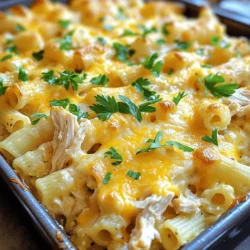 - 12 oz ziti pasta - 2 cups cooked, shredded chicken - 1 (8 oz) package cream cheese, softened - 1 cup ranch dressing - 1 cup chicken broth - 1 tsp garlic powder - 1 tsp onion powder - 2 cups shredded cheddar cheese - 1 cup shredded mozzarella cheese - Fresh parsley for garnish Crack Chicken Baked Ziti is a dish that shines due to its simple yet rich ingredients. When I make this dish, I focus on each layer of flavor. The ziti pasta serves as the perfect base, providing a hearty and comforting texture. The chicken adds a great protein punch. I usually use cooked, shredded chicken, which blends nicely with the creamy sauce. Cream cheese brings a smooth richness, making every bite feel indulgent. For the pantry staples, I rely on ranch dressing to infuse bold flavor. The chicken broth adds moisture, ensuring the pasta stays tender during baking. The garlic and onion powders are my go-to spices. They bring depth to the dish without overpowering it. Cheese is where the magic truly happens. I love using a mix of cheddar and mozzarella. Cheddar gives a sharpness, while mozzarella melts beautifully, creating that gooey texture we all crave. Lastly, I always add fresh parsley on top. It brightens the dish and adds a pop of color. For the full recipe, check out the detailed instructions included. You’ll see how these ingredients come together to create a comforting and satisfying meal. - Preheat your oven to 375°F (190°C) and grease a 9x13 inch baking dish. - In a large pot, cook 12 oz of ziti pasta according to the package until al dente. Drain and set it aside. - In a mixing bowl, combine 2 cups of cooked, shredded chicken, 1 (8 oz) package of softened cream cheese, 1 cup of ranch dressing, and 1 cup of chicken broth. Add 1 tsp of garlic powder, 1 tsp of onion powder, and salt and pepper to your taste. Mix until smooth and well combined. - Fold the cooked ziti into the chicken mixture until every piece is coated. - Transfer half of this ziti mixture into the greased baking dish. Sprinkle half of 2 cups of shredded cheddar cheese and 1 cup of shredded mozzarella cheese on top. - Layer the remaining ziti mixture on top, followed by the rest of the cheddar and mozzarella cheese. - Cover the dish with aluminum foil and bake for 25 minutes. - After 25 minutes, remove the foil and bake for an additional 10-15 minutes, or until the cheese is bubbly and golden. - Once done, remove it from the oven and let it cool for a few minutes. Garnish with fresh chopped parsley before serving. For the full recipe, refer to the earlier section. - Ensure chicken is properly shredded. This step helps the flavors blend well. - Use a mix of cheeses for flavor. Cheddar and mozzarella create a creamy delight. - Refrigerate leftovers properly. Store in an airtight container for up to four days. - Reheating instructions: Use the oven for even heating. Bake at 350°F (175°C) for 20 minutes. - Garnishing techniques: Sprinkle fresh parsley on top for a pop of color. - Serving suggestions: Pair with a simple green salad for a fresh contrast. {{image_2}} You can easily change the protein in this dish. Use turkey instead of chicken for a lighter option. This swap keeps the dish tasty while reducing fat. If you want a plant-based meal, try using shredded jackfruit or tofu. Both options soak up the flavors well. For those who love bacon, add crispy pieces for a savory burst. The smoky taste makes every bite more exciting. While ziti is classic, other pasta types work great too. Penne or fusilli are perfect substitutes. They both hold sauce well and add fun shapes. If you need gluten-free options, choose gluten-free pasta. Many brands offer great taste and texture. Just cook them according to package instructions for the best results. Want to kick up the spice? Add sliced jalapeños to the mix. They bring heat and flavor in every bite. If you love herbs, add fresh thyme or basil. They brighten the dish and add depth. Experiment with these changes to make the recipe your own. You’ll find new favorites with each variation. To keep your Crack Chicken Baked Ziti fresh, store it in an airtight container. This will help prevent it from drying out. Make sure the dish cools down before you put it in the fridge. It’s best to eat leftovers within three to four days. If you want to save it longer, freezing is a great option. - Freezing Instructions: - Let the baked ziti cool completely. - Cut it into portions for easy reheating. - Wrap each portion tightly in plastic wrap. - Place the wrapped portions in a freezer-safe bag or container. - Label them with the date for easy tracking. In the fridge, your Crack Chicken Baked Ziti will last for about three to four days. After that, the taste and texture may change. Check for signs of spoilage. - Signs of Spoilage: - Any mold growth or off smell is a clear signal. - If the cheese looks dry or discolored, it’s best to toss it. When it comes to reheating, you have two main options: the oven or the microwave. While the microwave is quick, it can make the dish unevenly heated. The oven takes longer but warms it more evenly. - Oven Reheating: - Preheat to 350°F (175°C). - Cover the dish with foil to keep moisture in. - Heat for about 20 minutes, or until hot all the way through. - Microwave Reheating: - Place a portion in a microwave-safe bowl. - Cover it with a microwave-safe lid or plate. - Heat in 1-minute intervals, stirring in between, until warm. To ensure even heating, always check the center of the dish. Enjoy your flavorful comfort food! Yes, you can make this dish ahead. Prepare it up to the baking step. Cover it tightly and refrigerate. When ready to bake, just add a few extra minutes to the cooking time. This helps the flavors blend well. Absolutely! Using rotisserie chicken saves time. It adds a tasty flavor without the work. Just shred the chicken and mix it with the other ingredients. This shortcut keeps your meal quick and simple. I suggest pairing it with a fresh salad. A side of steamed veggies works well too. Garlic bread complements the dish nicely. These sides balance the rich flavors of the baked ziti. You can make some easy swaps. Use whole wheat ziti for more fiber. Try low-fat cream cheese and dressings. Adding more veggies, like spinach or mushrooms, boosts nutrition without losing flavor. In this article, we explored how to make a delicious Crack Chicken Baked Ziti. You learned about the essential ingredients, step-by-step instructions, and clever tips for cooking and storage. Remember, this dish is tasty and easy to customize with different proteins and pasta. Whether you keep it simple or add flair, this meal satisfies. Try it out for yourself and enjoy a comforting dinner that everyone will love. With this guide, you create a dish that’s sure to impress. Happy cooking!