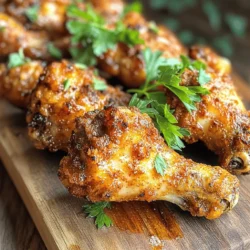 To make crispy air fryer chicken wings, you need: - 2 lbs chicken wings - 1 tablespoon baking powder - 1 teaspoon garlic powder - 1 teaspoon onion powder - 1 teaspoon smoked paprika - 1/2 teaspoon salt - 1/2 teaspoon black pepper - 2 tablespoons olive oil You can add some extra kick with: - 1/4 teaspoon cayenne pepper (for heat) - Fresh herbs like parsley or cilantro for garnish You will need the following tools: - Air fryer - Large mixing bowl - Paper towels - Tongs or a spatula Start with fresh chicken wings. You want to use about 2 lbs. Pat them dry with paper towels. This step is key! It helps the wings crisp up nicely. Make sure to get rid of all moisture. Dry wings lead to crispy skin. Set the wings aside while you mix the spices. Grab a large bowl for the spice blend. Combine the following: - 1 tablespoon baking powder - 1 teaspoon garlic powder - 1 teaspoon onion powder - 1 teaspoon smoked paprika - 1/2 teaspoon salt - 1/2 teaspoon black pepper - 1/4 teaspoon cayenne pepper (optional) Mix these spices well. The baking powder is important. It makes the wings extra crispy. Now, add the chicken wings to the bowl. Drizzle 2 tablespoons of olive oil over them. Toss everything together. Ensure each wing is coated with the spice mix. This will give your wings great flavor. Preheat your air fryer to 400°F (200°C) for about 5 minutes. This step helps the wings cook evenly. Place the seasoned wings in a single layer in the basket. Don’t crowd them; they need space to crisp up. Cook for 25-30 minutes. Flip the wings halfway through. For extra crispiness, raise the temperature to 420°F (215°C) for the last 5 minutes. Keep an eye on them to avoid burning. Once they are golden brown, remove them from the fryer. Let them rest for a few minutes. Garnish with fresh herbs like parsley or cilantro before serving. For the full list of steps, check the Full Recipe. To get the best crispiness, start by drying the wings. Use paper towels to remove moisture. This step is key. Next, use baking powder in your spice mix. It helps create a crunchy crust. Preheat your air fryer before cooking. Set it to 400°F (200°C). For even more crunch, raise the heat to 420°F (215°C) for the last few minutes. Just watch them closely to avoid burning. One big mistake is not drying the wings well enough. Moisture leads to sogginess. Another mistake is overcrowding the air fryer. Always cook in a single layer. This helps the hot air circulate evenly. Don’t skip flipping the wings halfway. This ensures both sides get crispy. Lastly, don’t forget to check the temperature. Cooking at too low a heat will leave you with chewy wings. Chicken wings pair well with many sides. Try serving them with fresh veggies, like carrots and celery. A creamy dip, such as ranch or blue cheese, adds flavor. You can also offer different sauces on the side. Hot sauce or BBQ sauce can enhance the taste. For a fun twist, serve with a side of fries or onion rings. Enjoy your crispy air fryer chicken wings with friends and family! For the full recipe, click here. {{image_2}} You can change the flavor of your crispy air fryer chicken wings with different marinades. Some great options include teriyaki, buffalo, or honey mustard. Each adds a unique taste. To make a marinade, mix your choice of sauce with olive oil, garlic, and herbs. Let the wings soak for at least 30 minutes. This way, they absorb all the great flavors. You can choose between bone-in and boneless wings. Bone-in wings have more flavor. They also stay juicier during cooking. Boneless wings are easy to eat and cook faster. The choice is yours! Just know that the cooking time may change slightly. Bone-in wings need a few extra minutes to cook. Sauces are a must when serving chicken wings. Classic choices include ranch, blue cheese, and barbecue. For a spicy kick, try sriracha or hot sauce. You can also mix sauces for fun flavor combos. Dip your crispy wings in the sauce or drizzle it over the top. This makes every bite even better! To keep your leftover chicken wings fresh, store them in an airtight container. Make sure to let them cool to room temperature first. Place a paper towel at the bottom of the container to absorb moisture. This helps keep the wings crispy. You can store them in the fridge for up to three days. When you reheat chicken wings, the goal is to keep them crispy. The best way to do this is in the air fryer. Set the air fryer to 350°F (175°C). Heat the wings for about 5 to 10 minutes. Keep an eye on them to avoid drying out. This method brings back their crunch and flavor. If you want to save wings for later, freezing is a great option. Place the cooled wings on a baking sheet in a single layer. Freeze them for about an hour until solid. Then, transfer them to a freezer-safe bag. Remove as much air as you can to prevent freezer burn. You can store them for up to three months. When you’re ready to eat, thaw them in the fridge overnight before reheating. For the full recipe, check out the Crispy Air Fryer Chicken Wings section. Yes, you can cook frozen chicken wings in the air fryer. Start by preheating your air fryer to 400°F (200°C). Place the frozen wings in the basket, leaving space between them. Cook for about 30-40 minutes. Flip them halfway through for even cooking. They will come out crispy and delicious. Just remember, they may take longer than fresh wings. To make your wings spicier, add more cayenne pepper to the spice mix. You can also include hot sauce in the marinade. Try mixing in chili powder or paprika for extra heat. Toss the cooked wings in your favorite hot sauce for a kick. Adjust the spice level to your taste for the perfect heat. Many sauces go well with air fryer chicken wings. Here are some popular choices: - Ranch dressing - Blue cheese dressing - Honey mustard - BBQ sauce - Buffalo sauce - Garlic aioli Feel free to try different flavors to find your favorite. You can even mix sauces for a unique taste. Enjoy your crispy air fryer chicken wings with these tasty dips! For the full recipe, check out the detailed cooking guide. This post covered how to make tasty chicken wings in the air fryer. We explored key ingredients, kitchen tools, and step-by-step instructions to get perfect wings. I shared tips to help you avoid mistakes and ensure crispiness. You can also try different flavors and sauces to mix things up. Enjoy your wings fresh, or store them for later. So go ahead and impress your friends with your cooking skills!