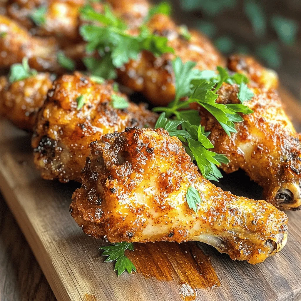 To make crispy air fryer chicken wings, you need: - 2 lbs chicken wings - 1 tablespoon baking powder - 1 teaspoon garlic powder - 1 teaspoon onion powder - 1 teaspoon smoked paprika - ½ teaspoon salt - ½ teaspoon black pepper - 2 tablespoons olive oil You can add some extra kick with: - ¼ teaspoon cayenne pepper (for heat) - Fresh herbs like parsley or cilantro for garnish You will need the following tools: - Air fryer - Large mixing bowl - Paper towels - Tongs or a spatula Start with fresh chicken wings. You want to use about 2 lbs. Pat them dry with paper towels. This step is key! It helps the wings crisp up nicely. Make sure to get rid of all moisture. Dry wings lead to crispy skin. Set the wings aside while you mix the spices. Grab a large bowl for the spice blend. Combine the following: - 1 tablespoon baking powder - 1 teaspoon garlic powder - 1 teaspoon onion powder - 1 teaspoon smoked paprika - ½ teaspoon salt - ½ teaspoon black pepper - ¼ teaspoon cayenne pepper (optional) Mix these spices well. The baking powder is important. It makes the wings extra crispy. Now, add the chicken wings to the bowl. Drizzle 2 tablespoons of olive oil over them. Toss everything together. Ensure each wing is coated with the spice mix. This will give your wings great flavor. Preheat your air fryer to 400°F (200°C) for about 5 minutes. This step helps the wings cook evenly. Place the seasoned wings in a single layer in the basket. Don’t crowd them; they need space to crisp up. Cook for 25-30 minutes. Flip the wings halfway through. For extra crispiness, raise the temperature to 420°F (215°C) for the last 5 minutes. Keep an eye on them to avoid burning. Once they are golden brown, remove them from the fryer. Let them rest for a few minutes. Garnish with fresh herbs like parsley or cilantro before serving. For the full list of steps, check the Full Recipe. To get the best crispiness, start by drying the wings. Use paper towels to remove moisture. This step is key. Next, use baking powder in your spice mix. It helps create a crunchy crust. Preheat your air fryer before cooking. Set it to 400°F (200°C). For even more crunch, raise the heat to 420°F (215°C) for the last few minutes. Just watch them closely to avoid burning. One big mistake is not drying the wings well enough. Moisture leads to sogginess. Another mistake is overcrowding the air fryer. Always cook in a single layer. This helps the hot air circulate evenly. Don’t skip flipping the wings halfway. This ensures both sides get crispy. Lastly, don’t forget to check the temperature. Cooking at too low a heat will leave you with chewy wings. Chicken wings pair well with many sides. Try serving them with fresh veggies, like carrots and celery. A creamy dip, such as ranch or blue cheese, adds flavor. You can also offer different sauces on the side. Hot sauce or BBQ sauce can enhance the taste. For a fun twist, serve with a side of fries or onion rings. Enjoy your crispy air fryer chicken wings with friends and family! For the full recipe, click here. {{image_2}} You can change the flavor of your crispy air fryer chicken wings with different marinades. Some great options include teriyaki, buffalo, or honey mustard. Each adds a unique taste. To make a marinade, mix your choice of sauce with olive oil, garlic, and herbs. Let the wings soak for at least 30 minutes. This way, they absorb all the great flavors. You can choose between bone-in and boneless wings. Bone-in wings have more flavor. They also stay juicier during cooking. Boneless wings are easy to eat and cook faster. The choice is yours! Just know that the cooking time may change slightly. Bone-in wings need a few extra minutes to cook. Sauces are a must when serving chicken wings. Classic choices include ranch, blue cheese, and barbecue. For a spicy kick, try sriracha or hot sauce. You can also mix sauces for fun flavor combos. Dip your crispy wings in the sauce or drizzle it over the top. This makes every bite even better! To keep your leftover chicken wings fresh, store them in an airtight container. Make sure to let them cool to room temperature first. Place a paper towel at the bottom of the container to absorb moisture. This helps keep the wings crispy. You can store them in the fridge for up to three days. When you reheat chicken wings, the goal is to keep them crispy. The best way to do this is in the air fryer. Set the air fryer to 350°F (175°C). Heat the wings for about 5 to 10 minutes. Keep an eye on them to avoid drying out. This method brings back their crunch and flavor. If you want to save wings for later, freezing is a great option. Place the cooled wings on a baking sheet in a single layer. Freeze them for about an hour until solid. Then, transfer them to a freezer-safe bag. Remove as much air as you can to prevent freezer burn. You can store them for up to three months. When you’re ready to eat, thaw them in the fridge overnight before reheating. For the full recipe, check out the Crispy Air Fryer Chicken Wings section. Yes, you can cook frozen chicken wings in the air fryer. Start by preheating your air fryer to 400°F (200°C). Place the frozen wings in the basket, leaving space between them. Cook for about 30-40 minutes. Flip them halfway through for even cooking. They will come out crispy and delicious. Just remember, they may take longer than fresh wings. To make your wings spicier, add more cayenne pepper to the spice mix. You can also include hot sauce in the marinade. Try mixing in chili powder or paprika for extra heat. Toss the cooked wings in your favorite hot sauce for a kick. Adjust the spice level to your taste for the perfect heat. Many sauces go well with air fryer chicken wings. Here are some popular choices: - Ranch dressing - Blue cheese dressing - Honey mustard - BBQ sauce - Buffalo sauce - Garlic aioli Feel free to try different flavors to find your favorite. You can even mix sauces for a unique taste. Enjoy your crispy air fryer chicken wings with these tasty dips! For the full recipe, check out the detailed cooking guide. This post covered how to make tasty chicken wings in the air fryer. We explored key ingredients, kitchen tools, and step-by-step instructions to get perfect wings. I shared tips to help you avoid mistakes and ensure crispiness. You can also try different flavors and sauces to mix things up. Enjoy your wings fresh, or store them for later. So go ahead and impress your friends with your cooking skills!