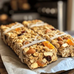 To make homemade granola bars, you need these key ingredients: - 2 cups rolled oats - 1 cup mixed nuts (almonds, walnuts, pecans), roughly chopped - 1/2 cup sunflower seeds - 1/2 cup honey or maple syrup - 1/4 cup peanut butter (or almond butter) - 1/2 teaspoon vanilla extract - 1/2 teaspoon cinnamon - 1/4 teaspoon salt - 1/2 cup dried fruits (raisins, cranberries, or apricots), chopped These ingredients work together to create a tasty and healthy snack. The oats give a strong base, while the nuts add crunch. Honey or maple syrup adds sweetness, and peanut butter gives a rich flavor. You can customize your granola bars by adding some fun extras. Here are a few ideas: - Chocolate chips or chunks - Seeds like chia or flaxseed - Coconut flakes - Spices like nutmeg or ginger - Fresh fruit like mashed bananas or applesauce Feel free to mix and match. These add-ins make your bars unique and even more enjoyable. Homemade granola bars can be a smart choice for snacks. They are packed with nutrients. Here’s a brief breakdown: - Calories: About 200-250 per bar, depending on add-ins - Protein: Around 6-8 grams, thanks to nuts and seeds - Fiber: High in fiber from oats and dried fruits - Healthy Fats: Nuts and seeds provide good fats These bars deliver energy for your day and keep you feeling full. They are great for breakfast or a quick snack. You can find the full recipe above to get started! Start by gathering your ingredients. You will need: - 2 cups rolled oats - 1 cup mixed nuts (almonds, walnuts, pecans), roughly chopped - 1/2 cup sunflower seeds - 1/2 cup honey or maple syrup - 1/4 cup peanut butter (or almond butter) - 1/2 teaspoon vanilla extract - 1/2 teaspoon cinnamon - 1/4 teaspoon salt - 1/2 cup dried fruits (raisins, cranberries, or apricots), chopped Next, preheat your oven to 350°F (175°C). This step is vital for getting that perfect crunch. Now, line an 8x8 inch baking pan with parchment paper. Leave some paper hanging over the sides. This makes it easy to lift out the bars later. In a large mixing bowl, combine the rolled oats, chopped nuts, and sunflower seeds. Stir until mixed. This mix is the base of your bars. Now, in a small saucepan, combine honey and peanut butter. Heat it on low. Stir until it melts and becomes smooth. This sweet mixture is key to binding everything together. Remove it from heat. Add the vanilla extract, cinnamon, and salt. Stir until well combined. Pour this honey-peanut butter mix over the dry ingredients in the bowl. Mix thoroughly to coat all the oats and nuts. This is where the magic happens! Fold in the chopped dried fruits. Make sure they spread evenly in the mixture. Transfer this mixture to the lined baking pan. Use the back of a spatula to press it down firmly into an even layer. This helps the bars hold together. Bake in the preheated oven for about 20-25 minutes. Look for a golden brown edge. This means they are done! Once baked, remove the pan from the oven. Let it cool in the pan for about 15 minutes. After that, use the parchment paper to lift the bars out. Place them on a wire rack to cool completely. Once cool, cut the mixture into bars or squares. You can make them as big or small as you like. Store the granola bars in an airtight container for up to a week. Enjoy your homemade treat! Check the Full Recipe for more tips and details. Sometimes, your granola bars may crumble. This often happens when the mixture is too dry. To fix this, add a bit more honey or nut butter. If your bars feel too sticky, try baking them a little longer. Another common issue is uneven baking. Make sure to spread the mixture evenly in the pan. This helps them cook at the same rate. You can change these bars to fit your taste. Want chocolate? Add mini chocolate chips. For a tropical twist, toss in dried coconut or mango. You can also swap nuts based on your favorites. Use cashews, pecans, or even pumpkin seeds. The options are endless! Just keep the main ingredients the same for the best results. For crunchy bars, bake until golden brown. This gives a nice crisp. If you like chewy bars, reduce the baking time. Aim for a lighter color, just set and not too brown. Press the mixture firmly into the pan. This helps the bars hold together better. Lastly, let them cool completely before cutting. This step is key to getting nice, clean edges. Follow the Full Recipe for a delicious treat you can enjoy anytime! {{image_2}} You can easily add chocolate chips to your bars for a sweet twist. Use 1/2 cup of mini chocolate chips. Mix them in after you combine the dry ingredients. This adds a rich flavor and a fun texture. Kids love these bars for snacks or lunch. You can also use dark chocolate for a healthier option. If you need nut-free bars, simply skip the mixed nuts. Replace them with seeds like pumpkin or hemp. You can also use extra sunflower seeds. This keeps the bars crunchy and filling. Check for nut-free butters too, like sunbutter. It gives a nice taste, similar to peanut butter. For an energy boost, add protein powder or chia seeds. Use 1/4 cup of your favorite protein powder. Chia seeds can add omega-3 and fiber, helping you feel full. You can also mix in some dark chocolate for extra energy. Just remember, balance is key. These tweaks will keep you fueled for your day. I recommend checking the Full Recipe for detailed steps to create your own delicious bars. To keep your homemade granola bars fresh, store them in an airtight container. This helps prevent them from drying out. Place parchment paper between layers to avoid sticking. You can store them at room temperature for about a week. If you want to keep them longer, consider freezing. Freezing is a great way to save your granola bars for later. First, cut them into bars or squares. Wrap each bar in plastic wrap. Then, place the wrapped bars in a freezer bag. This method will keep them fresh for up to three months. When you're ready to eat, simply thaw and enjoy. To extend the life of your granola bars, avoid exposing them to heat and moisture. Store them in a cool, dry place. If you notice any signs of spoilage, such as a strange smell or texture, discard them. Keeping them in the fridge can also help, but it may change their texture. For the best taste, I recommend eating them within a week or two of making them. For the full recipe, check out the Crunchy Nutty Granola Bars. To make chewy granola bars, you need to adjust the wet and dry ratios. Use more nut butter or sweetener, like honey. This adds moisture, which keeps the bars soft. You can also bake them for a shorter time. Remove them from the oven when they are still a bit soft in the center. This way, they will firm up as they cool. Yes, you can use other sweeteners in your granola bars. Maple syrup works well as a replacement. Agave nectar or brown rice syrup are also good options. Each sweetener will change the flavor slightly. Make sure to use the same amount as honey for the best results. These swaps keep the bars sweet and tasty. After baking, let the granola bars cool for about 15 minutes. This helps them set but keeps them soft. Use a sharp knife to cut them into bars. A ruler can help you measure even sizes. If you want cleaner cuts, chill the bars in the fridge for a bit before cutting. This method makes it easier and gives a nice look to your bars. You learned essential ingredients and easy steps to make granola bars. We explored tips for great texture and tasty variations. Storage methods keep your bars fresh and ready to eat. In closing, making granola bars is fun and satisfying. Customize recipes to fit your taste. Try different add-ins and enjoy the process. You'll create a healthy snack that everyone loves.