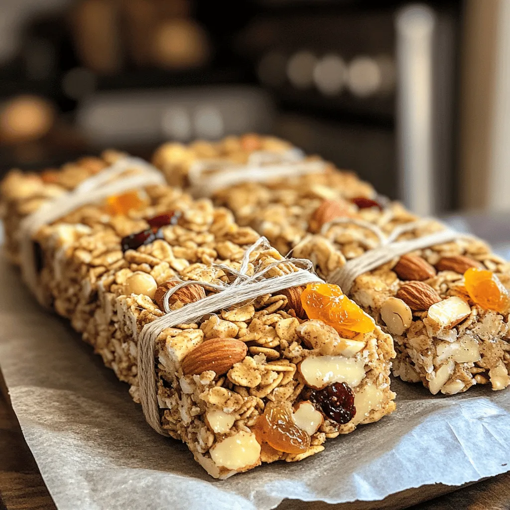 To make homemade granola bars, you need these key ingredients: - 2 cups rolled oats - 1 cup mixed nuts (almonds, walnuts, pecans), roughly chopped - ½ cup sunflower seeds - ½ cup honey or maple syrup - ¼ cup peanut butter (or almond butter) - ½ teaspoon vanilla extract - ½ teaspoon cinnamon - ¼ teaspoon salt - ½ cup dried fruits (raisins, cranberries, or apricots), chopped These ingredients work together to create a tasty and healthy snack. The oats give a strong base, while the nuts add crunch. Honey or maple syrup adds sweetness, and peanut butter gives a rich flavor. You can customize your granola bars by adding some fun extras. Here are a few ideas: - Chocolate chips or chunks - Seeds like chia or flaxseed - Coconut flakes - Spices like nutmeg or ginger - Fresh fruit like mashed bananas or applesauce Feel free to mix and match. These add-ins make your bars unique and even more enjoyable. Homemade granola bars can be a smart choice for snacks. They are packed with nutrients. Here’s a brief breakdown: - Calories: About 200-250 per bar, depending on add-ins - Protein: Around 6-8 grams, thanks to nuts and seeds - Fiber: High in fiber from oats and dried fruits - Healthy Fats: Nuts and seeds provide good fats These bars deliver energy for your day and keep you feeling full. They are great for breakfast or a quick snack. You can find the full recipe above to get started! Start by gathering your ingredients. You will need: - 2 cups rolled oats - 1 cup mixed nuts (almonds, walnuts, pecans), roughly chopped - ½ cup sunflower seeds - ½ cup honey or maple syrup - ¼ cup peanut butter (or almond butter) - ½ teaspoon vanilla extract - ½ teaspoon cinnamon - ¼ teaspoon salt - ½ cup dried fruits (raisins, cranberries, or apricots), chopped Next, preheat your oven to 350°F (175°C). This step is vital for getting that perfect crunch. Now, line an 8x8 inch baking pan with parchment paper. Leave some paper hanging over the sides. This makes it easy to lift out the bars later. In a large mixing bowl, combine the rolled oats, chopped nuts, and sunflower seeds. Stir until mixed. This mix is the base of your bars. Now, in a small saucepan, combine honey and peanut butter. Heat it on low. Stir until it melts and becomes smooth. This sweet mixture is key to binding everything together. Remove it from heat. Add the vanilla extract, cinnamon, and salt. Stir until well combined. Pour this honey-peanut butter mix over the dry ingredients in the bowl. Mix thoroughly to coat all the oats and nuts. This is where the magic happens! Fold in the chopped dried fruits. Make sure they spread evenly in the mixture. Transfer this mixture to the lined baking pan. Use the back of a spatula to press it down firmly into an even layer. This helps the bars hold together. Bake in the preheated oven for about 20-25 minutes. Look for a golden brown edge. This means they are done! Once baked, remove the pan from the oven. Let it cool in the pan for about 15 minutes. After that, use the parchment paper to lift the bars out. Place them on a wire rack to cool completely. Once cool, cut the mixture into bars or squares. You can make them as big or small as you like. Store the granola bars in an airtight container for up to a week. Enjoy your homemade treat! Check the Full Recipe for more tips and details. Sometimes, your granola bars may crumble. This often happens when the mixture is too dry. To fix this, add a bit more honey or nut butter. If your bars feel too sticky, try baking them a little longer. Another common issue is uneven baking. Make sure to spread the mixture evenly in the pan. This helps them cook at the same rate. You can change these bars to fit your taste. Want chocolate? Add mini chocolate chips. For a tropical twist, toss in dried coconut or mango. You can also swap nuts based on your favorites. Use cashews, pecans, or even pumpkin seeds. The options are endless! Just keep the main ingredients the same for the best results. For crunchy bars, bake until golden brown. This gives a nice crisp. If you like chewy bars, reduce the baking time. Aim for a lighter color, just set and not too brown. Press the mixture firmly into the pan. This helps the bars hold together better. Lastly, let them cool completely before cutting. This step is key to getting nice, clean edges. Follow the Full Recipe for a delicious treat you can enjoy anytime! {{image_2}} You can easily add chocolate chips to your bars for a sweet twist. Use ½ cup of mini chocolate chips. Mix them in after you combine the dry ingredients. This adds a rich flavor and a fun texture. Kids love these bars for snacks or lunch. You can also use dark chocolate for a healthier option. If you need nut-free bars, simply skip the mixed nuts. Replace them with seeds like pumpkin or hemp. You can also use extra sunflower seeds. This keeps the bars crunchy and filling. Check for nut-free butters too, like sunbutter. It gives a nice taste, similar to peanut butter. For an energy boost, add protein powder or chia seeds. Use ¼ cup of your favorite protein powder. Chia seeds can add omega-3 and fiber, helping you feel full. You can also mix in some dark chocolate for extra energy. Just remember, balance is key. These tweaks will keep you fueled for your day. I recommend checking the Full Recipe for detailed steps to create your own delicious bars. To keep your homemade granola bars fresh, store them in an airtight container. This helps prevent them from drying out. Place parchment paper between layers to avoid sticking. You can store them at room temperature for about a week. If you want to keep them longer, consider freezing. Freezing is a great way to save your granola bars for later. First, cut them into bars or squares. Wrap each bar in plastic wrap. Then, place the wrapped bars in a freezer bag. This method will keep them fresh for up to three months. When you're ready to eat, simply thaw and enjoy. To extend the life of your granola bars, avoid exposing them to heat and moisture. Store them in a cool, dry place. If you notice any signs of spoilage, such as a strange smell or texture, discard them. Keeping them in the fridge can also help, but it may change their texture. For the best taste, I recommend eating them within a week or two of making them. For the full recipe, check out the Crunchy Nutty Granola Bars. To make chewy granola bars, you need to adjust the wet and dry ratios. Use more nut butter or sweetener, like honey. This adds moisture, which keeps the bars soft. You can also bake them for a shorter time. Remove them from the oven when they are still a bit soft in the center. This way, they will firm up as they cool. Yes, you can use other sweeteners in your granola bars. Maple syrup works well as a replacement. Agave nectar or brown rice syrup are also good options. Each sweetener will change the flavor slightly. Make sure to use the same amount as honey for the best results. These swaps keep the bars sweet and tasty. After baking, let the granola bars cool for about 15 minutes. This helps them set but keeps them soft. Use a sharp knife to cut them into bars. A ruler can help you measure even sizes. If you want cleaner cuts, chill the bars in the fridge for a bit before cutting. This method makes it easier and gives a nice look to your bars. You learned essential ingredients and easy steps to make granola bars. We explored tips for great texture and tasty variations. Storage methods keep your bars fresh and ready to eat. In closing, making granola bars is fun and satisfying. Customize recipes to fit your taste. Try different add-ins and enjoy the process. You'll create a healthy snack that everyone loves.