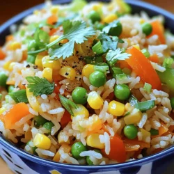 - 2 cups cooked jasmine rice (preferably chilled) - 1 cup mixed bell peppers (red, yellow, green), diced - 1 cup green peas (fresh or frozen) - 1 carrot, finely chopped - ½ cup corn kernels (fresh or frozen) - 3 green onions, thinly sliced - 3 cloves garlic, minced - 1 teaspoon ginger, grated - 2 tablespoons soy sauce - 1 tablespoon sesame oil - 2 tablespoons vegetable oil - Salt and pepper to taste - Fresh cilantro or parsley for garnish When making vegetable fried rice, pick fresh veggies. They make your dish vibrant and tasty. I love using jasmine rice. It has a nice aroma and fluffy texture. Chilling the rice helps it fry better. Leftover rice works great, too! I often choose colorful bell peppers. They add sweetness and crunch. Green peas bring a nice pop of color and sweetness. Carrots give a lovely crunch and bright orange color. Corn adds a sweet burst of flavor. Garlic and ginger create a fragrant base. They boost the dish's overall flavor. Green onions add freshness and a mild onion taste. Use soy sauce for saltiness and umami. Sesame oil adds a rich, nutty flavor. Garnish with fresh herbs like cilantro or parsley. They add a fresh touch and brighten the plate. For the full recipe, check out the linked section. This mix of ingredients makes your vegetable fried rice flavorful and satisfying! 1. Heat 2 tablespoons of vegetable oil in a large skillet or wok over medium-high heat. 2. Add 3 cloves of minced garlic and 1 teaspoon of grated ginger. Sauté for about 30 seconds until the smell fills your kitchen. This step wakes up the flavors. 1. Toss in 1 cup of diced bell peppers, 1 finely chopped carrot, and ½ cup of corn kernels. Stir these for about 3 to 4 minutes. You want them to soften but not lose their crunch. 2. Next, incorporate 1 cup of green peas. Cook for another 2 minutes. This adds a nice pop of color and sweetness. 1. Push the cooked veggies to the side of the skillet, making room in the center. 2. Add 2 cups of chilled jasmine rice to the center. Break up any clumps with a spatula. Let it cook for 2 to 3 minutes without stirring. This lets the rice get a bit crispy. 3. Pour in 2 tablespoons of soy sauce and 1 tablespoon of sesame oil over the rice. Mix thoroughly with the vegetables. 4. Fold in 3 thinly sliced green onions, along with salt and pepper to taste. Cook for another 2 to 3 minutes, stirring occasionally. You now have a colorful dish ready to serve! For the complete recipe, check out the [Full Recipe]. Choosing jasmine rice makes a big difference. Jasmine rice is fragrant and sticky. This rice holds together well, giving you great texture. Using chilled rice is key too. Cold rice helps each grain stay separate. It prevents mushiness in your dish. You can mix up the flavors in your fried rice. Try adding spices like cumin or coriander. Fresh herbs such as basil or cilantro can brighten the dish. Balancing salty and umami flavors is important. Use soy sauce for saltiness, and try adding a splash of mushroom sauce for depth. To get that crispy rice, let it sit in the pan. After adding the chilled rice, avoid stirring it for a few minutes. This helps create a nice crust. When cooking vegetables, time matters. Add softer veggies like peas last. This keeps them bright and tender without overcooking. For a full guide, check the Full Recipe. {{image_2}} You can add protein to your vegetable fried rice for a heartier meal. Tofu is a great option. It soaks up flavors well. Chicken adds a nice texture and taste. Shrimp cooks quickly and brings a sweet flavor. Beef can also work, giving a savory punch. - Cooking Times: - Tofu: Cook for 5-7 minutes until golden. - Chicken: Cook for 6-8 minutes until no longer pink. - Shrimp: Cook for 3-5 minutes until they turn pink. - Beef: Cook for 4-6 minutes until browned. Using seasonal vegetables makes your fried rice fresh and tasty. In spring, try asparagus and snap peas. Summer works well with zucchini and tomatoes. Fall is great for squash and carrots. Winter means root veggies like parsnips and carrots. - Adjusting Cooking Methods: - Quick-cooking veggies like zucchini need less time. - Harder veggies like carrots should cook longer. You can easily make this dish vegan or gluten-free. For vegan, skip any animal protein. Use tofu or just veggies. For gluten-free, swap soy sauce for tamari or coconut aminos. - Substitutions for Common Allergens: - If you're allergic to soy, use chickpea flour for flavor. - For nut allergies, avoid sesame oil and use a different oil. For the full recipe, check out the details above! To store leftover vegetable fried rice, let it cool first. Cooling helps keep it fresh. Place the rice in an airtight container. Make sure the lid is on tight to keep out air. You can also use a resealable plastic bag. Squeeze out any extra air before sealing it. This step helps prevent freezer burn. When reheating your fried rice, use a skillet or microwave. If you use a skillet, add a bit of oil. Heat it over medium heat to keep the texture nice. If using a microwave, place the rice in a bowl. Add a splash of water to keep it moist. Cover the bowl with a lid or a plate. Heat it for one to two minutes, then stir. This method keeps the rice fluffy and warm. You can keep vegetable fried rice in the fridge for about three to four days. If you want to store it longer, freeze it. In the freezer, it lasts for up to three months. Always check for signs of spoilage. If you see any off smells, strange colors, or mold, throw it out. Always prioritize your health and safety when eating leftovers. Yes, you can use other rice types. While jasmine rice is my favorite, here are some good options: - Basmati rice: This rice has a nutty flavor and stays fluffy. - Brown rice: It adds a chewy texture and more nutrients. - Sushi rice: This type is sticky, making it easy to mix. - Long-grain rice: It keeps grains separate and adds a light taste. Each rice type offers a unique taste and texture, so feel free to experiment! To add heat, try these ideas: - Chili flakes: Just a pinch adds nice warmth. - Sriracha sauce: This popular hot sauce gives a sweet and spicy kick. - Chili paste: It adds depth and good heat. - Fresh jalapeños: Diced jalapeños mixed in brings fresh spice. Start with a small amount and adjust to your heat preference. Pairing side dishes can make your meal even better. Here are a few suggestions: - Spring rolls: These crispy treats complement the rice nicely. - Miso soup: A warm bowl of miso adds a soothing touch. - Tofu stir-fry: The protein balances the meal well. - Steamed broccoli: This adds color and nutrients to your plate. Each side enhances the flavor and texture of vegetable fried rice. Using leftover rice is easy and smart. Here's how: - Use chilled rice: Freshly cooked rice can be too sticky; chill it first. - Break up clumps: Before cooking, ensure no rice clumps remain. - Adjust flavors: Add a bit more soy sauce if the rice is plain. Leftover rice makes a quick and tasty meal, so don’t throw it away! For more details, check out the Full Recipe. In this blog post, we explored how to make delicious vegetable fried rice. I shared key ingredients, including jasmine rice and fresh vegetables, plus seasonings that enhance flavor. You learned step-by-step instructions for cooking and some helpful tips for perfecting texture. Remember, this dish is versatile. You can add protein or adjust it for dietary needs. With the right storage, your leftovers can last too. Enjoy making this meal for yourself and others. Happy cooking!