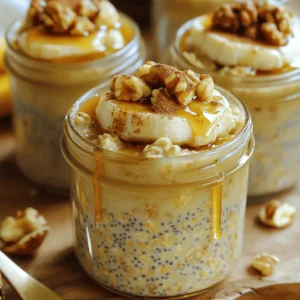 To make Banana Bread Overnight Oats, gather these simple ingredients: - 1 cup rolled oats - 1 ripe banana, mashed - 1 cup almond milk (or any milk of choice) - 1 tablespoon chia seeds - 1 teaspoon vanilla extract - 1 teaspoon ground cinnamon - 1 tablespoon maple syrup (optional for added sweetness) - 2 tablespoons chopped walnuts (or pecans) - A pinch of salt Each ingredient plays a key role. The rolled oats provide the base and bulk. The mashed banana adds natural sweetness and flavor. Almond milk makes it creamy and rich. Chia seeds thicken the mix and boost nutrition. Vanilla and cinnamon enhance the taste, while walnuts give a nice crunch. If you like it sweeter, add maple syrup. Lastly, a pinch of salt balances the flavors. You can find the complete recipe [Full Recipe]. Enjoy preparing this easy and delicious breakfast! - Combine rolled oats, mashed banana, and almond milk in a bowl. - Add chia seeds, vanilla extract, ground cinnamon, maple syrup, and a pinch of salt. - Fold in chopped walnuts for extra crunch. Making these oats is simple. Start by mixing the rolled oats with the mashed banana and almond milk in a medium bowl. Stir until everything blends well. Next, add the chia seeds, vanilla, cinnamon, maple syrup, and a pinch of salt. These flavors all work together to recreate that yummy banana bread taste. Finally, fold in the chopped walnuts. They add a nice texture and nutty flavor! - Divide into jars or containers with lids. - Seal and refrigerate overnight. Once the mixture is ready, divide it into two jars or containers. Be sure they have tight-fitting lids. This keeps the oats fresh. Seal the jars and place them in the fridge overnight. The oats will soak up the flavors and get nice and creamy. - Stir well before serving. - Optional toppings suggestions. When you wake up, take the jars out of the fridge. Stir the oats well before you eat. If you like a creamier texture, add a splash of almond milk. For extra fun, top with banana slices, a sprinkle of cinnamon, or more walnuts. Enjoy your banana bread overnight oats as a quick and tasty breakfast! You can find the Full Recipe for more details. You can adjust the sweetness of your Banana Bread Overnight Oats. Use maple syrup or honey to suit your taste. If you want more texture, try adding toppings like fresh fruits, coconut flakes, or nut butter. These will add flavor and make your meal more fun. Using ripe bananas is key. Ripe bananas are sweeter and add a natural flavor. They help make your oats taste like banana bread. Soaking oats overnight is important, too. It makes the oats soft and creamy. This lets the flavors blend well, giving you a tasty breakfast. Each ingredient in this recipe offers health benefits. Rolled oats are great for energy and digestion. Chia seeds provide fiber and omega-3 fats. Bananas give you potassium, which is good for your heart. The total calories per serving will be around 300 to 350, depending on your toppings. This makes it a filling option to start your day right. For the full recipe, check out the earlier section. {{image_2}} Banana bread overnight oats can be fun and creative. You can easily change the taste to keep things fresh. Here are some great ideas for you. - Chocolate Banana Bread Overnight Oats: Add 2 tablespoons of cocoa powder to the base recipe. This gives a rich, chocolatey twist. You can also add chocolate chips for extra sweetness. - Nutty Banana Bread Overnight Oats: Mix in 2 tablespoons of almond butter or peanut butter. This adds a creamy texture and nutty flavor. You can also swap walnuts for pecans to change it up. - Gluten-free options: Use certified gluten-free oats. This way, you can enjoy the recipe without worry. - Vegan alternatives: Replace almond milk with any plant-based milk. This keeps the recipe vegan and delicious. - Adding pumpkin spice: For a fall treat, mix in 1 teaspoon of pumpkin spice. This adds warmth and flavor to your oats. - Fresh berries: In summer, top your oats with fresh berries. Strawberries, blueberries, or raspberries add a bright, fruity note. These variations can help you enjoy banana bread overnight oats in many different ways! You can store Banana Bread Overnight Oats in the fridge for up to five days. Use an airtight container to keep them fresh. Glass jars work great for this. They let you see the yummy layers and keep the oats safe. Yes, you can freeze Banana Bread Overnight Oats! This is a good way to save extra servings. To freeze, place them in freezer-safe containers. Leave some space at the top for expansion. When you're ready to eat, take them out of the freezer. Let them thaw in the fridge overnight. To serve, stir the oats well before enjoying. You may want to add a splash of almond milk for a creamier texture. If you stored your oats in the fridge, you can easily reheat them. Just warm them in the microwave for about 30-60 seconds. Stir halfway through to heat evenly. If you like hot oatmeal, this works well! Serve your reheated oats with extra toppings. Try sliced bananas or a sprinkle of cinnamon for added flavor. These small touches make your meal even better. To make Banana Bread Overnight Oats gluten-free, you can use certified gluten-free oats. Regular oats may contain gluten due to cross-contamination. The rest of the ingredients, like almond milk and chia seeds, are naturally gluten-free. Always check labels to be sure! Yes, you can substitute almond milk with any milk you prefer. Options include cow's milk, soy milk, or oat milk. Each type of milk will change the flavor slightly, but all will work well in this recipe. Banana Bread Overnight Oats can last up to five days in the fridge. Make sure to use an airtight container to keep them fresh. The oats will continue to soften over time, so enjoy them within a few days for the best texture. To boost the protein in your oats, add Greek yogurt or protein powder. A scoop of nut butter, like almond or peanut butter, also works well. These additions will keep you feeling full longer. Yes, you can use quick oats instead of rolled oats. Quick oats will soak up the liquid faster, giving you a softer texture. Just remember that the oats may not hold their shape as well as rolled oats do. In this article, we explored how to make Banana Bread Overnight Oats. We covered key ingredients, step-by-step instructions, and tips for customization. You learned about nutrition and storage too. This recipe is simple and tasty, making mornings easier. Remember, you can change the toppings to fit your taste. Enjoy this healthy breakfast that fuels your day. Try different flavors and variations to make it your own. Enjoy experimenting with this easy meal!