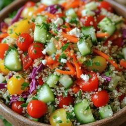 To make a colorful and tasty Rainbow Veggie Quinoa Salad, you need: - 1 cup quinoa, rinsed and drained - 2 cups vegetable broth (or water) - 1 cup cherry tomatoes, halved - 1 cup cucumber, diced - 1 bell pepper (any color), diced - 1 cup shredded carrots - 1/2 cup red cabbage, thinly sliced - 1/4 cup fresh parsley, chopped - 1/4 cup feta cheese, crumbled (optional for a vegan option) - 1/4 cup olive oil - 3 tablespoons lemon juice - 1 teaspoon garlic powder - Salt and pepper to taste If you have dietary needs, you can easily change this recipe. For a vegan version, skip the feta cheese or use a plant-based alternative. Quinoa is naturally gluten-free, making it a safe choice for those with gluten issues. You can swap the vegetable broth for water if that's what you have at home. Fresh ingredients make a big difference in this salad. They add vibrant colors and bright flavors. Fresh veggies also provide essential nutrients. When you use fresh produce, you boost the salad's taste and health benefits. Always choose the best quality ingredients you can find. This makes your meal not just tasty, but also good for you. Enjoy the burst of flavors in every bite! To start, bring 2 cups of vegetable broth or water to a boil in a medium saucepan. Once boiling, add 1 cup of rinsed quinoa. Reduce the heat to low and cover the pot. Cook for 15 to 20 minutes. The quinoa is done when it is fluffy and has absorbed all the liquid. Remove it from the heat and let it cool a bit. While the quinoa cooks, you can chop your veggies. Take 1 cup of cherry tomatoes and cut them in half. Then, dice 1 cucumber and 1 bell pepper. Shred 1 cup of carrots and slice 1/2 cup of red cabbage thinly. Finally, chop 1/4 cup of fresh parsley. Place all these veggies into a large mixing bowl. This mix adds a rainbow of colors to your salad. In a small bowl, whisk together 1/4 cup of olive oil, 3 tablespoons of lemon juice, 1 teaspoon of garlic powder, and some salt and pepper to taste. This dressing brings all the flavors together. Once the quinoa has cooled, add it to the bowl with the veggies. Pour the dressing on top and toss gently. Make sure everything is evenly coated. If you like, fold in 1/4 cup of crumbled feta cheese for creaminess. Enjoy your fresh and flavorful Rainbow Veggie Quinoa Salad! You can find the full recipe above. Best practices for cooking quinoa To cook perfect quinoa, rinse it first. This removes the bitter coating. Use two cups of liquid for each cup of quinoa. Bring the liquid to a boil before adding the quinoa. Lower the heat, cover, and let it simmer. Cook for about 15-20 minutes. Once done, fluff it with a fork and let it cool. This keeps the quinoa light and airy. How to customize your salad with seasonal vegetables You can switch up the veggies as the seasons change. In spring, try adding peas or asparagus. In summer, swap in zucchini or sweet corn. Fall is great for roasted squash or beets. In winter, use hearty greens like kale or Brussels sprouts. Feel free to mix and match. This keeps your salad fresh and exciting. Presentation tips for an attractive serving Make your salad pop with color. Use a large bowl or individual plates. Layer the ingredients for a beautiful look. Garnish with fresh parsley or a lemon slice. You can also sprinkle some feta on top for added flair. A colorful salad not only tastes great but looks amazing too. Serve it chilled for the best flavor. Check out the Full Recipe for more details! {{image_2}} You can easily add protein to your Rainbow Veggie Quinoa Salad. Chicken works great here. Use grilled chicken for a tasty boost. Simply chop it into bite-sized pieces and mix it in. Chickpeas are another fantastic option. They add a nice texture and flavor. Just rinse a can of chickpeas and toss them in. They are also a great source of plant-based protein. To keep it vegan, consider adding black beans or lentils. Both options are full of protein and add a nice heartiness. The dressing can change the whole vibe of your salad. Try a balsamic vinaigrette for a tangy twist. Just mix balsamic vinegar with olive oil, salt, and pepper. For a creamy option, use a yogurt-based dressing. Combine plain yogurt, lemon juice, and garlic for a fresh taste. If you want a kick, try a spicy sesame dressing. Mix sesame oil, soy sauce, and a dash of chili flakes for a bold flavor. You can even make a citrus dressing with orange juice and olive oil. This will add a sweet and zesty note to the dish. Toppings can make your salad even more exciting. Add nuts like almonds or walnuts for a nice crunch. Just chop them roughly and sprinkle on top. Seeds like sunflower or pumpkin seeds add extra nutrition. They also give a nice texture. Just toss a handful over the salad before serving. If you want a burst of flavor, add some sliced olives or pickled jalapeños. They bring a salty and tangy taste that pairs well with the veggies. Lastly, consider adding fresh herbs like basil or cilantro. They add a fragrant touch and enhance the overall flavor. For the full recipe, check out the Rainbow Veggie Quinoa Salad details. To keep your Rainbow Veggie Quinoa Salad fresh, store it in an airtight container. Make sure to keep it in the fridge. The salad stays good for up to three days. If you notice any moisture, drain it before sealing. This helps prevent sogginess. Meal prepping this salad is easy and fun. Cook your quinoa and let it cool. Chop the veggies and mix them in a bowl. Keep the dressing separate until you are ready to eat. This keeps everything crisp and fresh. You can store the components in the fridge for up to five days. This salad tastes great cold, so there is no need to reheat it. If you prefer a warm dish, you can warm the quinoa slightly before adding it. Just remember, adding hot quinoa to fresh veggies can make them wilt. So, if you heat it, serve right away. Enjoy the bright colors and flavors! For the full experience, check out the Full Recipe. The best dressing is a mix of olive oil and lemon juice. This blend adds bright flavor. I also like to add garlic powder, salt, and pepper. This simple dressing brings out the taste of the veggies. You can adjust the lemon juice for more zing or add herbs for extra flavor. Yes, you can make this salad ahead of time. It tastes great after it sits a while. Just cover it and keep it in the fridge. The flavors blend nicely, making it even tastier. I suggest waiting to add feta cheese until you serve it. This keeps it fresh. The salad lasts about three to five days in the fridge. Store it in a sealed container. If you notice the veggies getting soggy, eat it sooner. Always check for freshness before eating leftovers. You want to enjoy every bite! Quinoa is very healthy. It is high in protein and fiber. This makes it great for your diet. Quinoa also contains many vitamins and minerals. Eating quinoa can help with digestion and keep you full. It is a perfect base for salads and bowls. Yes, you can use other grains if you like. Brown rice, farro, or bulgur will work well. Each grain has a different taste and texture. Experiment to see what you enjoy best. Just remember to adjust cooking times based on the grain you choose. For the full recipe, check out the complete guide. This blog post covers all you need for a Rainbow Veggie Quinoa Salad. We explored fresh ingredients for flavor and nutrition, step-by-step cooking tips, and ways to customize your salad. I shared storage tips to keep leftovers fresh and answered common questions about the salad. Try making this salad your own with different veggies or dressings. Remember, the key is fresh ingredients and presentation. Enjoy creating a vibrant dish that’s good for you!