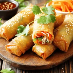 To make crispy veggie spring rolls, you need these main ingredients: - 1 cup cabbage, finely shredded - 1 carrot, julienned - 1 bell pepper (any color), sliced thin - 1 cup bean sprouts - 1 green onion, chopped - 2 cloves garlic, minced - 1 teaspoon ginger, grated - 2 tablespoons soy sauce - 1 teaspoon sesame oil - 20 spring roll wrappers - Oil for frying - Salt and pepper to taste These ingredients create a balanced mix of flavors and textures. The crunchy veggies add freshness, while garlic and ginger bring warmth. You can adjust the soy sauce for more or less saltiness, depending on your taste. Garnishes can elevate your spring rolls. Here are some options: - Sesame seeds for crunch - Fresh cilantro for color - Lime wedges for a zesty kick - Sweet chili sauce for dipping These garnishes add extra flavor and make your dish look beautiful. You can mix and match them based on what you like. If you need gluten-free options, look for rice paper wrappers instead of traditional spring roll wrappers. For vegan substitutes, ensure your soy sauce is labeled vegan. You can also swap out the sesame oil for a different oil, like canola or vegetable oil. These simple changes keep your spring rolls tasty and suitable for everyone! Remember, cooking should be fun and easy, so feel free to adapt the ingredients to suit your needs. For the full recipe, check out the details above. Start by getting your veggies ready. In a big bowl, mix these ingredients: - 1 cup cabbage, finely shredded - 1 carrot, julienned - 1 bell pepper, sliced thin - 1 cup bean sprouts - 1 green onion, chopped This mix gives a nice crunch and flavor. Heat a skillet over medium heat. Add a splash of oil. When the oil is hot, throw in: - 2 cloves garlic, minced - 1 teaspoon ginger, grated Sauté for about 1 minute. The smell will be amazing! Now add your mixed veggies to the skillet. Stir-fry for 3-4 minutes. You want them to soften but still stay crunchy. Drizzle in: - 2 tablespoons soy sauce - 1 teaspoon sesame oil Mix well and season with salt and pepper. Take the skillet off the heat and let the filling cool a bit. Now, it’s time to fill the spring rolls. Grab a spring roll wrapper. Place it on a clean, dry surface. Make sure one corner points towards you. Add about 2-3 tablespoons of the veggie mix near that corner. Fold the bottom corner over the filling. Then, fold in the sides. Roll tightly away from you. Use a little water to seal the top edge. Repeat this with the rest of the wrappers and filling. Heat oil in a deep frying pan to 350°F (175°C). Carefully add the spring rolls in batches. Fry them for about 4-5 minutes. They should turn golden brown and crispy. Turn them occasionally for even cooking. When done, use a slotted spoon to take them out. Place the spring rolls on paper towels to drain extra oil. Enjoy your crispy veggie spring rolls! For the full recipe, check out the details above. To get your spring rolls perfectly crispy, follow these steps. First, ensure your oil is hot enough. Heat it to 350°F (175°C) before frying. If the oil isn’t hot, the rolls will soak up too much oil and become soggy. Fry them in small batches. This helps maintain the oil temperature and gives each roll enough room to cook evenly. Finally, let them rest on paper towels to absorb excess oil, keeping that delightful crunch. Watch out for a few common mistakes. Don't overfill your spring rolls. This can make them hard to seal and fry. Also, avoid using wet or soggy vegetables. Excess moisture can lead to a mushy texture. Make sure to cool the filling before wrapping. If you skip this step, the heat can steam the wrappers and ruin the crispiness. Serve your crispy veggie spring rolls hot. Pair them with sweet chili sauce or soy sauce for a tasty dip. You can also add a sprinkle of sesame seeds and fresh cilantro for a pop of color and flavor. For a fun twist, try serving them with a side of peanut sauce or a zesty lime wedge. Enjoy these delightful bites at parties or as a snack! For the full recipe, check out the Full Recipe section. {{image_2}} You can change the filling to add your favorite veggies. Try spinach, mushrooms, or zucchini. You can also add cooked tofu or tempeh for protein. If you like heat, add some sliced jalapeños or chili peppers. Mixing in fresh herbs like cilantro or mint can brighten the flavors too. To make your spring rolls pop, try adding fun flavors. For a hint of sweetness, mix in some shredded coconut or a bit of brown sugar. You can use different sauces as well, like hoisin sauce or chili garlic sauce. A splash of lime juice adds a nice zing and balances the flavors. You can serve spring rolls in many fun ways. Try cutting them into bite-sized pieces for easy sharing. You can also stack them on a plate and drizzle sauce on top for a beautiful look. For a fun twist, serve them in lettuce leaves instead of wrappers. This adds crunch and freshness to each bite. You can find the full recipe [here]. If you have leftover spring rolls, store them in an airtight container. Place parchment paper between layers to keep them crispy. They stay fresh in the fridge for up to three days. Make sure to cool them completely before storing. This prevents sogginess. To reheat, avoid the microwave. It makes them soft. Instead, use a skillet or oven. Heat a small amount of oil in a skillet over medium heat. Add the spring rolls and cook for 2-3 minutes on each side. For the oven, preheat to 375°F (190°C). Place spring rolls on a baking sheet for 10-15 minutes until hot and crispy. You can freeze prepped spring rolls before frying. Lay them in a single layer on a baking sheet. Once they are frozen, transfer them to a freezer bag. They can last for up to three months. When ready to eat, fry them straight from the freezer. Just add an extra minute or two to the frying time for the best results. For the full recipe, check the previous section. The best way to seal spring rolls is to use water. After you fill the wrapper, fold it securely. Use a little water on the edge to stick it closed. This helps keep the filling inside while frying. Make sure to roll tightly but not too tight, or the wrapper may burst. Yes, you can bake crispy veggie spring rolls. Preheat your oven to 425°F (220°C). Place the spring rolls on a baking sheet lined with parchment paper. Brush them lightly with oil for a crispier texture. Bake for about 20-25 minutes, turning halfway through. They will be less oily but still delicious. You can store homemade spring rolls in the fridge for up to 3 days. Keep them in an airtight container to maintain freshness. If you want to store them longer, freeze un-fried rolls for up to a month. Just remember to separate them with parchment paper to prevent sticking. Spring rolls taste great with several dipping sauces. Popular choices include sweet chili sauce, soy sauce, or peanut sauce. You can also try a mix of soy sauce and vinegar for a tangy kick. For a fresh twist, pair with a zesty lime dipping sauce. Yes, spring rolls have a rich history in Asian cuisine. They originated in China over a thousand years ago, during the Spring Festival. People filled thin wrappers with fresh vegetables to celebrate the new season. Today, spring rolls are popular in many Asian countries, each with unique twists and fillings. In this article, we covered the key ingredients for spring rolls, from main components to optional garnishes and substitutes. We outlined easy step-by-step instructions for making delicious rolls and shared tips for achieving crispiness while avoiding common mistakes. We even explored tasty variations and provided storage info to keep your rolls fresh. With these skills and knowledge, you can enjoy making spring rolls at home. Dive in, be creative, and savor your tasty results!