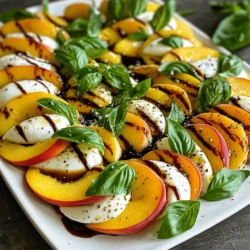 - Ripe Peaches - Fresh Mozzarella Cheese - Fresh Basil Leaves To make a Peach Caprese Salad, you need fresh ingredients. Start with ripe peaches. Look for peaches that feel slightly soft. They should smell sweet and fragrant. Next, get fresh mozzarella cheese. This cheese adds a creamy texture and mild flavor. Finally, add fresh basil leaves for that aromatic touch. - Balsamic Glaze - Extra Virgin Olive Oil - Salt and Pepper You will also need a few pantry staples. Balsamic glaze gives a sweet and tangy kick. Extra virgin olive oil adds richness and depth. Don't forget salt and pepper. These simple seasonings can make a huge difference. - Ideal Serving Size - Presentation Ideas For serving, this salad works well for four people. You can arrange it on a large white platter. The white background makes the colors pop! Layer the peaches, mozzarella, and basil nicely. Drizzle olive oil and balsamic glaze over it all. This makes for a stunning dish. If you want to impress, add extra basil leaves and a few drops of balsamic glaze on top. This Peach Caprese Salad is not only tasty but also a feast for the eyes! For the full recipe, check the link. - Washing and Slicing Peaches Start by washing the peaches under cold water. Make sure to clean them well. Cut each peach in half and remove the pit. Slice each half into wedges. Aim for nice, even slices to show off the color. - Layering Ingredients Take the fresh mozzarella cheese and slice it into rounds. Each slice should match the size of your peach wedges. This helps balance the flavors. - Arranging on the Platter Grab a large serving platter. Begin by arranging the peach slices first. Place them slightly overlapping each other for a lovely look. Next, layer the mozzarella slices next to the peaches. - Drizzling and Finishing Touches Tuck fresh basil leaves in between the peach and mozzarella. This adds color and flavor. Now, drizzle the extra virgin olive oil and balsamic glaze over the entire salad. Finish by sprinkling salt and freshly cracked black pepper to taste. - Resting Time for Flavor Meld Let the salad rest for about 5 minutes before serving. This short wait allows all the flavors to meld together beautifully. Enjoy a fresh and vibrant Peach Caprese Salad that looks as good as it tastes! For the complete recipe, you can find it [here](Full Recipe). To make a great Peach Caprese Salad, start with ripe peaches. Look for peaches that feel soft but not too mushy. The skin should be smooth and fragrant. You want that sweet, juicy flavor in every bite. If you find peaches that are not ripe yet, let them sit on your counter for a few days. They will ripen nicely, and you can enjoy the taste later. For mozzarella, fresh is best. Look for mozzarella that is packed in water. This keeps it soft and creamy. You can find it in balls or logs. I prefer the balls for this salad as they are easy to slice. Use whole milk mozzarella for a richer taste. If you want a lighter option, try part-skim mozzarella. Both will work well in your dish. To boost flavor, sprinkle salt and freshly cracked black pepper on your salad. This simple step lifts the natural tastes of the peaches and cheese. You can also add some red pepper flakes for a hint of heat. If you love herbs, add some fresh oregano or thyme for a different twist. Want to mix things up? Swap peaches for nectarines or plums. Both add a nice touch. You can also try different oils, like lemon-infused olive oil, for extra zest. For a dairy-free option, use a vegan mozzarella. It may change the taste, but it’s a fun way to explore new flavors. The look of your salad matters! Use a large white platter to really make those colors pop. Layer the peach slices and mozzarella in a circular pattern. It’s simple, but it looks stunning. Don’t be afraid to overlap them for a lush look. Garnishing can take your salad to the next level. Add fresh basil leaves on top for a fragrant touch. A drizzle of balsamic glaze can add flavor and beauty. Just a few drops can transform the dish. You may also sprinkle some toasted nuts for a crunchy finish. These little touches make your salad stand out. For more details, check the Full Recipe. {{image_2}} You can swap in other fruits for a twist. Try using ripe nectarines or juicy plums. These fruits add flavor and color. You can also use strawberries for a sweet touch. Each fruit brings its unique taste to the salad. Mixing fruits keeps it fresh and fun! Fresh mozzarella is classic, but feel free to experiment. Burrata cheese is creamy and rich. It adds a nice texture to the salad. Feta cheese brings a salty kick. Goat cheese also works well if you like tangy flavors. Each cheese option changes the taste and feel. To make this salad vegan, skip the cheese. You can use avocado instead for creaminess. Cashew cheese is another great alternative. It gives you that rich texture without dairy. You still get a delicious and fresh salad! This salad is naturally gluten-free. All the ingredients are safe to enjoy. So, you can serve it to everyone without worry. Just ensure your balsamic glaze and olive oil are pure. This way, you keep it healthy and gluten-free. If you like spice, add red pepper flakes. A pinch goes a long way in adding heat. You can also drizzle with spicy olive oil. This will give the salad a fiery twist that excites your palate. To make the salad sweeter, try honey or maple syrup. Drizzle it over the top for a touch of sweetness. This balance of sweet and savory creates a delightful flavor dance. You can also add a sprinkle of brown sugar for extra sweetness. Each option enhances the freshness of peaches. For the full recipe, refer to the section above. To keep your Peach Caprese Salad fresh, store leftovers in an airtight container. Place a paper towel in the container to absorb extra moisture. This helps keep the peaches and mozzarella from becoming soggy. Aim to eat the salad within two days for the best taste. You should not reheat this salad. It tastes best fresh. If you do need to warm it up, use a microwave on low power. Just warm it slightly, but avoid cooking it. Prep ingredients ahead of time for easy assembly. Slice your peaches and mozzarella, and store them separately in the fridge. This keeps everything fresh and ready to go. For the basil, keep the leaves whole until you are ready to serve. This way, they'll stay vibrant and flavorful. Enjoy your Peach Caprese Salad as a quick meal or a stunning side dish. For the full recipe, see the section above. A Peach Caprese Salad is a twist on the classic Caprese salad. It combines fresh peaches, mozzarella, and basil. The sweet taste of peaches shines through the creamy cheese. This salad is colorful and refreshing, perfect for summer days. Yes, you can prepare this salad ahead of time, but not too early. Make it up to two hours before serving. Store it in the fridge until you’re ready to serve. This keeps the peaches fresh and the flavors bright. This salad offers many nutrients. Peaches are high in vitamins A and C. Mozzarella gives you protein and calcium. Basil adds antioxidants and flavor. The olive oil provides healthy fats, making this dish nutritious and tasty. You can easily modify this salad for various diets. For vegan options, use vegan cheese or skip it. For gluten-free needs, this recipe is already safe. Just ensure that all ingredients are gluten-free, including the balsamic glaze. Pair this salad with a light drink. A crisp white wine, like Sauvignon Blanc, works well. If you prefer non-alcoholic, try sparkling water with lemon. Both options enhance the fresh flavors of the salad. For the full recipe, check out the detailed steps above! In this blog, we explored how to make a delicious Peach Caprese Salad. We discussed fresh ingredients like ripe peaches, mozzarella, and basil, plus pantry staples like balsamic glaze. I shared step-by-step instructions and tips for serving and storage. Now, you have the tools to create this dish. Feel free to mix ingredients or change flavors. Enjoy making this salad your own! It’s tasty, healthy, and fun to prepare.