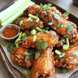 - 2 pounds chicken wings - 2 tablespoons olive oil - 1/2 cup honey - 1/4 cup hot sauce (adjust to taste) - 1 tablespoon soy sauce - 1 teaspoon salt - 1 teaspoon black pepper - 1 teaspoon garlic powder - 1 teaspoon smoked paprika - 1/2 teaspoon cayenne pepper (optional) - Fresh cilantro or green onions The main ingredients set the stage for sweet and spicy chicken wings. First, chicken wings give you that tender, juicy base. Olive oil helps crisp the skin while baking. Honey adds sweetness, and hot sauce gives you the spice. Soy sauce rounds out the flavor with a salty kick. For seasoning, salt and black pepper bring out the best in the wings. Garlic powder gives a nice depth, while smoked paprika adds a hint of smokiness. If you want extra heat, cayenne pepper is your friend. Fresh cilantro or green onions make a great garnish, adding color and freshness. You can find the full recipe to make these wings and enjoy a delightful meal. 1. Preheat your oven to 400°F (200°C). This makes the wings crispy. 2. Line a baking sheet with foil and place a wire rack on top. The rack helps with even cooking. 3. In a bowl, toss 2 pounds of chicken wings with 2 tablespoons of olive oil, 1 teaspoon of salt, and 1 teaspoon of black pepper. Make sure all wings are coated well. 1. Arrange the wings on the wire rack in a single layer. 2. Bake them for 40-45 minutes. Turn the wings halfway through. They should be crispy and golden brown when done. 1. Gather the sauce ingredients: 1/2 cup honey, 1/4 cup hot sauce, 1 tablespoon soy sauce, 1 teaspoon garlic powder, 1 teaspoon smoked paprika, and 1/2 teaspoon cayenne pepper (optional). 2. In a small saucepan, mix the honey, hot sauce, soy sauce, garlic powder, smoked paprika, and cayenne pepper over medium heat. 3. Let it simmer for about 5 minutes while stirring. This blends all the flavors together. Now, you can pour the sauce over the wings and enjoy this sweet and spicy delight! Check out the Full Recipe for more details. To make your wings crispy, use a wire rack. This lets hot air flow around the wings. Bake them on a rack for even cooking. Set your oven to 400°F (200°C). Bake for 40-45 minutes, turning them halfway. This timing gives you that perfect crunch. You can change the heat level in your sauce. If you like it mild, use less hot sauce. For more heat, add cayenne pepper. You can also swap honey for maple syrup. If you want a different flavor, try barbecue sauce instead of hot sauce. Serve your wings on a big platter. Garnish with fresh cilantro or green onions. Add celery sticks on the side for crunch. They pair well with ranch or blue cheese dressing. Use a nice plate for a great look. Enjoy your Sweet and Spicy Chicken Wings with friends! {{image_2}} To make your sweet and spicy chicken wings even more exciting, try these flavor twists. - Asian-inspired twist: Add 1 tablespoon of ginger to the sauce. Use sesame oil instead of olive oil. Top with sesame seeds for an extra crunch. - BBQ flavor variation: Swap honey with your favorite BBQ sauce. Mix in a tablespoon of apple cider vinegar. This gives the wings a tangy kick. You can cook these wings in different ways. Each method brings out unique flavors. - Air fryer instructions: Preheat your air fryer to 375°F (190°C). Coat the wings as before. Place them in a single layer in the air fryer basket. Cook for 25-30 minutes, shaking the basket halfway through. You’ll get crispy wings without the oven. - Grilling options: Preheat your grill to medium-high heat. Coat wings as described in the recipe. Grill for about 20 minutes, turning occasionally. This adds a smoky flavor that is hard to resist. For more detailed instructions, check the Full Recipe. To store leftover wings, let them cool first. Place them in an airtight container. This keeps them fresh and tasty. You can store them in the fridge for up to four days. When you're ready to eat, simply take out the wings and enjoy. Best practices for cooling include spreading the wings on a plate. This helps them cool faster. Avoid stacking them. Stacking can trap heat and moisture, making the wings soggy. For longer storage, freezing is the best option. First, make sure the wings are fully cooled. Then, place them in a freezer-safe bag. Remove as much air as possible before sealing. You can freeze them for up to three months. Reheating techniques are simple. You can bake them straight from the freezer. Preheat your oven to 375°F (190°C). Place the wings on a baking sheet and heat for about 20-25 minutes. This will help them regain their crispiness. You can also microwave them, but the wings may lose some crunch. Enjoy your Sweet and Spicy Chicken Wings later with ease! You can make sweet and spicy chicken wings in an air fryer easily. Start by seasoning the wings with olive oil, salt, and pepper. Place them in the air fryer basket in a single layer. Cook them at 400°F for about 25-30 minutes. Shake the basket halfway through for even cooking. Once they are golden and crispy, toss them in the sweet and spicy sauce as per the Full Recipe. Yes, you can use frozen chicken wings. However, you need to thaw them first for even cooking. Place frozen wings in the fridge overnight or use the microwave. Once thawed, season and cook them as described in the recipe. Cooking time may increase slightly if they are still cold. Some great dipping sauces include ranch, blue cheese, and honey mustard. You can also try BBQ sauce or sriracha for a spicy kick. Each sauce adds a different flavor that pairs well with the sweet and spicy wings. Sweet and spicy chicken wings have a good amount of protein. They also contain healthy fats from olive oil. Each serving has about 350 calories, but this can change based on the sauce used. To get exact numbers, check the ingredient labels and use a nutrition calculator. To adjust the spice level, simply change the amount of hot sauce you add. If you like it mild, use less hot sauce. For more heat, add cayenne pepper or extra hot sauce. Taste the sauce before tossing the wings to find your perfect balance. This post shared a simple way to make sweet and spicy chicken wings. We covered all the key ingredients, from chicken wings to seasonings. I broke down the steps for preparation, baking, and making the sauce. You learned tips for crispy wings and ways to customize the flavor. Whether you bake, fry, or grill, these wings can impress anyone. Now get cooking and enjoy your tasty creation!
