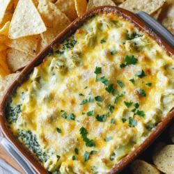 - 1 cup frozen spinach, thawed and drained - 1 cup canned artichoke hearts, chopped - 1/2 cup cream cheese, softened - 1/2 cup sour cream - 1 cup shredded mozzarella cheese - 1/2 cup grated Parmesan cheese - 2 cloves garlic, minced - 1 teaspoon lemon juice - 1/2 teaspoon onion powder - 1/2 teaspoon salt - 1/4 teaspoon black pepper - 1/4 teaspoon crushed red pepper flakes (optional for heat) When making Cheesy Spinach Artichoke Dip, you can adjust the ingredients based on your needs. If you want a healthier version, try using Greek yogurt instead of sour cream. For a vegan option, substitute cream cheese and mozzarella with plant-based versions. You can also use fresh spinach instead of frozen. Just make sure to cook it down first and drain any excess water. Gluten-free options can work too. Use gluten-free crackers or veggie sticks for dipping. You can enjoy this dip while sticking to your diet. Each ingredient adds flavor and texture, making it a delight to share. For the full experience, check out the Full Recipe. 1. Preheat your oven to 375°F (190°C). This step warms the oven for even cooking. 2. In a mixing bowl, add softened cream cheese, sour cream, and lemon juice. Use a hand mixer to blend until smooth. This creates a creamy dip base. 1. Add the chopped spinach and artichokes to the bowl. Mix them in well with the creamy base. 2. Next, incorporate minced garlic, mozzarella cheese, Parmesan cheese, onion powder, salt, black pepper, and crushed red pepper flakes if you like heat. Stir until everything is evenly blended. 1. Transfer the mixture to a baking dish. Spread it out evenly for uniform cooking. 2. Bake in the preheated oven for 20-25 minutes. Look for a hot, bubbly dip that is lightly golden on top. This means it's ready to enjoy! Follow the [Full Recipe] to ensure you don't miss any steps or details. To make your dip creamy, use softened cream cheese. Blend it well with sour cream. This step ensures a smooth base. A hand mixer or whisk works great. Mix until it feels fluffy. To avoid a watery dip, drain the spinach well. Squeeze out excess moisture using a clean towel. Also, do not skip the cheese. It adds both flavor and thickness. When serving, warm dip pairs best with crunchy chips. Try crispy tortilla chips or toasted baguette slices. Fresh veggie sticks add a nice crunch, too. For a beautiful display, garnish with extra Parmesan. Add fresh herbs like parsley or cilantro. A sprinkle of red pepper flakes gives it a pop of color. One mistake is overbaking the dip. Keep an eye on it as it cooks. Aim for a bubbly, golden top without burning. Another error is using the wrong cheese. Stick with mozzarella for stretchiness. Parmesan adds a sharp bite. Avoid soft cheeses that may not hold up. {{image_2}} You can boost the flavor of your Cheesy Spinach Artichoke Dip in several fun ways. One popular option is to add crispy bacon. The salty crunch brings a nice contrast to the creamy dip. You can also try adding diced jalapeños for a spicy kick. If you want to explore different cheeses, swap mozzarella for cheddar or gouda. Each cheese adds its unique twist. Using fresh spinach instead of frozen is another great change. Fresh spinach has a brighter flavor and a nice texture. Just make sure to sauté it first to reduce moisture. This prevents your dip from getting watery. If you want a vegan version, replace cream cheese and sour cream with cashew cream or a store-bought vegan alternative. Nutritional yeast can add a cheesy flavor without using dairy. You can also use almond or coconut yogurt as a creamy base. For low-carb adaptations, skip the sour cream and use cream cheese and Greek yogurt instead. This keeps the dip rich while reducing carbs. Serving it with fresh veggies or low-carb chips makes it perfect for a keto diet. You can take your dip on a global journey too! For a Mediterranean twist, try adding crumbled feta cheese or chopped olives. This gives the dip a savory, salty flavor. You can also mix in sun-dried tomatoes or artichokes marinated in herbs. Consider adding spices from other cultures as well. A sprinkle of curry powder or smoked paprika can transform the dip into a new experience. Each variation can bring a world of flavor to your table. For the complete recipe, check out the [Full Recipe]. Store any leftover Cheesy Spinach Artichoke Dip in an airtight container. Place it in the refrigerator right after it cools. This dip stays fresh for about three to four days. Just remember to check for any changes in smell or texture before eating. You can freeze this dip if you want to save some for later. To freeze, scoop the dip into a freezer-safe container. Leave some space at the top for expansion. It can stay in the freezer for up to three months. When you’re ready to eat it, thaw it in the fridge overnight. To reheat, follow the steps below to keep the texture right. You can use either the microwave or the oven to reheat your dip. In the microwave, heat it in short bursts, stirring in between. This method is quick but can dry out the dip. The oven is better if you have more time. Preheat it to 350°F (175°C) and heat the dip for about 15-20 minutes. Cover it with foil to keep it moist. Either way, stir it well before serving for the best flavor. To make your dip spicier, consider these options: - Add more crushed red pepper flakes. - Mix in diced jalapeños. - Use pepper jack cheese instead of mozzarella. You can adjust the heat level to your liking. Start slow and taste as you go. This way, you’ll find the right balance for your palate. Yes, you can prepare this dip ahead of time. Mix all the ingredients and store them in the fridge. Cover it tightly to keep it fresh. When you’re ready to bake, pop it in the oven. Just remember to let it sit at room temp for about 15 minutes before baking. This helps it cook evenly. Here are some great options to serve: - Crispy tortilla chips - Toasted baguette slices - Fresh vegetable sticks like carrots and celery - Pita chips These choices add crunch and flavor. You can also try adding some fun garnishes like extra cheese or fresh herbs. Yes, you can use fresh spinach! Here’s what to do: - Use about 2 cups of fresh spinach. - Sauté it in a pan until wilted. - Drain any excess water to avoid a soggy dip. Using fresh gives a great taste, but it’s essential to remove the water for the best texture. This blog post covers all you need for Cheesy Spinach Artichoke Dip. We shared ingredients, step-by-step instructions, and tips to avoid common mistakes. You learned about variations and how to store leftovers, too. In the end, this dip is simple and fun to make. Enjoy it with friends and family at your next gathering. Let your creativity shine through with flavor and presentation! You won’t regret trying this tasty treat.