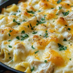 - 2 cups cooked pasta (cavatappi or penne) - 2 cups cooked chicken, shredded or diced - 1 cup Alfredo sauce (store-bought or homemade) These main ingredients form the heart of your Chicken Alfredo Bake. The pasta gives it a nice base, while the chicken adds protein. The Alfredo sauce brings that creamy richness we all love. - 1 cup shredded mozzarella cheese - 1/2 cup grated Parmesan cheese - 1 teaspoon garlic powder - 1 teaspoon Italian seasoning Cheese makes this dish extra special. Mozzarella melts beautifully, while Parmesan adds a salty kick. Garlic powder and Italian seasoning boost the flavor, making each bite taste amazing. - 1 cup baby spinach, roughly chopped - Salt and pepper to taste - Fresh parsley, for garnish (optional) Adding spinach makes it healthier and adds color. You can adjust salt and pepper to your taste. Fresh parsley on top gives a nice touch, making it look even better on your table. For the full recipe, check out the details above! - Preheat oven to 375°F (190°C). - In a large bowl, combine cooked pasta, chicken, Alfredo sauce, garlic powder, and Italian seasoning. Mix well until all pieces are coated. - Next, stir in half of the mozzarella cheese and half of the Parmesan cheese. Season with salt and pepper to taste. - Pour this mixture into a greased baking dish, spreading it evenly across the bottom. - Cover the dish with aluminum foil and bake for 20 minutes. - After 20 minutes, remove the foil and bake for an additional 10-15 minutes until the cheese is bubbly and golden brown. For a full recipe with exact measurements and additional tips, check the Full Recipe section. Choosing the right pasta is key. I love using cavatappi or penne. These shapes hold sauce well and give a nice bite. Avoid thin pasta like spaghetti; it can get mushy when baked. When it comes to Alfredo sauce, I suggest making your own. Homemade sauce tastes fresh and rich. You can control the ingredients and customize it. Store-bought sauce is quick and easy, though. It still works well for busy nights. Pair your Chicken Alfredo Bake with simple sides. A fresh green salad adds crunch and balance. Garlic bread or breadsticks are great for mopping up sauce. You can also serve steamed veggies for extra color and health. For garnish, sprinkle fresh parsley on top before serving. It adds color and freshness. You can also add extra cheese on top for a fun touch. One big mistake is overcooking the pasta. You want it al dente, not mushy. Remember, it will cook more in the oven. Another issue is not seasoning enough. A bit of salt and pepper makes a big difference. Taste your mixture before baking. Adjust the seasoning to suit your taste. {{image_2}} You can change the cheese in this dish for fun. Try using cheddar or gouda instead of mozzarella. Each cheese brings a new flavor. You can also switch Parmesan for pecorino Romano for a sharper taste. If you're not a fan of chicken, you can use turkey or tofu. Shredded turkey works great if you have leftovers. Tofu adds a nice texture, and it soaks up flavors well. Just make sure to press it first to remove excess water. Want to add more color and taste? Toss in some broccoli or bell peppers. They add crunch and nutrition. You can also use frozen veggies if you’re short on time. Just mix them in before baking. Don’t forget spices! A dash of red pepper flakes adds heat. You can also use smoked paprika for a deeper flavor. Experiment with your favorite herbs for a twist. To make a gluten-free version, swap regular pasta for gluten-free pasta. Many brands offer great options that taste just as good. Always check the label to ensure it fits your diet. If you want to lower the calorie count, use less cheese. You can also add more veggies to fill up the dish. Greek yogurt is a great substitute for some Alfredo sauce if you want a lighter option. It keeps the creaminess while cutting calories. For the full recipe, check out the detailed steps I provided earlier! To keep your Chicken Alfredo Bake fresh, store it in the fridge. First, let it cool for about 30 minutes. Then, transfer it to an airtight container. Use a glass or plastic container with a tight seal. This helps keep moisture in and prevents odors from other foods. When you're ready to enjoy the leftovers, avoid drying them out. The best way is to reheat in the oven. Preheat your oven to 350°F (175°C). Place your Chicken Alfredo Bake in a baking dish. Cover it with foil to keep the moisture. Heat for about 20 minutes or until warm. For individual portions, use a microwave. Just cover the bowl with a damp paper towel and heat for 1-2 minutes. Yes, you can freeze leftovers! To freeze, first, let the dish cool completely. Then, cut it into portions. Wrap each portion tightly in plastic wrap. Place the wrapped portions in a freezer-safe bag or container. Label with the date. To thaw, move it to the fridge overnight. Reheat as mentioned above for the best results. Can I make Chicken Alfredo Bake ahead of time? Yes, you can make it ahead. Prepare the bake and store it in the fridge. Just cover it well. When ready to eat, bake it straight from the fridge. You may need to add a few extra minutes to the baking time. How can I make Chicken Alfredo Bake creamy without excess calories? To keep it creamy but light, use low-fat Alfredo sauce. You can also add more spinach for texture. Another option is to mix in some Greek yogurt. This adds creaminess without many extra calories. What can I use instead of Alfredo sauce? You can use a white sauce or a light cream sauce. If you like a kick, try adding pesto. Another option is to blend cottage cheese for a creamy base. What type of pasta is best for this recipe? Cavatappi and penne are great choices. They hold the sauce well. You can also use rotini or fusilli for a fun twist. How long does it take to bake if using different baking dishes? If you use a smaller dish, it may cook faster. Expect about 25-30 minutes. For a larger dish, it might take 35-40 minutes. Always check for bubbly cheese as your guide. Can I cook this recipe in an air fryer? Yes, an air fryer works well for this dish. Cook it at 375°F for about 20-25 minutes. Check the cheese for that golden brown look before serving. You can easily whip up a tasty Chicken Alfredo Bake with simple ingredients and quick steps. We covered the main ingredients, like pasta, chicken, and cheese, along with helpful tips for perfecting your dish. Remember to avoid common mistakes and explore variations to suit your taste. Whether you store, freeze, or reheat your leftovers, this meal stays delicious. Enjoy making this comforting dish that can delight family and friends with each bite. Happy cooking!