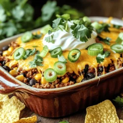- 1 pound ground beef or turkey - 1 packet taco seasoning - 1 can (15 oz) black beans, rinsed and drained - 1 can (15 oz) corn, drained - 1 can (10 oz) diced tomatoes with green chilies The main ingredients make this dish a real winner. Ground beef or turkey gives it a hearty base. Taco seasoning adds a burst of flavor that ties everything together. Black beans and corn offer texture and nutrition. Diced tomatoes with green chilies bring a zesty kick. - 2 cups tortilla chips, lightly crushed - 2 cups shredded cheddar cheese - 1 cup sour cream - 1/4 cup sliced green onions - 1/4 cup fresh cilantro, chopped - Salt and pepper to taste Toppings make this taco casserole shine. Tortilla chips add crunch and a fun twist. Shredded cheddar cheese creates a gooey layer that melts perfectly. Sour cream gives it a rich, creamy touch. Green onions and cilantro add freshness and color. Don’t forget salt and pepper to taste. For the full recipe, check out the link provided. - Preheat the oven to 350°F (175°C). - In a large skillet, cook 1 pound of ground beef or turkey over medium heat until browned. Drain any extra fat. - In a 9x13 inch baking dish, spread a layer of 2 cups of lightly crushed tortilla chips. - Spoon the meat mixture over the chips. Spread it out evenly. - Top with half of 2 cups of shredded cheddar cheese. - Spread 1 cup of sour cream evenly over the cheese layer, then add the remaining cheese on top. - Bake in the preheated oven for 20-25 minutes. The cheese should be melted and bubbly. - Let it cool for a few minutes before serving. For the full recipe, check the detailed instructions above. Choosing the right meat is key. I often use ground beef for rich flavor. If you prefer leaner options, ground turkey works well too. Both meats absorb the taco seasoning nicely. To ensure even cheese melting, spread the cheese evenly across the top. Use a mix of cheddar and Monterey Jack for extra creaminess. Let the casserole sit for a few minutes after baking. This allows the cheese to set and makes it easier to serve. Don’t skip the toppings! Avocado slices add creaminess, while jalapeños bring a spicy kick. You can also use sour cream for a cool contrast. For a complete meal, serve it with a side salad or some fresh fruit. This adds freshness to your plate. One common mistake is overcooking the meat. Cook it just until browned for the best texture. This keeps it juicy and tender. Another mistake is skimping on the layer of crushed chips. Make sure to cover the bottom of the dish well. A generous layer adds crunch and keeps the casserole from becoming soggy. For the full recipe, check out the Super Easy Taco Casserole! {{image_2}} You can make this dish meat-free! Just swap the meat for lentils or tofu. Lentils give a nice texture. They also soak up all the taco flavors well. Tofu is great for a soft bite. Simply crumble it before adding. Both options are tasty and healthy. Want more heat? Add extra chili or jalapeños to the mix. You can slice them thin and sprinkle them in. For a fiery kick, use spicy taco seasoning. Just swap the usual packet for one labeled "spicy." Adjust the amount to fit your taste. It adds a fun twist! Feel free to get creative with your ingredients. Use different types of cheese, like pepper jack. You can also try corn tortillas instead of chips for a softer base. Have some leftover veggies? Toss them in! They can add great flavor and texture to your casserole. To keep your Super Easy Taco Casserole fresh, store leftovers properly. Use an airtight container. This helps keep the flavors intact. The casserole lasts in the fridge for three to four days. Make sure it cools down before sealing it up. This prevents condensation, which can make it soggy. You can freeze this casserole before or after baking. If freezing before baking, assemble the dish as normal. Wrap it tightly in foil and plastic wrap. It can last up to three months in the freezer. If you bake it first, let it cool completely. Then, freeze it in a similar way. To reheat, bake at 350°F (175°C) until hot, about 30-40 minutes. This dish is perfect for meal prep. You can prepare it in advance for busy nights. Portion it into individual servings for easy meals. Use small containers for each serving. This makes reheating simple. You can grab a serving and heat it up in minutes. Super Easy Taco Casserole lasts about three to four days in the fridge. To keep it fresh, store your casserole in an airtight container. This helps prevent moisture loss and keeps flavors intact. If you want to keep it longer, consider freezing it instead. Yes, you can use shredded chicken! It works great in this dish. Cooked rotisserie chicken is a fast option. Just mix it with the taco seasoning and follow the same steps. You can also use ground turkey or beef for a leaner choice. Taco Casserole pairs nicely with various sides. Here are some ideas: - Extra tortilla chips for crunch - A simple green salad for freshness - Guacamole or avocado slices for creaminess - Jalapeños for a spicy kick - Sour cream for added richness These sides will make your meal more colorful and fun. You can find the Full Recipe to try this delicious dish at home! This blog post covers how to make a tasty Taco Casserole. You start with simple ingredients like ground beef, beans, and cheese. I explained step-by-step how to prepare, layer, and bake it. You learned useful tips on perfecting your dish and ways to add your twist with variations. In the end, this casserole fits any meal and pleases everyone. Get creative and enjoy your time in the kitchen!