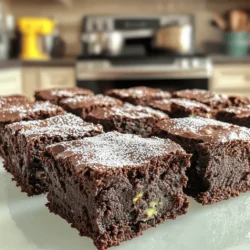 When making moist zucchini brownies, the right ingredients matter a lot. Each one plays a role in creating that rich, chewy texture. Here are the key ingredients: - 1 cup grated zucchini (about 1 medium-sized zucchini) - 1 cup all-purpose flour - 1/2 cup unsweetened cocoa powder - 1 cup granulated sugar - 1/2 cup brown sugar, packed - 1/2 cup vegetable oil - 2 large eggs - 1 teaspoon vanilla extract - 1/2 teaspoon baking powder - 1/2 teaspoon baking soda - 1/4 teaspoon salt - 1/2 cup chocolate chips (optional) Using the right measurements gives the best results. If you don’t have a key ingredient, here are some alternatives: - Zucchini: You can use yellow squash instead. They add a similar moisture level. - Flour: Whole wheat flour works well too. It adds a nutty flavor. - Oil: You can swap vegetable oil with melted coconut oil for a different taste. - Sugar: If you want it less sweet, reduce the sugar by 1/4 cup. Want to jazz up your brownies? Here are some fun add-ins: - Nuts: Chopped walnuts or pecans add a nice crunch. - Spices: A pinch of cinnamon or nutmeg can deepen the flavor. - Extracts: Almond extract gives a unique twist. - Fruits: Dried cherries or cranberries can add a sweet and tart surprise. These choices can elevate your zucchini brownies. For the full recipe, you can check out the detailed steps. Enjoy your baking! To make these brownies, start by prepping your kitchen. Gather all your ingredients first. This will help you stay organized. Preheat your oven to 350°F (175°C). Grease an 8x8 inch baking pan. Line it with parchment paper for easy removal later. Next, grab a medium bowl. In this bowl, whisk together the flour, cocoa powder, baking powder, baking soda, and salt. Make sure these dry ingredients mix well. Set this bowl aside for now. In a large bowl, combine the granulated sugar, brown sugar, and vegetable oil. Whisk this mixture until it looks smooth and shiny. Now, crack in the eggs one at a time. Whisk well after each egg. Then, stir in the vanilla extract. It’s time to bring the dry and wet ingredients together. Gradually fold the dry mix into the wet mix. Use a spatula to do this gently. Do not overmix! Finally, fold in the grated zucchini and chocolate chips, if you want them. Pour this rich batter into your prepared pan. Spread it out evenly with your spatula. Place the baking pan in your preheated oven. Bake for 25 to 30 minutes. To check if they are done, insert a toothpick into the center. It should come out with a few moist crumbs. If it comes out wet with batter, bake a bit longer. Once baked, remove the pan from the oven. Let the brownies cool in the pan for about 10 minutes. Use the parchment paper to lift them out. Transfer them to a wire rack to cool completely. This cooling step is vital for the perfect chewy texture. To ensure your brownies are done, trust your toothpick test. A few moist crumbs mean they are just right. If the toothpick comes out clean, they might be overbaked. Also, remember that brownies continue to cook a little after you take them out. So, don’t wait too long to pull them from the oven. This will keep them moist and chewy. For the best results, use a light-colored pan. Dark pans can cause the edges to cook faster. Enjoy your baking journey! For the full recipe, refer to the sections above. To keep your brownies moist, use fresh zucchini. The water in the zucchini adds great moisture. Grate the zucchini finely so it mixes well into the batter. Don’t squeeze out the moisture; this is key for texture. Use a mix of granulated and brown sugar. Brown sugar has more moisture and adds a chewy texture. Also, don’t overbake the brownies. Bake them until a toothpick comes out with a few moist crumbs. This ensures the center stays soft. One common mistake is not measuring the ingredients correctly. Too much flour can dry out your brownies. Always use the spoon and level method for flour. Another mistake is mixing too much. Overmixing can lead to tough brownies. Mix just until the dry and wet ingredients combine. Lastly, don’t skip the cooling step. Allow the brownies to cool completely before slicing. This helps them set and stay moist. Use a good quality 8x8 inch baking pan. A non-stick pan works best for easy removal. Also, have a whisk and spatula handy for mixing. A box grater is great for shredding zucchini quickly. Consider using parchment paper to line your pan. It makes cleanup easier and helps with removal. A toothpick is useful to check if your brownies are done. These simple tools can make a big difference. For the full recipe, check the ingredients and instructions above. Happy baking! {{image_2}} You can make these brownies gluten-free by swapping the all-purpose flour. Use a gluten-free flour blend instead. Many blends work well and keep the brownies soft. Just check that your blend has no added sugar. Follow the same steps in the recipe, and enjoy your gluten-free treat! To make these brownies vegan, replace eggs with flaxseed meal. Mix 1 tablespoon of flaxseed meal with 3 tablespoons of water. Let it sit for five minutes to thicken. Use this mixture in place of the eggs. For the oil, you can use applesauce. This keeps the brownies moist and delicious. Want to spice things up? Add a pinch of cinnamon or nutmeg to the batter. These spices give a warm flavor that pairs well with chocolate. You can also toss in some chopped nuts like walnuts or pecans for a crunchy texture. Chocolate chips are a great addition, too. They melt in and add richness. Explore these variations to make your zucchini brownies unique. For the full recipe, refer back to the earlier section. To keep your moist zucchini brownies fresh, store them in an airtight container. This helps keep them soft and chewy. Place a piece of parchment paper between layers to prevent sticking. You can store them at room temperature for up to three days. For longer storage, consider refrigerating them. Freezing is a great option if you want to keep brownies for a longer time. First, let the brownies cool completely. Then, cut them into squares. Wrap each square in plastic wrap tightly. After that, place them in a freezer bag or container. They can last up to three months in the freezer. When you want to enjoy them, simply thaw in the fridge overnight. Reheating your brownies can bring back their original softness. To do this, preheat your oven to 350°F (175°C). Place the brownies on a baking sheet. Cover them with foil to prevent drying out. Heat for about 10 minutes. You can also use the microwave for a quick warm-up. Just heat for 10 to 15 seconds. Enjoy your delicious brownies fresh and warm! Yes, you can use other squash, like yellow squash. It works well but has a different taste. You may need to adjust the moisture in the recipe. Always grate the squash and squeeze out the liquid first. This helps keep your brownies from getting too wet. To make sugar-free brownies, replace granulated sugar with a sugar substitute. Options like erythritol or stevia work well. Use these at a 1:1 ratio for sweetness. Make sure to choose a product that measures like sugar. This will help keep the texture just right. To add zucchini without excess moisture, start by grating it finely. Then, place it in a clean kitchen towel. Squeeze out any extra water. This step is key. It helps your brownies stay chewy and moist. Don't skip this part; it makes all the difference! For the full recipe, check the earlier section. In this post, we explored how to make moist zucchini brownies. We covered key ingredients, exact measurements, and tasty add-ins. The step-by-step instructions guide you in preparation, baking, and cooling. I shared tips to keep your brownies moist and avoid common mistakes. We also discussed gluten-free and vegan options, plus storage methods for freshness. Experiment with style and flavor to fit your taste. With these tips, you'll enjoy brownies that are fun to make and delicious to eat. Happy baking!