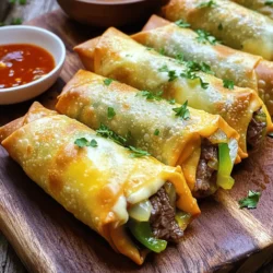 For these tasty egg rolls, you will need: - 8 egg roll wrappers - 1 pound sirloin steak, thinly sliced - 1 medium onion, thinly sliced - 1 green bell pepper, thinly sliced - 1 cup provolone cheese, shredded - 2 tablespoons olive oil - 2 cloves garlic, minced - Salt and pepper to taste - Vegetable oil for frying These main ingredients bring the classic flavors of a Philly cheesesteak into a fun snack. The sirloin steak adds rich taste, while the provolone cheese melts beautifully inside. You can also play with these add-ins: - Mushrooms, for an earthy flavor - Spinach, for a healthy twist - Hot sauce, if you want some heat These optional ingredients let you get creative. Feel free to mix and match based on what you enjoy. To make these egg rolls, you will need: - A large skillet for cooking - A sharp knife for slicing - A cutting board for prep - A deep pan or fryer for frying - Paper towels for draining Having the right tools makes cooking easier. A large skillet helps cook the filling evenly. A deep fryer can give you that perfect crunch. For the full recipe, you can refer to the detailed cooking steps. To make the filling, start by heating olive oil in a large skillet. Use medium-high heat for the best results. Next, add the thinly sliced sirloin steak. Season it with salt and pepper. Cook the steak until it turns brown, which takes about 3-4 minutes. After that, toss in the sliced onions and green bell peppers. Add the minced garlic, too. Sauté these veggies until they are tender, around 5-6 minutes. Once done, remove the skillet from heat. Let the mixture cool a bit. Stir in the shredded provolone cheese until everything blends well. Now it's time to wrap the filling. Take an egg roll wrapper and lay it flat. Spoon a heaping tablespoon of the cheesesteak mix into the center of the wrapper. Fold the bottom corner over the filling first. Then, fold in the sides tightly. Roll it up from the bottom to the top. Use a little water to seal the edge of the wrapper. Repeat this process with the rest of the filling and wrappers until you finish them all. For frying, heat vegetable oil in a deep pan or fryer. Aim for a temperature of 350°F (175°C). Carefully place the egg rolls into the hot oil. Fry them in batches to avoid crowding. Cook until they are golden brown and crispy, which takes about 3-4 minutes on each side. Once they’re done, remove the egg rolls and let them drain on paper towels. Allow them to cool slightly before serving. You can find the full recipe for more details. To get crispy egg rolls, start with dry filling. Excess moisture can make them soggy. After cooking the filling, let it cool. This step helps the cheese set and keeps the wrappers firm. When wrapping, ensure each roll is tight. A tight roll keeps the filling inside while frying. Temperature is key for even browning. Heat your oil to 350°F (175°C) before adding egg rolls. If the oil is too hot, the outside will burn. If it's too cold, they will absorb oil and turn greasy. Fry in small batches. This helps keep the oil temperature steady. Dipping sauces can enhance the flavors of your egg rolls. I recommend using hot sauce for a kick. You can also try a creamy ranch or a sweet chili sauce. Both add a nice balance to the savory filling. For a twist, mix sriracha with mayo for a spicy dip. Enjoy exploring different flavors! {{image_2}} You can make a tasty vegetarian version. Replace the steak with sautéed mushrooms or tempeh. Use bell peppers and onions for the classic flavor. Add some spinach for extra color and nutrients. Provolone cheese still works great too. This way, you enjoy the same crunch and taste but without meat. If you love heat, add jalapeños to the mix. Chop fresh jalapeños and mix them with the steak. This adds a spicy kick. You can also use pickled jalapeños for a tangy flavor. Serve these egg rolls with a side of ranch or blue cheese to cool down the heat. Your guests will love this fiery twist! Switching up cheeses can create new flavors. Try cheddar for a sharp taste. For a creamier option, use mozzarella. Mixing cheeses can also work. Blend provolone with gouda for a rich flavor. Each cheese adds its unique touch while keeping the dish fun and exciting. Explore these combinations to find your favorite! For the full recipe, check out the detailed instructions above. After you enjoy these tasty egg rolls, you may have some left. Let them cool completely before storing. Place them in an airtight container. You can keep them in the fridge for up to three days. If you want to keep them longer, freezing is the best option. To reheat, I recommend using the oven. Preheat your oven to 350°F (175°C). Place the egg rolls on a baking sheet. Heat for about 10-15 minutes until they are warm and crispy again. You can also use an air fryer for this. It will make them even crispier in just 5-7 minutes. Freezing is a great way to save egg rolls for later. To freeze, wrap each egg roll in plastic wrap. Then, place them in a freezer bag or container. They can last up to three months in the freezer. When you are ready to eat them, you can fry them from frozen. Just make sure to adjust the frying time to about 5-6 minutes per side for a golden finish. For the full recipe, check the earlier section. Yes, you can make Philly Cheesesteak Egg Rolls ahead of time. You can prepare the filling and roll the egg rolls. Store them in the fridge for up to one day. Just cover them with plastic wrap to keep them fresh. When you're ready, fry them right before serving. This saves time and makes serving easy. The best sauce to serve with cheesesteak egg rolls is hot sauce. It adds a nice kick. You can also try ranch or cheese sauce for a creamy dip. Each sauce brings out different flavors in the egg rolls. Choose what you like best to enhance your snack. Yes, you can bake Philly Cheesesteak Egg Rolls. Preheat your oven to 400°F (200°C). Place the egg rolls on a baking sheet. Brush them lightly with oil for extra crispiness. Bake for about 20-25 minutes, flipping halfway through. Baking is a healthier option and still gives you a tasty treat. For the full recipe, check the main article. Philly cheesesteak egg rolls are a fun and tasty twist on a classic dish. We covered key ingredients, from main to optional, and discussed tools you need. The step-by-step guide helped you prepare, assemble, and fry the egg rolls just right. Tips included making them crispy and pairing with great dips. You learned about variations like vegetarian options and creative flavor twists. Finally, we shared storage advice to keep leftovers fresh. Enjoy your cooking adventure and impress friends and family with these delicious bites!