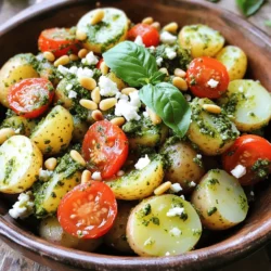 - Baby potatoes - Fresh basil pesto (store-bought or homemade) - Cherry tomatoes - Red onion - Pine nuts - Feta cheese - Olive oil - Lemon juice - Salt and pepper When you make pesto potato salad, you need fresh and simple ingredients. Each one adds flavor and texture. - Calories per serving: This salad has about 250 calories per serving. - Macronutrient breakdown: You get around 10g of protein, 15g of fat, and 30g of carbs. - Health benefits of key ingredients: - Baby potatoes provide energy and fiber. - Basil pesto has healthy fats from nuts and oils. - Cherry tomatoes offer vitamins A and C. - Feta cheese adds protein and calcium. These ingredients make the dish tasty and help you stay healthy. If you want more details, check the Full Recipe. 1. Start by placing the halved baby potatoes in a large pot. Cover them with cold water. 2. Add a pinch of salt to the water. This adds flavor to the potatoes. 3. Bring the water to a boil. Watch closely, as it will boil quickly. 4. Once boiling, reduce the heat to a simmer. Cook the potatoes for about 10-15 minutes. 5. Check if the potatoes are fork-tender by poking one with a fork. If it goes in easily, they are ready. 6. Drain the potatoes in a colander. Allow them to cool slightly so you can handle them. 1. In a large mixing bowl, combine the warm potatoes with the fresh basil pesto. Toss gently to coat all the potatoes. 2. Next, add the halved cherry tomatoes, diced red onion, and toasted pine nuts to the bowl. Stir gently to mix everything well. 3. Drizzle olive oil and lemon juice over the salad. Sprinkle with salt and pepper to taste. 4. Finally, gently fold in the crumbled feta cheese. This adds a nice creamy texture. 1. To chill the salad, place it in the refrigerator. This helps the flavors meld together. 2. Aim to chill the salad for at least 30 minutes. This wait makes a big difference in taste. Now you're ready to serve a refreshing and flavorful dish! For the complete process, check the Full Recipe. To keep your potatoes firm, follow these steps: - Use baby potatoes. Their size helps them cook evenly. - Boil them just until they are fork-tender. This usually takes 10-15 minutes. - Avoid overcooking. Check them often, as mushy potatoes are not tasty. Coating the potatoes with pesto can be tricky. Here’s how to ensure an even coat: - Mix the warm potatoes with the pesto right after draining. The heat helps the pesto stick. - Toss gently to coat each potato piece without breaking them. Want to kick up the taste? Consider these optional ingredients: - Add diced bell peppers for a sweet crunch. - Sprinkle in some capers for a salty bite. - Fresh herbs like parsley or chives can brighten the flavor. For serving, enjoy the salad chilled. Pair it with grilled chicken or fish for a complete meal. Make your salad look as good as it tastes. Here are some tips: - Use a bright, large bowl to serve. This makes the colors pop. - Garnish with fresh basil leaves and extra toasted pine nuts. This adds appeal. - Serve it chilled for the best flavor and texture. These tips will help you create a delightful pesto potato salad that impresses everyone. For the full recipe, check out the instructions above. {{image_2}} You can change up the pesto in your salad. Try using sun-dried tomato pesto for a bold twist. If you want a nut-free option, use a pumpkin seed or spinach pesto. For those who can’t eat dairy, try using a vegan feta cheese or even firm tofu. These alternatives keep the salad creamy and tasty. Add new veggies to change the flavor. Bell peppers and cucumbers add crunch. Chopped spinach or arugula can boost freshness. If you want some heat, mix in sliced jalapeños or a dash of sriracha. Both add a fun kick that makes the dish exciting. Make the salad fit the season. In summer, add corn or avocado to brighten the dish. These ingredients add a creamy texture and a sweet flavor. For winter, try roasted vegetables like carrots or Brussels sprouts. They give a warm, hearty feel that’s perfect for colder days. You can find the full recipe above to try these variations and more! To keep your pesto potato salad fresh, store it in an airtight container. This helps seal in moisture and flavor. When stored properly, it lasts about 3 to 5 days in the fridge. Always check for any signs of spoilage before eating. You can freeze pesto potato salad, but some texture changes may occur. To freeze, place the salad in a freezer-safe container. It’s best to consume it within one month for the best taste. When you’re ready to eat, thaw it overnight in the fridge. For reheating, use the microwave or a stovetop. If using a microwave, heat in short bursts and stir often. This helps keep the salad from getting too hot and soggy. If you use the stovetop, add a splash of olive oil to maintain moisture. Enjoy the salad warm or cold, as both options are tasty! For the full recipe, check out the Pesto Potato Salad section. To make homemade pesto, you need fresh basil, garlic, pine nuts, olive oil, and Parmesan cheese. Start by washing 2 cups of fresh basil leaves. In a food processor, add the basil, 2 cloves of garlic, and 1/4 cup of pine nuts. Pulse until finely chopped. While the processor runs, slowly drizzle in 1/2 cup of olive oil. Then, add 1/2 cup of grated Parmesan cheese and pulse again until smooth. Season with salt and pepper to taste. This bright green sauce adds a fresh kick to your Pesto Potato Salad. Yes, you can make Pesto Potato Salad in advance. It tastes even better after sitting in the fridge. I recommend making it up to 24 hours ahead of when you plan to serve it. Just keep it covered in the fridge. This way, the flavors fully blend, making each bite more delicious. Pesto Potato Salad pairs well with many dishes. Grilled chicken or fish makes a great main dish. You can also serve it with fresh bread or a crisp side salad. For a complete meal, try adding roasted vegetables or a quinoa salad. These sides complement the flavors of the potato salad nicely. This blog post shared a delicious recipe for Pesto Potato Salad. We covered each ingredient, cooking steps, and tips for enhancing flavor. I hope the variations inspire you to make it your own. Remember, this salad offers tasty nutrition and is easy to store. Whether you enjoy it fresh or as a leftover, it will satisfy your taste buds. Dive in, experiment, and share your tweaks for a salad that shines at your table. Your creation can become a favorite for family and friends.