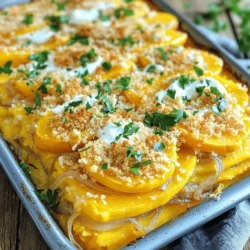 To make a tasty French onion squash casserole, you need fresh, quality ingredients. Here’s what you will need: - 2 medium butternut squash, peeled and diced - 2 large onions, thinly sliced - 3 cups vegetable broth - 1 cup shredded Gruyère cheese - 1/2 cup sour cream - 1 teaspoon thyme (dried or fresh) - 1 tablespoon olive oil - 2 cloves garlic, minced - Salt and pepper to taste - 1 cup breadcrumbs - 1 tablespoon fresh parsley, chopped (for garnish) These ingredients blend together to create a rich, warm dish perfect for any meal. In addition to fresh items, you will want some pantry staples. These make your cooking smoother: - Olive oil adds flavor and helps cook the onions. - Salt and pepper enhance all the other flavors. - Thyme gives a lovely, herbal note to the dish. Make sure you always have these on hand. They are useful in many recipes. Gruyère cheese is my top choice for this casserole. It melts beautifully and adds a creamy texture. If you want something different, consider these options: - Swiss cheese for a milder taste. - Cheddar cheese for a sharper flavor. - Mozzarella for a stretchy, gooey texture. Choose the cheese that suits your taste. This small change can make a big difference in flavor! For the full recipe, visit the section above. Start by peeling and dicing the butternut squash into small cubes. This helps it cook evenly. Next, slice the onions thinly. Heat olive oil in a large pot over medium heat. Add the sliced onions and stir. Cook them for about 15 to 20 minutes until they become soft and golden brown. This step brings out their sweet flavor. In the last two minutes, add the minced garlic. This adds a nice kick to the mix. In a big mixing bowl, combine the diced squash, caramelized onions, and vegetable broth. Add thyme, salt, and pepper to taste. Stir everything well, so the flavors mix. This blend of ingredients is what makes the casserole rich and tasty. Transfer the mixture into a greased 9x13-inch casserole dish for even baking. Now, it’s time to add the topping. In a separate bowl, mix the breadcrumbs and shredded Gruyère cheese. Sprinkle this mixture evenly over the squash layer. Dot the top with sour cream for creaminess. Cover the dish with foil and bake at 375°F (190°C) for 30 minutes. After that, remove the foil and bake for another 20 minutes. The casserole is ready when the squash is tender and the top is golden brown. Let it cool for a few minutes and garnish with fresh parsley. Enjoy this comforting dish! For the full recipe, refer to the earlier section. Caramelized onions add depth to this dish. Start with medium heat and use a non-stick pan. Stir the onions often. This helps them cook evenly. Cook until they turn golden brown, about 15-20 minutes. Add garlic near the end for a tasty kick. Remember, patience is key. Slow cooking brings out the sweet flavor. The texture of the squash is important. Make sure to dice the butternut squash into even pieces. This helps them cook at the same rate. When mixing with the onion, aim for a creamy but chunky feel. The breadcrumbs on top should be crispy. This contrast makes each bite enjoyable. Bake until the squash is soft but not mushy. To boost flavor, think about herbs. Thyme is a great choice, but feel free to experiment. Try adding rosemary or sage for unique notes. A pinch of nutmeg can also brighten the dish. For extra richness, dot the casserole with sour cream. This creates a creamy layer on top. Finally, don’t forget to season well with salt and pepper. A well-seasoned dish brings all the flavors together. For the complete guide to making this delicious dish, check the Full Recipe. {{image_2}} You can use many types of squash in this dish. I love butternut squash, but acorn or spaghetti squash also works well. Each squash has its own flavor and texture. Acorn squash gives a sweet touch, while spaghetti squash adds a unique twist. Just remember to adjust the cooking time if the squash size changes. Cut your squash into similar sizes for even cooking. If you want a vegan version, swap the cheese and sour cream for plant-based options. Use cashew cream for a rich texture. Nutritional yeast can add a cheesy flavor without dairy. You can also skip the cheese and focus on the squash and onions. This keeps the dish light and healthy. Many love the taste just as much! For a heartier meal, you can add protein. Cooked lentils are a great choice. They blend well with the squash and add fiber. You can also use chickpeas or black beans. If you prefer meat, shredded chicken or turkey works nicely. Just mix your protein in with the squash before baking. This will make your casserole filling and tasty. To keep your French Onion Squash Casserole fresh, let it cool first. Place it in an airtight container. You can store it in the fridge for up to four days. Make sure to cover it tightly to avoid drying out. When you are ready to enjoy leftovers, preheat your oven to 350°F (175°C). Place the casserole in a baking dish. Cover it with foil to keep moisture in. Heat for about 20-25 minutes, or until it is warm throughout. You can also use a microwave, but the oven gives the best results. You can freeze this casserole for later use. First, let it cool completely. Then, wrap it tightly in plastic wrap and aluminum foil. Label it with the date. It will last up to three months in the freezer. To reheat, thaw it overnight in the fridge and follow the reheating instructions above. For the full flavor experience, make sure to try out the full recipe. Yes, you can make this casserole ahead. Prepare it up to the baking step. Cover it well and store it in the fridge for up to two days. When ready, just bake it straight from the fridge. You may need to add a few extra minutes to the cooking time. If you do not have Gruyère cheese, try Swiss or fontina cheese. Both melt well and add a nice flavor. Cheddar can work too, but it will change the taste a bit. For a dairy-free option, use a vegan cheese that melts. The casserole is done when the squash is tender and the top is golden brown. You can poke the squash with a fork to check its softness. If it slides in easily, your dish is ready. Enjoy this cozy meal! For the full recipe, refer to the instructions above. French onion squash casserole blends rich flavors and simple steps. We covered key ingredients, like the squash and cheese. You learned how to prepare, bake, and store your dish. The tips can help you perfect caramelized onions and enhance flavors. Explore variations to make it your own, from vegan swaps to adding protein. With this knowledge, you can create a satisfying meal that everyone will enjoy. Now, gather your ingredients and let your cooking adventure begin!