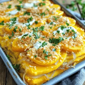 To make a tasty French onion squash casserole, you need fresh, quality ingredients. Here’s what you will need: - 2 medium butternut squash, peeled and diced - 2 large onions, thinly sliced - 3 cups vegetable broth - 1 cup shredded Gruyère cheese - 1/2 cup sour cream - 1 teaspoon thyme (dried or fresh) - 1 tablespoon olive oil - 2 cloves garlic, minced - Salt and pepper to taste - 1 cup breadcrumbs - 1 tablespoon fresh parsley, chopped (for garnish) These ingredients blend together to create a rich, warm dish perfect for any meal. In addition to fresh items, you will want some pantry staples. These make your cooking smoother: - Olive oil adds flavor and helps cook the onions. - Salt and pepper enhance all the other flavors. - Thyme gives a lovely, herbal note to the dish. Make sure you always have these on hand. They are useful in many recipes. Gruyère cheese is my top choice for this casserole. It melts beautifully and adds a creamy texture. If you want something different, consider these options: - Swiss cheese for a milder taste. - Cheddar cheese for a sharper flavor. - Mozzarella for a stretchy, gooey texture. Choose the cheese that suits your taste. This small change can make a big difference in flavor! For the full recipe, visit the section above. Start by peeling and dicing the butternut squash into small cubes. This helps it cook evenly. Next, slice the onions thinly. Heat olive oil in a large pot over medium heat. Add the sliced onions and stir. Cook them for about 15 to 20 minutes until they become soft and golden brown. This step brings out their sweet flavor. In the last two minutes, add the minced garlic. This adds a nice kick to the mix. In a big mixing bowl, combine the diced squash, caramelized onions, and vegetable broth. Add thyme, salt, and pepper to taste. Stir everything well, so the flavors mix. This blend of ingredients is what makes the casserole rich and tasty. Transfer the mixture into a greased 9x13-inch casserole dish for even baking. Now, it’s time to add the topping. In a separate bowl, mix the breadcrumbs and shredded Gruyère cheese. Sprinkle this mixture evenly over the squash layer. Dot the top with sour cream for creaminess. Cover the dish with foil and bake at 375°F (190°C) for 30 minutes. After that, remove the foil and bake for another 20 minutes. The casserole is ready when the squash is tender and the top is golden brown. Let it cool for a few minutes and garnish with fresh parsley. Enjoy this comforting dish! For the full recipe, refer to the earlier section. Caramelized onions add depth to this dish. Start with medium heat and use a non-stick pan. Stir the onions often. This helps them cook evenly. Cook until they turn golden brown, about 15-20 minutes. Add garlic near the end for a tasty kick. Remember, patience is key. Slow cooking brings out the sweet flavor. The texture of the squash is important. Make sure to dice the butternut squash into even pieces. This helps them cook at the same rate. When mixing with the onion, aim for a creamy but chunky feel. The breadcrumbs on top should be crispy. This contrast makes each bite enjoyable. Bake until the squash is soft but not mushy. To boost flavor, think about herbs. Thyme is a great choice, but feel free to experiment. Try adding rosemary or sage for unique notes. A pinch of nutmeg can also brighten the dish. For extra richness, dot the casserole with sour cream. This creates a creamy layer on top. Finally, don’t forget to season well with salt and pepper. A well-seasoned dish brings all the flavors together. For the complete guide to making this delicious dish, check the Full Recipe. {{image_2}} You can use many types of squash in this dish. I love butternut squash, but acorn or spaghetti squash also works well. Each squash has its own flavor and texture. Acorn squash gives a sweet touch, while spaghetti squash adds a unique twist. Just remember to adjust the cooking time if the squash size changes. Cut your squash into similar sizes for even cooking. If you want a vegan version, swap the cheese and sour cream for plant-based options. Use cashew cream for a rich texture. Nutritional yeast can add a cheesy flavor without dairy. You can also skip the cheese and focus on the squash and onions. This keeps the dish light and healthy. Many love the taste just as much! For a heartier meal, you can add protein. Cooked lentils are a great choice. They blend well with the squash and add fiber. You can also use chickpeas or black beans. If you prefer meat, shredded chicken or turkey works nicely. Just mix your protein in with the squash before baking. This will make your casserole filling and tasty. To keep your French Onion Squash Casserole fresh, let it cool first. Place it in an airtight container. You can store it in the fridge for up to four days. Make sure to cover it tightly to avoid drying out. When you are ready to enjoy leftovers, preheat your oven to 350°F (175°C). Place the casserole in a baking dish. Cover it with foil to keep moisture in. Heat for about 20-25 minutes, or until it is warm throughout. You can also use a microwave, but the oven gives the best results. You can freeze this casserole for later use. First, let it cool completely. Then, wrap it tightly in plastic wrap and aluminum foil. Label it with the date. It will last up to three months in the freezer. To reheat, thaw it overnight in the fridge and follow the reheating instructions above. For the full flavor experience, make sure to try out the full recipe. Yes, you can make this casserole ahead. Prepare it up to the baking step. Cover it well and store it in the fridge for up to two days. When ready, just bake it straight from the fridge. You may need to add a few extra minutes to the cooking time. If you do not have Gruyère cheese, try Swiss or fontina cheese. Both melt well and add a nice flavor. Cheddar can work too, but it will change the taste a bit. For a dairy-free option, use a vegan cheese that melts. The casserole is done when the squash is tender and the top is golden brown. You can poke the squash with a fork to check its softness. If it slides in easily, your dish is ready. Enjoy this cozy meal! For the full recipe, refer to the instructions above. French onion squash casserole blends rich flavors and simple steps. We covered key ingredients, like the squash and cheese. You learned how to prepare, bake, and store your dish. The tips can help you perfect caramelized onions and enhance flavors. Explore variations to make it your own, from vegan swaps to adding protein. With this knowledge, you can create a satisfying meal that everyone will enjoy. Now, gather your ingredients and let your cooking adventure begin!