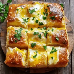 - 1 loaf of Italian or French bread - 1 cup shredded mozzarella cheese - 1 cup shredded cheddar cheese - 1/2 cup unsalted butter, melted - 4 cloves garlic, minced - 1 tablespoon fresh parsley, finely chopped - 1/2 teaspoon dried oregano - Salt and black pepper to taste - Optional: red pepper flakes for added spice To make Cheesy Garlic Pull Apart Bread, you need a few key ingredients. The base is one loaf of Italian or French bread. This bread gives a nice texture and flavor. You also need a cup each of shredded mozzarella and cheddar cheese. These cheeses melt well and create that gooey goodness we love. Next, you’ll whip up a garlic butter mixture. For this, melt half a cup of unsalted butter. Add in four cloves of minced garlic for a punch of flavor. This mixture infuses the bread with rich, savory notes. Don’t forget the seasonings! Use one tablespoon of fresh parsley, finely chopped. It adds a fresh touch. You also need half a teaspoon of dried oregano. Finally, season with salt and black pepper to taste. If you like spice, add red pepper flakes. These ingredients create a delightful balance of flavors. These simple yet bold ingredients make the dish special. For the full recipe, check out [Full Recipe]. Enjoy the process of making this cheesy, garlicky delight! - Preheat your oven to 350°F (175°C). - In a small bowl, mix the melted butter, minced garlic, chopped parsley, oregano, salt, and black pepper. If you want it spicy, add red pepper flakes. To cut the loaf properly, start by placing it on a clean cutting board. Slice it horizontally and vertically. Make small cuts, like a grid, but do not cut all the way through the bottom crust. This keeps the loaf intact while allowing the flavors to seep in. Now for the fun part! Take your garlic butter mixture and drizzle it into each cut of the bread. Use a spoon or pastry brush for this. Make sure each section gets enough butter. Next, stuff the shredded mozzarella and cheddar cheese into the cuts. Spread the cheese evenly throughout the loaf for the best flavor. Wrap the prepared bread tightly in aluminum foil. This keeps it moist while baking. Place it on a baking sheet to catch any drips. Bake in the preheated oven for 15-20 minutes. You want the cheese to melt and the bread to toast. For a golden finish, unwrap the foil and bake for 5 more minutes. Enjoy your delicious Cheesy Garlic Pull Apart Bread! Check out the Full Recipe for more details. For the best taste, use fresh herbs. Fresh parsley and oregano add bright notes. Dried herbs work too but lack the same punch. When it comes to cheese, balance is key. I love mixing mozzarella and cheddar. Mozzarella adds stretch, while cheddar brings sharpness. This combo makes each bite rich and flavorful. To get that cheese melting just right, place the bread in the center of the oven. The heat should surround it evenly. Wrapping the bread in aluminum foil helps keep moisture in. This makes the cheese gooey inside, while the crust gets crispy. For extra crunch, unwrap the bread for the last few minutes. This gives you a golden, crunchy crust that everyone will love. Dips can make your Cheesy Garlic Pull Apart Bread even better. Try serving it with marinara sauce or a creamy ranch dip. These add great flavor contrasts. This dish shines at parties or family gatherings. It’s perfect for game nights or movie marathons. Everyone loves tearing off pieces and sharing. For the full recipe, check out the instructions above to create this crowd-pleaser. {{image_2}} You can change the cheese for different flavors. Try using gouda or pepper jack for a twist. You can also mix in cream cheese for a richer taste. If you want a healthier option, use low-fat cheese. For the bread, Italian or French works best. But you can also try sourdough or whole wheat. Each bread type gives a different flavor and texture. Add herbs like thyme or rosemary to boost the taste. You can also use spices like smoked paprika for depth. If you want a kick, black pepper or red pepper flakes work great. Incorporating vegetables can add a fun twist. Try adding sautéed spinach or roasted peppers. You could also mix in cooked bacon or ham for a savory bite. For holidays, shape the bread into festive forms. You can twist it into a wreath or roll it into a log. This adds a fun touch to your table. Explore cultural twists too. For a Mediterranean flair, add feta cheese and olives. Or, mix in sun-dried tomatoes for a burst of flavor. Each theme brings its own unique taste to the dish. For the full recipe, check out the earlier sections. To keep Cheesy Garlic Pull Apart Bread fresh in the refrigerator, wrap it tightly in plastic wrap or aluminum foil. This keeps the bread from drying out. Place it in an airtight container for extra protection. It can last up to 3 days in the fridge. For long-term storage, you can freeze the bread. First, let it cool completely. Then, wrap it in plastic wrap and aluminum foil. This double wrapping prevents freezer burn. You can store it in the freezer for up to 3 months. When you're ready to enjoy it, thaw it in the fridge overnight. To rewarm leftovers, preheat your oven to 350°F (175°C). Unwrap the bread and place it on a baking sheet. Cover it with aluminum foil to keep it moist. Bake for 10-15 minutes until heated through. If you want a crispy crust, remove the foil for the last 5 minutes. Enjoy your cheesy goodness warm! You can use olive oil instead of butter. It adds flavor and keeps the bread moist. Mix minced garlic with olive oil, parsley, and spices. Drizzle this mixture into the bread cuts just like the butter version. The taste will be slightly different but still delicious. Yes, gluten-free bread works well. Choose a soft, high-quality loaf. Make sure it's fresh for the best texture. Follow the same steps as with regular bread. The cheese and garlic will still give it a tasty flavor. This bread is best eaten fresh. If you have leftovers, store them in an airtight container. It can last for about 2-3 days in the fridge. Reheat in the oven for a few minutes to regain its texture. To add more cheese, mix different types. Try gouda, parmesan, or cream cheese. You can also layer cheese between the cuts. This makes every bite extra cheesy and fun. For a twist, add some cooked bacon bits for extra flavor. Yes, you can prep the bread a few hours ahead. Slice and fill it with cheese and garlic mixture. Wrap it tightly in foil and store it in the fridge. When ready, just bake it as directed. This makes it great for parties or gatherings. For the full recipe, refer to the main article. Cheesy Garlic Pull Apart Bread is a fun and tasty recipe. We covered the key ingredients, from the fresh bread to the gooey cheese. I shared steps to prepare, cut, assemble, and bake your bread. You learned helpful tips for flavor and baking techniques. Plus, we explored variations and storage for leftovers. This dish is a crowd-pleaser at any occasion. Get creative and enjoy every bite of this cheesy goodness!
