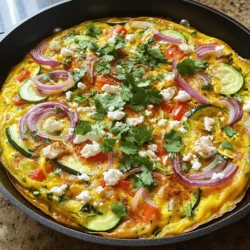 To make Moroccan frittata, gather these key ingredients: - 6 large eggs - 1/2 cup milk - 1/2 cup cooked chickpeas, mashed - 1 small red onion, finely chopped - 1 red bell pepper, diced - 1 medium zucchini, grated - 1/2 cup fresh cilantro, chopped - 2 tablespoons olive oil These ingredients bring flavor and nutrition to the dish. The eggs form the base, while the chickpeas add creaminess and protein. The veggies add crunch and color, making each bite delightful. Moroccan dishes shine with unique spices. For this frittata, use: - 1 teaspoon ground cumin - 1 teaspoon smoked paprika - 1/2 teaspoon cinnamon - Salt and pepper to taste These spices create depth and warmth. Cumin brings an earthy taste. Smoked paprika adds a hint of smokiness, and cinnamon offers a subtle sweetness, enhancing the overall flavor. You can elevate your frittata with these optional garnishes: - Crumbled feta cheese Feta adds a tangy bite that pairs well with the spices. You can also try adding sliced olives or a dollop of yogurt for extra richness. Feel free to mix and match based on your taste! For the complete dish, check out the Full Recipe. To start, gather your ingredients. You will need: - 6 large eggs - 1/2 cup milk - 1/2 cup cooked chickpeas, mashed - 1 small red onion, finely chopped - 1 red bell pepper, diced - 1 medium zucchini, grated - 1/2 cup fresh cilantro, chopped - 1 teaspoon ground cumin - 1 teaspoon smoked paprika - 1/2 teaspoon cinnamon - Salt and pepper to taste - 2 tablespoons olive oil - Optional: crumbled feta cheese, for garnish First, preheat your oven to 375°F (190°C). This step is key to ensuring your frittata cooks evenly. Next, whisk the eggs and milk in a large bowl. Mix until they are smooth. Then, fold in the mashed chickpeas. This adds a creamy texture. Heat the olive oil in a large oven-safe skillet over medium heat. Add the chopped red onion and cook for about 2-3 minutes until it turns soft and clear. Next, toss in the diced red bell pepper and grated zucchini. Cook for another 3-4 minutes. This will soften the veggies while keeping them bright. Now, add the spices: ground cumin, smoked paprika, and cinnamon. Season with salt and pepper. Stir well to coat the vegetables. This step brings out the rich flavors of Moroccan cuisine. After that, pour the egg and chickpea mixture over the veggies. Make sure it covers everything evenly. Cook on the stovetop for about 5 minutes. You want the edges to start setting. Once the edges are set, remove the skillet from heat. Sprinkle the chopped cilantro on top. If you like, add crumbled feta cheese for a boost of flavor. Now, transfer your skillet to the oven. Bake for 15-20 minutes. Look for a puffed and golden top. Let it cool for a few minutes before slicing. This helps the frittata hold its shape. Serve warm and enjoy your Moroccan frittata! For the full recipe, check the details above. To get the best flavor in your Moroccan frittata, use fresh ingredients. Fresh herbs, like cilantro, make a big difference. Always toast your spices before adding them. This step releases their oils and enhances their taste. For a richer flavor, try adding crumbled feta cheese on top. It adds a nice creaminess and tang. Many people overlook the egg mixture. Whisk the eggs and milk well for a smooth blend. Don’t skip sautéing the vegetables. This adds depth to the dish. Also, avoid overcooking the frittata. If you cook it too long, it can become dry and rubbery. Finally, remember to cool it slightly before slicing. This helps the frittata hold its shape. You can serve your Moroccan frittata warm or at room temperature. Pair it with a fresh salad for a light meal. A yogurt sauce also adds a cool touch. For breakfast, enjoy it with toast or fruit. Leftovers are great in a wrap for lunch. Be sure to check the Full Recipe to explore all options! {{image_2}} You can easily make this frittata vegetarian. Just swap out any meat for more veggies. Try using spinach, mushrooms, or artichokes. You can also use silken tofu instead of eggs for a vegan twist. This keeps the dish light and fresh. If you need to avoid dairy, use almond or oat milk. These options keep the flavor while changing the texture. To boost the protein, add meat or seafood. Cooked chicken or lamb works well. Just chop it into small pieces and mix it in with the veggies. If you like seafood, try shrimp or smoked salmon. These add a nice salty touch. Remember to adjust the spices a bit. This way, you can balance strong flavors with the proteins. Feel free to get creative with flavors! Add olives or sun-dried tomatoes for a Mediterranean flair. You can also mix in different cheeses, like goat cheese or cheddar, for a richer taste. For a spicy kick, toss in some diced jalapeños. This dish is all about your taste. The Full Recipe allows you to play with the ingredients you love. Your Moroccan frittata can be unique and personal! To store leftover Moroccan frittata, let it cool to room temperature. Then, wrap it tightly in plastic wrap or place it in an airtight container. This helps keep the frittata fresh. You can store it in the fridge for up to 3 days. To reheat, preheat your oven to 350°F (175°C). Place the frittata in an oven-safe dish. Cover it with foil to keep moisture. Heat for about 15-20 minutes or until warm. You can also microwave it on medium power for 1-2 minutes. Make sure to check that it heats evenly. If you want to freeze the frittata, slice it into wedges first. Wrap each piece in plastic wrap, then place them in a freezer bag. Remove as much air as possible. You can freeze it for up to 2 months. When ready to eat, thaw it in the fridge overnight and reheat as needed. For the full recipe, check out the earlier sections. A Moroccan frittata is a tasty egg dish. It blends eggs with spices and veggies. You can find flavors like cumin and paprika. This dish often includes chickpeas for creaminess. It’s easy to make and great for any meal. You can serve it warm or cold. I love how it brings a taste of Morocco to my kitchen. You can find the full recipe to try at home. To make your frittata fluffier, use fresh eggs. Whisk them well with milk until frothy. You can add a bit of baking powder too. This will help it rise more in the oven. Also, avoid overcooking the eggs on the stovetop. Cook just until the edges set, then bake it. This method keeps the frittata light and airy. Yes, you can use different vegetables in your frittata. Feel free to swap zucchini with spinach or kale. You can also add mushrooms or tomatoes for extra flavor. Just remember to sauté them first. This helps release their moisture and enhances taste. Mix and match to create your perfect dish! You have learned how to make a Moroccan frittata, including key ingredients, spices, and cooking steps. We discussed tips for adding flavor and avoiding common mistakes. You also explored tasty variations and how to store leftovers. Enjoy trying this dish, and don’t hesitate to get creative. Each frittata can be different, so have fun with it! Happy cooking!