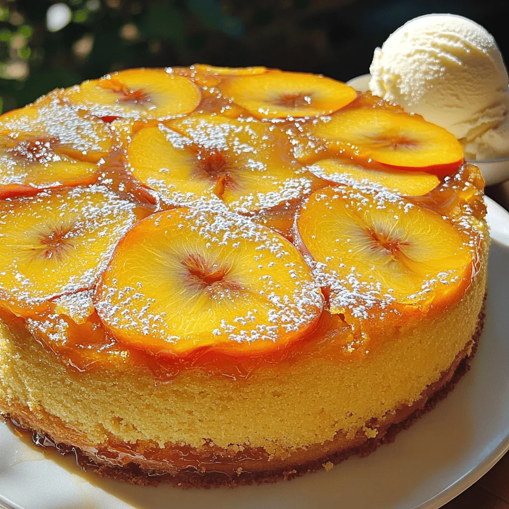 - 3 ripe peaches, pitted and sliced - 1/2 cup unsalted butter, divided - 3/4 cup brown sugar - 1 cup all-purpose flour - 1 teaspoon baking powder - 1/2 teaspoon baking soda - 1/4 teaspoon salt - 1/2 teaspoon ground cinnamon - 1/2 cup granulated sugar - 2 large eggs - 1 teaspoon vanilla extract - 1/2 cup buttermilk When making this Peach Upside Down Cake, fresh, ripe peaches are key. They should be sweet and fragrant. The butter adds richness, while brown sugar gives that lovely caramel flavor. Using all-purpose flour ensures the cake has the right texture. Baking powder and baking soda work together to help the cake rise perfectly. Salt enhances all the flavors, and cinnamon adds a warm, cozy touch. Granulated sugar sweetens the batter, while eggs provide structure. Vanilla extract adds depth, and buttermilk keeps the cake moist. - Nuts (e.g., walnuts or pecans) - Additional spices (e.g., nutmeg or cardamom) If you want to boost the flavor, consider adding nuts. Chopped walnuts or pecans add a nice crunch. You might also explore spices like nutmeg or cardamom for a warm twist. These additions can take your cake to the next level. - 9-inch round cake pan - Mixing bowls - Hand mixer Gather your tools before you start. A 9-inch round cake pan is perfect for this cake. You’ll need mixing bowls to combine ingredients. A hand mixer makes it easy to cream the butter and sugar smoothly. With these tools, your baking will be a breeze! For the full recipe, check out the complete instructions that guide you step-by-step. - Preheat oven to 350°F (175°C). - Grease the cake pan properly. Start by preparing your oven. Set it to 350°F (175°C). This heat is perfect for baking. Next, grab a 9-inch round cake pan. Use butter or cooking spray to grease the pan well. Greasing helps the cake come out easily after baking. - Melt butter and brown sugar in a saucepan. - Pour caramel mixture into the pan. Now, let's make the caramel layer. In a small saucepan, melt 1/4 cup of unsalted butter over medium heat. As it melts, add 3/4 cup of brown sugar. Stir the mixture until it becomes smooth and bubbly. Once it’s ready, pour this caramel mixture into the bottom of your greased cake pan. Spread it evenly for a nice layer. - Cream together butter and granulated sugar. - Combine dry ingredients then mix with wet ingredients. For the cake batter, take a large mixing bowl. Add the remaining 1/4 cup of butter and 1/2 cup of granulated sugar. Use a hand mixer to cream them together until fluffy. This step adds air and makes the cake light. Next, add two large eggs one at a time. Beat well after adding each egg. Now, mix in 1 teaspoon of vanilla extract. In another bowl, whisk together 1 cup of all-purpose flour, 1 teaspoon of baking powder, 1/2 teaspoon of baking soda, 1/4 teaspoon of salt, and 1/2 teaspoon of ground cinnamon. This is your dry mix. Now, alternate adding this dry mix and 1/2 cup of buttermilk to the wet mix. Begin and end with the dry mix. Stir until just combined; do not overmix! - Pour batter over peaches. - Bake for 35-40 minutes until done. Now, let’s put it all together. Carefully pour the cake batter over the arranged peach slices in the pan. Smooth the top with a spatula for an even bake. Place the pan in your preheated oven. Bake for 35 to 40 minutes. To check if it's done, insert a toothpick into the center. It should come out clean. When it's ready, let it cool in the pan for about 10 minutes. Then, invert it onto a serving plate and enjoy your Peach Upside Down Cake! For the full recipe, check the link provided. - Use ripe, fragrant peaches for best flavor. - Do not overmix the batter. When you pick peaches, look for ones that smell sweet. They should give a little when you press them gently. This means they are ripe and ready to shine in your cake. Overmixing the batter can make your cake dense. Mix just until everything is blended. - Dust with powdered sugar. - Serve with vanilla ice cream. A dusting of powdered sugar adds a lovely touch. It looks pretty and gives a little sweetness. Pair your cake with a scoop of vanilla ice cream. The cold ice cream contrasts nicely with warm peaches and cake. - Addressing dense texture. - Fixing undercooked centers. If your cake is dense, check your mixing. Make sure you didn’t overmix. If the center is undercooked, bake it a bit longer. Every oven is different, so keep an eye on it towards the end. A toothpick should come out clean when it’s done. {{image_2}} You can change the fruit in your cake. Using nectarines gives a sweet twist. They taste similar to peaches but have a firmer texture. You might also try adding other fruits. Pineapple brings a tropical vibe, while cherries add a tart touch. Both options work well with the caramel layer. To enhance the flavor, consider adding citrus zest. Lemon or orange zest brightens the cake’s taste. It adds a fresh note that pairs nicely with peaches. You can also mix in extracts. A splash of coconut or almond extract adds depth. These flavors can elevate your cake to a new level. If you need a gluten-free option, try using gluten-free flour. Many brands offer blends that work well in baking. You can also make this cake lactose-free. Substitute regular milk with almond or oat milk. Both options keep your cake moist and delicious. To keep your cake fresh, store leftovers in an airtight container. This helps to lock in moisture. You can also cover the cake with plastic wrap. It is best to keep the cake at room temperature for up to three days. If you want, place it in the fridge to extend its life. If you want to save your Peach Upside Down Cake for later, freezing is a great option. To freeze, let the cake cool completely. Then, wrap it tightly in plastic wrap and place it in a freezer bag. The cake can last up to three months in the freezer. When you’re ready to enjoy it, thaw the cake in the fridge overnight. Reheat it gently in the oven at 350°F for about 10-15 minutes. This way, it will taste fresh and warm. In the fridge, the cake lasts about five days. You will know the cake is spoiled if it has a strange smell or mold. Always check for these signs before eating. Enjoy your Peach Upside Down Cake while it’s still at its best! For the full recipe, refer to the earlier section. To make a gluten-free version, use gluten-free flour blends. Almond flour or coconut flour also works well. Just remember, these flours change the cake’s texture. Almond flour gives a moist feel, while coconut flour is denser. Always check the blend for the right ratios, as it can affect how the cake rises. Yes, you can use canned peaches. They save time and still taste good. However, canned peaches often have added sugar. This can make the cake sweeter. Fresh peaches give a better flavor and texture. They also have a nice, juicy quality that shines when baked. For sides, try whipped cream or vanilla ice cream. Both add a nice touch to the warm cake. You could also serve it with fresh berries for extra color and flavor. As for drinks, a cold glass of milk or sweet tea pairs well. Coffee is also a great choice if you want something warm. To check if the cake is done, use a toothpick. Insert it into the center of the cake. If it comes out clean, the cake is ready. If there is wet batter on the toothpick, bake it longer. Keep checking every few minutes until it is done. This method works well and helps you avoid overbaking. This blog post covers all you need to create a delicious Peach Upside Down Cake. We explored the key ingredients, tools, and steps to make it perfect. You learned helpful tips for baking and how to present your cake nicely. In conclusion, this cake is not only tasty but also flexible. You can adjust flavors and make it fit your needs. Enjoy baking and impressing your friends and family with this sweet treat!