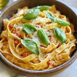 To make Creamy Tomato Basil Pasta, gather these simple ingredients: - 12 oz (340g) fettuccine or pasta of your choice - 2 tablespoons olive oil - 3 cloves garlic, minced - 1 can (14 oz) diced tomatoes, drained - 1 cup heavy cream (or coconut cream for a vegan option) - 1 teaspoon dried oregano - Salt and pepper to taste - 1 cup fresh basil leaves, chopped (plus extra for garnish) - 1/2 cup grated Parmesan cheese (omit for vegan option) - Zest of 1 lemon These ingredients create a blend of flavors that dance on your palate. The fresh basil adds a pop of color and taste, while the cream makes everything rich and velvety. The zest of lemon brightens the dish and gives it a fresh finish. You can find the full recipe in the detailed cooking instructions section. Enjoy the process of gathering these items; it's the first step to a delightful meal! To start, bring a big pot of salted water to a boil. Add 12 oz of fettuccine or your favorite pasta. Cook it according to the package instructions. Aim for al dente, which means the pasta should be firm but cooked through. This usually takes about 8 to 10 minutes. When it’s done, drain the pasta but save about 1 cup of the pasta water. This water is starchy and will help your sauce stick. Next, grab a large skillet and add 2 tablespoons of olive oil. Heat it over medium heat. Add 3 cloves of minced garlic after about 1 minute. Cook the garlic for just 1 to 2 minutes. Stir it continuously to keep it from burning. You want it fragrant and light golden, not brown. Burnt garlic can ruin your sauce. Now, it’s time to add flavor. Stir in 1 can of drained diced tomatoes and let them cook for 2 to 3 minutes. Then, pour in 1 cup of heavy cream. Mix it well and let it simmer for about 5 minutes. This helps the sauce thicken slightly. Keep stirring occasionally to prevent it from sticking to the pan. Once your sauce is thick, add the seasonings. Sprinkle in 1 teaspoon of dried oregano, along with salt and pepper to taste. Mix in 1 cup of chopped fresh basil and the zest of 1 lemon. Cook this for another minute to blend the flavors. Finally, toss in the cooked pasta, stirring it to coat well in the creamy sauce. If your sauce seems too thick, add some of that reserved pasta water gradually until you reach the right consistency. Enjoy the creamy tomato basil pasta delight! For the full recipe details, be sure to check out the complete guide. To get that perfect creamy texture in your dish, you must use pasta water. This starchy water helps the sauce cling to the pasta. Always reserve about 1 cup of pasta water before draining. This simple step makes a big difference! Simmering is key. Keep your sauce on low heat after adding the cream. Stir often to avoid burning. Letting it simmer for a few minutes thickens it nicely. You want the sauce to coat the pasta without being too runny. Garnishing makes a dish shine. Use fresh basil leaves as a bright touch. A sprinkle of grated Parmesan cheese adds flavor and looks great. Drizzling a bit of olive oil on top adds a nice finish. For serving, consider using wide bowls. They give a lovely view of your creamy pasta. You can also serve it family-style in a large bowl. Let everyone dig in! Want to boost the flavor? Consider adding a pinch of red pepper flakes for heat. A dash of smoked paprika can add depth. Fresh herbs always lift the taste, so use them generously. Using fresh ingredients is vital. Fresh basil packs more flavor than dried. If you can, use fresh tomatoes instead of canned for added sweetness. These small changes will make your dish pop! For the full recipe, check out the link and get cooking! {{image_2}} If you want a vegan version, you can make simple swaps. Instead of heavy cream, use coconut cream. It gives a rich texture and flavor. For the cheese, skip the Parmesan and try nutritional yeast. It adds a nice cheesy taste without the dairy. For pasta, choose whole wheat or lentil pasta. These options are healthy and add extra fiber. They can hold the sauce well, just like traditional fettuccine. For gluten-free pasta, look for options made from rice or corn. These pastas cook similarly to regular pasta. Popular choices include brown rice pasta or chickpea pasta. Be mindful of cooking times. Gluten-free pasta may cook faster, so check the package. This ensures you don’t end up with mushy noodles. Want to add some protein? You can easily mix in cooked chicken or shrimp. They pair well with the creamy sauce. Simply sauté them before adding the sauce. You could also toss in veggies. Spinach, zucchini, or bell peppers work great. They add color and nutrition. Just sauté them with the garlic for a few minutes. This brings out their flavor before mixing in the sauce. For the full recipe, check the detailed steps above. Enjoy exploring these variations! To keep your creamy tomato basil pasta fresh, store it in the fridge. Use an airtight container. This will help lock in flavor and moisture. The pasta stays good for about three to four days. Make sure it cools down before sealing the container. This helps prevent moisture build-up. You can freeze creamy tomato basil pasta for later. First, let it cool completely. Next, place it in a freezer-safe container. It will stay fresh for about one to two months. When you are ready to eat, thaw it in the fridge overnight. To reheat, warm it slowly on the stove over low heat. Add a splash of water or cream to keep it creamy. Enjoy your meal just like the first time! For the full recipe, check out the ingredients and steps above. To make creamy tomato basil pasta, follow these simple steps. First, bring a pot of water to a boil. Cook your pasta until al dente. While the pasta cooks, heat olive oil in a skillet. Sauté minced garlic for 1-2 minutes. Then, add drained diced tomatoes and let them cook. Pour in heavy cream, stirring well. Let the mixture simmer for five minutes. Add dried oregano, salt, and pepper. Mix in fresh basil and lemon zest. Finally, toss the cooked pasta with the sauce and serve warm. For the full recipe, check the details above. Yes, you can substitute heavy cream with several options. Here are some great alternatives: - Coconut cream for a vegan choice - Cashew cream for a rich flavor - Almond milk with a thickener - Silken tofu blended until smooth These options work well to keep the dish creamy and delicious. To give your creamy tomato basil pasta a kick, try these ideas: - Add crushed red pepper flakes for heat - Toss in diced jalapeños for a fresh bite - Use spicy Italian sausage for depth - Stir in a touch of hot sauce for extra flavor These additions can elevate the dish and satisfy spicy food lovers. Pair creamy tomato basil pasta with tasty side dishes. Here are some great options: - Garlic bread for a crunchy side - A fresh green salad for balance - Roasted vegetables for extra color For beverages, consider serving a crisp white wine or sparkling water. These pair well with the pasta and enhance your meal experience. This blog post covered the key ingredients, step-by-step cooking methods, and helpful tips for making a delicious Creamy Tomato Basil Pasta. We explored variations for different diets and provided storage advice for leftovers. In conclusion, you can enjoy a tasty and creamy pasta dish. With a few simple steps and fresh ingredients, your kitchen can create a meal everyone loves. Keep experimenting with flavors and enjoy cooking!